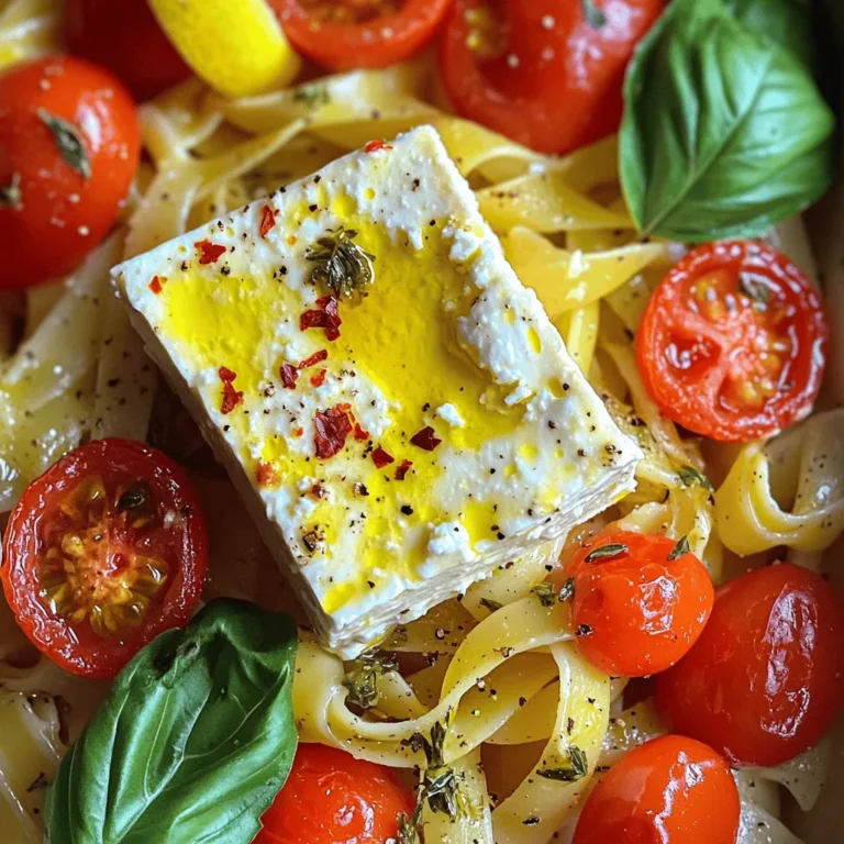 For a rich and flavorful Baked Feta Pasta, you need the following main ingredients: - 1 block (200g) of feta cheese - 300g cherry tomatoes, halved - 3 cloves garlic, finely minced These ingredients create a creamy and tangy base for your dish. The feta cheese melts beautifully, while the tomatoes add a sweet burst of flavor. Plus, the garlic gives it that aromatic kick. Now, let’s add some spice and flavor with these herbs: - 1 teaspoon dried oregano - 1 teaspoon red pepper flakes (adjust to taste for spice) - Salt and freshly ground black pepper, to taste Dried oregano brings a warm, herbal note. Red pepper flakes add a bit of heat, making the dish exciting. Always taste as you go, and adjust salt and pepper to your liking. Choosing the right pasta is key. You can use: - 300g pasta (your choice: penne, fusilli, or spaghetti) - Zest of 1 lemon (optional, for a refreshing finish) - Fresh basil leaves, for garnish Penne or fusilli works great to catch the sauce. Spaghetti is classic and fun to twirl. Lemon zest brightens the dish and gives it a fresh lift. Fresh basil adds a burst of color and flavor on top. For the full recipe, check out [Full Recipe]. First, preheat your oven to 400°F (200°C). This heat will help the feta and tomatoes cook evenly. Next, take a 9x13 inch baking dish and place the block of feta cheese in the center. Arrange the halved cherry tomatoes around the feta. This makes a bright and tasty base. In a small bowl, mix together the minced garlic, dried oregano, red pepper flakes, olive oil, salt, and pepper. Stir well to combine. Then, drizzle this mixture over the feta and tomatoes. Make sure everything gets a nice coat of flavor. Place the baking dish in the oven and bake for about 25-30 minutes. You want the feta to be soft and the tomatoes to be blistered. This step is key to making a rich sauce. While the feta and tomatoes bake, cook your pasta. Follow the package instructions to ensure it cooks properly. Aim for al dente pasta, which means it should be firm but not hard. Before you drain it, remember to reserve about 1 cup of pasta water. This water will help adjust the sauce later. When the baking time is up, carefully take the dish out of the oven. Use a fork to blend the softened feta and blistered tomatoes together. This creates a creamy sauce that’s full of flavor. Now, add the cooked pasta directly into the baking dish. Gently toss everything together so the pasta gets coated in the sauce. If the sauce seems too thick, slowly add some reserved pasta water. This will help you reach the perfect creamy texture. Serve the pasta hot, garnished with fresh basil leaves. If you want a little zing, sprinkle some lemon zest on top right before serving. Enjoy this rich and flavorful dish that’s sure to impress! For the complete recipe, refer to the Full Recipe above. To make your baked feta pasta creamy, follow these steps. First, preheat your oven to 400°F (200°C). This temperature helps the feta melt perfectly. Use a block of feta cheese, and place it in the center of your baking dish. Surround the feta with halved cherry tomatoes. The tomatoes will burst and create a tasty sauce. Mix garlic, oregano, red pepper flakes, olive oil, salt, and pepper. Pour this mix over the feta and tomatoes. Bake for about 25-30 minutes until the feta is soft. This step is key for a rich sauce. For a beautiful presentation, serve the pasta in shallow bowls or on a large dish. Drizzle some extra olive oil on top. Add whole basil leaves for color and flavor. If you want a zesty touch, sprinkle lemon zest before serving. This will add a fresh taste to the dish. Oven types can change cooking times. If you use a convection oven, check the dish a bit earlier. Altitude also affects baking. At higher altitudes, increase the baking time slightly. Keep an eye on the feta and tomatoes to ensure they cook properly. Adjusting time helps you achieve the best texture and flavor. {{image_4}} You can play with the base recipe to match your taste. Try using goat cheese or ricotta instead of feta. They add a different flavor but still work well. For a fresh twist, add seasonal veggies like zucchini or bell peppers. Toss in diced chicken or shrimp for extra protein. These swaps keep the dish exciting and fun. Elevate your baked feta pasta with herbs and spices. Fresh basil gives a nice pop, but you can also use thyme or rosemary. A sprinkle of lemon zest brightens the dish. For a bolder taste, add smoked paprika or a dash of balsamic vinegar. All these changes make the dish more flavorful and aromatic. You can easily adjust this recipe to fit your diet. To make it gluten-free, choose gluten-free pasta. For a vegan option, use tofu feta or a nut-based cheese. You can also add more veggies to make it heartier. These adjustments make the dish suitable for everyone while keeping it delicious. For the full recipe, check out Baked Feta Pasta Delight. To keep your baked feta pasta fresh, store leftovers in airtight containers. Let the pasta cool completely before sealing. Place the containers in your fridge. It will stay good for up to three days. When you’re ready to eat, take it out and enjoy your tasty meal again. To reheat baked feta pasta, use the oven or stovetop. For the oven, preheat it to 350°F (175°C). Place the pasta in a baking dish and cover it with foil. Heat for about 15-20 minutes, or until warm. If using the stovetop, add a splash of water to a pan. Heat over low heat, stirring gently until warm. This keeps the sauce creamy and delicious. You can freeze baked feta pasta if you want to save some for later. Let it cool completely, then portion it into freezer-safe containers. This way, you can grab a portion when you need it. To thaw, move it to the fridge overnight. When ready to eat, reheat it using the methods above. Just remember, the texture might change a bit after freezing, but the flavor will still shine. For the complete recipe, check out the Full Recipe. You can use many pasta shapes for baked feta pasta. I recommend: - Penne - Fusilli - Spaghetti These shapes hold onto the creamy sauce well. Penne has ridges that grab the sauce, while fusilli twists create little pockets of flavor. Spaghetti offers a classic touch but may slide off the sauce more easily. Yes, you can prepare baked feta pasta ahead of time. To meal prep, I suggest cooking the pasta and making the feta mixture. Store them separately in the fridge. Then, combine them when you’re ready to bake. This keeps the pasta from getting too soft. You can also bake it and cool it before storing. Just reheat it gently in the oven. You can adjust the spice level by using more or less red pepper flakes. For a mild dish, use just a pinch. If you love heat, add more to taste. You can also experiment with other spices like black pepper or chili powder. Just be cautious and add a little at a time. You want the flavors to balance, not overwhelm. Baked feta pasta is easy and fun to make. We covered the key ingredients, baking steps, and some great tips. You can swap ingredients based on what you like. Keep it fresh by storing leftovers properly. This dish is a hit for any meal. Don't be afraid to experiment with flavors and pasta types. Enjoy making it your own!