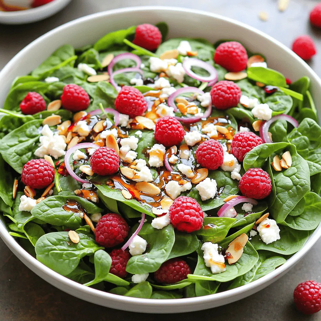 - 6 cups fresh baby spinach, thoroughly washed and dried - 1 cup ripe fresh raspberries - 1/2 cup creamy feta cheese, crumbled Fresh ingredients are key to a great salad. The baby spinach forms a vibrant base. It offers crisp texture and nutrients. The ripe raspberries add a sweet burst of flavor. Their tangy notes balance the salad perfectly. Creamy feta cheese brings richness. Its salty taste enhances the overall flavor profile. - 1/4 cup extra virgin olive oil for dressing - 2 tablespoons pure honey to sweeten - 1 tablespoon balsamic vinegar for tanginess Pantry staples create a delicious dressing. Extra virgin olive oil adds smoothness. It coats the salad and ties flavors together. Pure honey offers natural sweetness. It complements the tartness of the raspberries. Balsamic vinegar adds a sharp kick. This combination elevates the salad to new heights. - Salt - Freshly ground black pepper - Optional toppings Seasoning is vital for taste. Salt enhances each ingredient's natural flavor. Freshly ground black pepper adds warmth. You may also add optional toppings for extra crunch. Sliced almonds offer a nutty twist. This mix of flavors makes the salad delightful. Start with fresh baby spinach. Use six cups and wash them well. Dry the leaves gently to keep them crisp. Place the spinach in a large bowl; this is your salad base. Next, add one cup of ripe raspberries. Handle them carefully to keep their shape. Gently fold them into the spinach. You want to mix them without squashing the berries. Now, sprinkle 1/2 cup of creamy feta cheese over the salad. The feta adds a rich taste to the mix. Next, toss in 1/4 cup of sliced almonds. Lightly toast these for extra crunch. Finally, add 1/4 of a red onion, finely sliced. This will give your salad a zesty kick that balances the sweetness of the raspberries. In a small bowl, combine 1/4 cup of extra virgin olive oil, 2 tablespoons of pure honey, and 1 tablespoon of balsamic vinegar. Add salt and freshly ground black pepper to taste. Whisk these ingredients together until smooth. This dressing will tie all the flavors together. Drizzle the dressing over your salad mix. Use just enough to coat everything well. Toss the salad gently to avoid breaking the raspberries. Let the salad rest for a few minutes. This short wait allows the flavors to mingle. For a complete guide, check the [Full Recipe]. Serve your salad in a wide bowl. Add whole raspberries and extra feta on top for a pretty finish. Enjoy your fresh and flavorful delight! - Handling delicate raspberries: Always handle your raspberries with care. They bruise easily and can lose their shape. When adding them to the salad, place them gently on top. This keeps them whole and adds a beautiful look to your dish. - Tips for even dressing distribution: To coat your salad evenly, drizzle the dressing slowly while tossing the salad. This helps each leaf get a nice flavor without drowning them. Toss gently to keep the raspberries intact. - Presentation ideas: Serve your salad in a large, shallow bowl. This allows the colors to shine. For a pop of color, top the salad with a few whole raspberries and extra feta crumbles. It looks great and invites everyone to dig in! - Pairing with other dishes: This salad pairs well with grilled chicken or fish. The fresh flavors complement the rich taste of meats nicely. You could also serve it with a crusty bread for a light lunch. - Nutritional value of spinach and raspberries: Spinach is packed with vitamins A, C, and K. It also has iron and calcium. Raspberries offer fiber, vitamins, and antioxidants. Together, they make a healthy choice for any meal. - Benefits of feta and nuts: Feta cheese adds protein and calcium, making your salad more filling. Sliced almonds give you healthy fats and extra crunch. Including these ingredients boosts both taste and nutrition. For the complete list of ingredients and instructions, check out the Full Recipe. {{image_4}} You can switch up the cheese in your salad. Try goat cheese for a tangy kick. Or, use a sharp cheddar for a different flavor. Nuts and seeds also add crunch. Instead of sliced almonds, use walnuts or sunflower seeds. These swaps give your salad a fresh twist. Want to change the dressing? A citrus dressing brightens up the salad. Mix fresh lemon juice with olive oil for a zesty flavor. A yogurt-based dressing makes it creamy while keeping it light. Combine plain yogurt with herbs and a splash of vinegar for a tasty option. In summer, add juicy strawberries or peaches for extra sweetness. In fall, try diced apples or pears for a crisp bite. You can also toss in seasonal veggies like cucumber or bell peppers. These seasonal fruits and veggies keep your salad exciting year-round. For more ideas, check the Full Recipe and explore different flavors! Store leftovers in an airtight container. This keeps the salad fresh longer. Keep it in the fridge. Use within two days for the best taste. To keep ingredients fresh, store spinach and raspberries separately. Place spinach in a damp paper towel inside a bag. This helps avoid wilting. Raspberries should stay in their original container or a breathable one. They need air circulation to stay firm. For optimal freshness, eat the salad within two days. The spinach can last up to five days if stored well. Raspberries are best within two to three days after purchase. Signs of spoilage include wilted spinach or mushy raspberries. If you see mold or a bad smell, discard immediately. Always check your salad before eating. You can prepare the salad in advance. Wash and dry the spinach, then store it. Keep the rest of the ingredients separate. This helps maintain their freshness. When you're ready to eat, simply assemble the salad. Toss in the dressing just before serving. This keeps everything crisp and bright. Enjoy your Raspberry Spinach Delight! For the full recipe, refer to the Full Recipe section. How can I make this salad vegan-friendly? To make this salad vegan, replace feta cheese with a plant-based version. You can also use avocado for creaminess. Can I prepare the salad ahead of time? Yes, you can prep ingredients in advance. Store spinach and raspberries separately. Combine them right before serving. What is the calorie count per serving? This salad has about 220 calories per serving. It’s light yet full of flavor and nutrients. Are there any allergens to be aware of? This salad contains dairy from feta and nuts from almonds. Always check for allergies before serving. What can I substitute for feta cheese? You can use goat cheese or tofu for a dairy-free option. Both add great texture and flavor. How can I enhance the sweetness without honey? Try maple syrup or agave nectar. Both options add sweetness without using honey. Check here for the full Raspberry Spinach Delight recipe details. This blog post covered how to make a delicious Raspberry Spinach Salad. We discussed fresh ingredients, like baby spinach and raspberries, and used pantry staples for flavor. Step-by-step instructions helped you prepare the salad, dress it, and make it shine. You learned tips for perfection and found ways to vary the recipe. Remember, good food is about using quality ingredients and personal touches. Enjoy experimenting with flavors and creating your own unique twists!