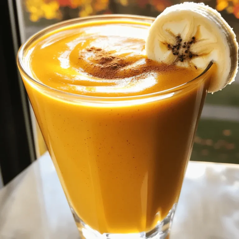 To make the Pumpkin Spice Smoothie, you need simple, fresh ingredients. Here’s what you will need: - 1 cup pumpkin puree (canned or fresh) - 1 ripe banana, frozen - 1 cup almond milk (or your preferred milk) - 1/2 teaspoon pumpkin pie spice - 1 tablespoon maple syrup (or to taste) - 1/2 teaspoon pure vanilla extract - 1/4 cup Greek yogurt (optional for added creaminess) - Ice cubes (optional, for a thicker texture) These ingredients work together to create a creamy and tasty drink. Pumpkin puree gives a rich, smooth base. The frozen banana adds natural sweetness and thickness. Almond milk keeps it light and refreshing. Pumpkin pie spice brings that cozy fall flavor. Maple syrup can sweeten it to your liking. Vanilla extract adds a warm note. Greek yogurt makes it creamy, but you can skip it if you want. Lastly, ice cubes are optional but help to make your smoothie cold and thick. Make sure you have these ingredients ready! They are key to crafting your perfect Pumpkin Spice Smoothie. You can find the complete steps to make it in the Full Recipe. First, gather all your ingredients. You will need: - 1 cup pumpkin puree (canned or fresh) - 1 ripe banana, frozen - 1 cup almond milk (or your preferred milk) - 1/2 teaspoon pumpkin pie spice - 1 tablespoon maple syrup (or to taste) - 1/2 teaspoon pure vanilla extract - 1/4 cup Greek yogurt (optional for added creaminess) In a high-powered blender, combine the pumpkin puree, frozen banana, almond milk, pumpkin pie spice, maple syrup, vanilla extract, and Greek yogurt if you want a creamier texture. Make sure to measure each ingredient carefully. This step is key for the best flavor. Next, blend all the ingredients on high speed. Blend until the mixture is smooth and creamy. If you notice some ingredients stuck to the sides, stop the blender. Use a spatula to scrape those down. Blend again until you achieve a perfect consistency. Now, let's make it just right for you. If you like a thicker smoothie, add some ice cubes. Blend again until it's nice and thick. After that, taste your smoothie. If you want it sweeter, stir in more maple syrup. This step makes sure your Pumpkin Spice Smoothie is just how you like it. For the full recipe, check out the details I've provided earlier. To make your pumpkin spice smoothie just right, adjust the sweetness. You can add more maple syrup if you like it sweeter. If you want to try different sweeteners, honey or agave syrup works well. Each sweetener adds its own twist, so feel free to experiment. Garnishing makes your smoothie look beautiful. Add a cinnamon stick for a rustic touch. A dollop of whipped cream on top adds creaminess and charm. You can sprinkle a little pumpkin pie spice on the cream for style. These simple touches can impress your guests! Choosing the right blender matters. A high-powered blender gives a smooth and creamy texture. It blends all ingredients evenly, which is key for this recipe. A standard blender can work, but you may need to blend longer. If you want the best results, invest in a high-powered blender. {{image_4}} If you want a dairy-free pumpkin spice smoothie, it's easy! Just swap Greek yogurt for a dairy-free option. You can use almond yogurt, coconut yogurt, or soy yogurt. These alternatives keep your smoothie creamy and delicious while making it suitable for everyone. You don’t have to stick with pumpkin pie spice. Try using chai spice for a warm, cozy flavor. You can also use cinnamon for a simpler taste. Both options give your smoothie a unique twist. Experiment to find your favorite mix! Boost your smoothie’s nutrition by adding protein. You can use protein powder for a quick fix. Alternatively, try nut butter like almond or peanut butter. This addition makes your drink filling and satisfying, perfect for a meal on the go. For the full recipe, check the section above for all the tasty details! To keep your pumpkin spice smoothie fresh, store it in an airtight container. Place it in the fridge if you plan to enjoy it within a day or two. If you want to save it for longer, freezing is a great option. Pour the smoothie into an ice cube tray or a freezer-safe container. This method makes it easy to thaw just what you need. In the fridge, your pumpkin spice smoothie stays fresh for about 2 days. After that, it may lose its flavor and texture. Always check for any off smells or changes in color before drinking. If you freeze it, it can last up to 3 months without losing its yummy taste. When you're ready to enjoy your frozen smoothie, take it out of the freezer. Let it sit in the fridge overnight to thaw. If you're in a hurry, you can use a microwave. Heat it on low power for short bursts. Stir well between each burst to ensure even warming. After thawing, give it a quick blend to restore its creamy texture. Enjoy your delightful drink any time! For the full recipe, check out the ingredients and steps! Pumpkin spice has great health benefits. The key ingredients in this smoothie add nutrition. - Pumpkin puree: Packed with vitamins A and C, it boosts your immune system. - Banana: Offers potassium for heart health and energy. - Almond milk: Low in calories, it's a great dairy-free option. - Greek yogurt: Provides protein for muscle health. - Maple syrup: A natural sweetener that gives you some antioxidants. Together, these ingredients make a tasty and healthy drink. You get vitamins, minerals, and good taste all in one. Yes, you can make this smoothie ahead of time! Here are some tips: - Prep: Blend all the ingredients as per the Full Recipe. - Store: Put the smoothie in an airtight container. It can stay fresh in the fridge for up to 24 hours. - Reheat: If you want it cold, just pour it into a glass and enjoy. For a warm drink, gently heat it in a saucepan. Stir it well to keep it smooth. This makes it easy to grab a tasty drink when you need it! Absolutely! This smoothie is great for kids. - Taste: The sweet banana and maple syrup make it delicious. Kids love sweet flavors. - Nutrition: It packs vitamins and protein, which are good for growing bodies. You can even let them help in the kitchen. They can add ingredients and watch the blender. It's a fun way to teach them about healthy eating! This blog post shared a simple pumpkin spice smoothie recipe. You learned about the ingredients and step-by-step instructions to make it. I also provided tips for enhancing flavor and creative presentation ideas. Don't forget about variations for dietary needs and extra nutrition. Finally, you saw how to store this delicious drink for later. Enjoy making this smoothie. It’s a tasty and healthy choice that everyone can love.
