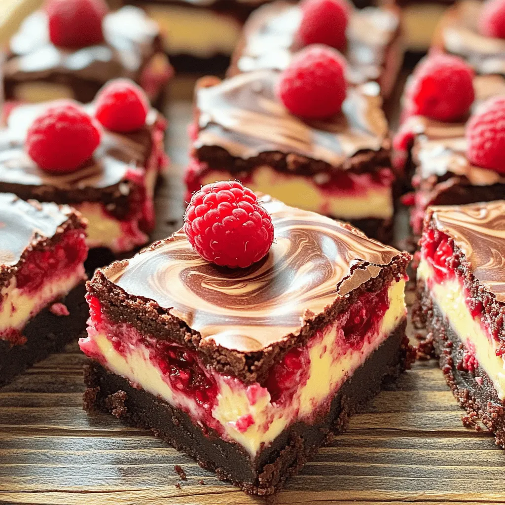 - 1 cup unsalted butter, melted - 2 cups granulated sugar - 4 large eggs - 1 teaspoon vanilla extract - 1 cup all-purpose flour - 1/2 cup unsweetened cocoa powder - 1/2 teaspoon salt - 8 oz cream cheese, softened to room temperature - 1/2 cup powdered sugar - 1/2 cup fresh raspberries (plus additional for garnish) - 9x13-inch baking pan - Mixing bowls - Whisk and spatula - Toothpick or knife for swirling For the perfect raspberry cheesecake brownies, gather these ingredients. The butter is crucial for a rich brownie base. Sugar adds sweetness and helps with texture. Eggs act as a binder, giving structure to your brownies. Vanilla enhances all flavors, while flour and cocoa powder give the brownies a lovely chocolate taste. In the cheesecake layer, softened cream cheese creates a smooth texture. Powdered sugar adds sweetness without grittiness. Fresh raspberries give a burst of fruitiness and color. Make sure to have a 9x13-inch baking pan ready. It helps keep the brownies even and allows for easy slicing. Mixing bowls, a whisk, and spatula will help you combine all the ingredients smoothly. Finally, a toothpick or knife makes swirling the cheesecake and raspberries into the brownie mix easy. For the full recipe, check out the next section! - Preheat the oven to 350°F (175°C). - Prepare your baking pan by greasing it or lining it with parchment paper. - In a bowl, combine melted butter and sugar. Whisk until smooth. - Add eggs one at a time, mixing well after each addition. Then, stir in the vanilla extract. - Sift the flour, cocoa powder, and salt in another bowl. Gradually fold these dry ingredients into the wet mixture. Mix gently to avoid overmixing. - In a separate bowl, beat cream cheese with powdered sugar until it’s smooth. - Pour half of the brownie batter into your prepared pan. Spread it evenly. - Drop spoonfuls of the cream cheese mixture on top of the brownie layer. Add fresh raspberries on top. - Use a knife or toothpick to swirl the cream cheese and raspberries into the brownie batter. Keep some distinct layers visible. - Pour the remaining brownie batter over the top, spreading it evenly. - Bake in the preheated oven for 30-35 minutes. Check doneness with a toothpick; it should have a few moist crumbs but no wet batter. - Let the brownies cool in the pan for at least 15 minutes. If you used parchment paper, lift them out for even cooling on a wire rack. Allow them to cool completely before cutting. Enjoy every rich, creamy, and fruity bite! For the full recipe, check the recipe section. To make the best brownies, avoid overmixing your batter. When you mix too much, brownies can become tough. Stir just until you see no dry flour. This keeps them soft and fudgy. To check if your brownies are done, use a toothpick. Insert it into the center. If it comes out with a few moist crumbs, your brownies are ready. You can boost the flavor of your brownies by adding chocolate chips. This extra richness makes each bite even more delicious. Don't stop at chocolate chips! Try using different berries too. Strawberries or blueberries can add fun flavors and colors to your dessert. How you serve your brownies can make them look even better. Garnish each piece with fresh raspberries. This adds a pop of color and makes your dessert more appealing. For an extra treat, serve with a dollop of whipped cream on top. This creamy addition pairs well with the tart raspberries. If you want the full details, check the Full Recipe for more tips! {{image_4}} You can change the flavor of these brownies easily. Try using strawberries instead of raspberries. The taste will be sweet and fruity. You can also use white chocolate in the cheesecake layer. This adds a creamy richness that pairs well with the tartness of the berries. If you want a gluten-free treat, you can swap out the all-purpose flour. Use almond flour or a gluten-free blend instead. This keeps the brownies soft and tasty while avoiding gluten. For a vegan version, you can use flax eggs in place of regular eggs. Mix one tablespoon of ground flaxseed with three tablespoons of water for each egg. Also, pick a dairy-free cream cheese alternative for the cheesecake layer. This way, everyone can enjoy these brownies! You can find the full recipe for Raspberry Cheesecake Brownies [here](#). To keep your raspberry cheesecake brownies fresh, place them in an airtight container. You can store them at room temperature for up to three days. If you want them to last longer, refrigerate them. This will help keep the flavors bright and the texture just right. You can freeze these brownies for up to three months. First, cut them into squares and wrap each piece tightly in plastic wrap. Then, place them in a freezer-safe bag or container. When you want to enjoy a brownie, simply thaw it in the refrigerator overnight before serving. This way, you can savor their delicious taste again! If you enjoy warm brownies, you can reheat them. For the best results, warm them in the microwave for about 10-15 seconds. Alternatively, you can place them in the oven at a low temperature for a few minutes. This will bring back their gooey texture and make the flavors pop. For the complete recipe, check out the [Full Recipe]. Yes, but adjust baking time slightly as frozen berries may add moisture. When using frozen raspberries, bake your brownies for a few extra minutes. This extra time helps the brownies set properly. Remember to fold the frozen raspberries gently into your batter. This way, they won't break apart too much. Insert a toothpick; it should come out with a few moist crumbs. I check my brownies at the 30-minute mark. If the toothpick comes out clean, they're overbaked. A few crumbs mean they are just right. The center will continue to firm up a bit as they cool. Yes, use a larger pan and adjust the baking time accordingly. When you double the recipe, I suggest using a 12x18-inch pan. This size gives the brownies enough space to bake evenly. Keep an eye on the baking time. You may need to add 5 to 10 more minutes. Always check with a toothpick to be sure! Raspberry cheesecake brownies combine rich flavors and fun textures. You start with a buttery cocoa base. Next, you layer a creamy cheesecake mixture with fresh raspberries. I shared tips for achieving the perfect brownie texture, enhancing flavors, and ideas for presentation. You can even experiment with different varieties or make them gluten-free or vegan. Remember, enjoy every bite and share with friends! Try out this recipe and get creative. Happy baking!