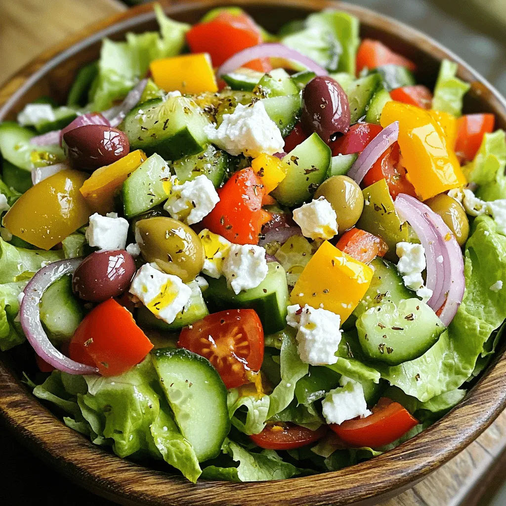 - Fresh Romaine lettuce - Ripe tomatoes - Cucumbers - Kalamata olives - Feta cheese - Extra virgin olive oil - Red wine vinegar or lemon juice - Dried oregano - Salt and pepper to taste - Aim for about 1.5 cups per serving. - Scale up by multiplying ingredients for larger groups. When I craft a Classic Greek Salad, I focus on fresh, high-quality ingredients. The Romaine lettuce forms a crisp base. I love using ripe tomatoes for a juicy bite. Cucumbers add crunch and freshness. Kalamata olives bring a briny richness. Feta cheese gives a creamy texture and tang. For the dressing, I mix extra virgin olive oil with red wine vinegar. You can also use lemon juice for a bright touch. Dried oregano adds that authentic flavor. Finish with a sprinkle of salt and pepper to taste. When serving, I recommend about 1.5 cups per person. If you have more guests, simply multiply the ingredients. This way, everyone gets a taste of this fresh and flavorful delight. For the full recipe, check out the details above. Start by choosing a large, attractive salad bowl. This will showcase your fresh ingredients. I like to use a clear glass bowl. It makes the colors pop! Next, layer the chopped Romaine lettuce at the bottom. This crisp lettuce forms the base of your salad. Now, it’s time to add the vegetables. Begin with the cucumber. Slice it into half-moon shapes for great texture. Then, chop the tomatoes into medium cubes. Their juicy flavor is a must! Add the bell pepper, cutting it into bite-sized chunks. Each vegetable adds color and taste to your dish. Once your base is set, layer in the Kalamata olives. Their briny taste enhances the salad. Next, crumble the feta cheese over the top. It adds creaminess that pairs perfectly with the veggies. Now, let’s make the dressing. In a small bowl, mix the extra virgin olive oil, red wine vinegar, and oregano. Add salt and pepper to taste. Whisk until it becomes smooth and golden. Drizzle the dressing over the salad. Use salad tongs to gently toss everything together. This helps blend the flavors without breaking the feta too much. Taste the salad to see if it needs more salt or pepper. If you want a stronger flavor, adjust it now. For the best experience, serve the salad right away. You can also chill it for 15 minutes. This allows the flavors to marry beautifully. Enjoy your Classic Greek Salad, fresh and flavorful! For the complete recipe, check [Full Recipe]. To make a Classic Greek Salad, quality matters. Use the best feta and olives. Feta brings creaminess, while olives add a briny zest. I recommend brands like Dodoni for feta and Kalamata olives from the Greek Isles. These choices ensure you capture true Greek taste. Pair your salad with warm pita bread for a classic touch. Grilled meats, like chicken or lamb, also complement the fresh flavors. For a stunning presentation, serve in chilled bowls. A sprig of fresh oregano or extra feta crumbles on top looks fabulous. Avoid overdressing your salad. Too much dressing masks the fresh ingredients. Use just enough to coat them lightly. Also, be careful when preparing vegetables. Cut them evenly for the best texture and taste. Big chunks can ruin the bite, while too-small pieces may get lost. {{image_4}} You can make your Greek salad unique by adding proteins. Grilled chicken or chickpeas give a nice boost. They add heartiness and flavors that mix well. You can also explore alternative dressings. Try a honey mustard or a spicy yogurt dressing. These options can change the taste and make it exciting. In spring and summer, you can add fresh herbs like basil or mint. They bring a bright, refreshing flavor to your salad. You might also try adding ripe avocados for creaminess. During winter, consider warming things up. You can add roasted vegetables like sweet potatoes or bell peppers. These additions create a cozy, comforting version of the Greek salad. If you're vegan, you can swap the feta cheese. Look for vegan feta or use avocado slices for creaminess. These options still keep the salad delicious. For gluten-free choices, be sure to check the labels of your ingredients. Most fresh veggies and olives are naturally gluten-free. This way, everyone can enjoy your Greek salad! For the [Full Recipe], check the ingredients list earlier in this article. To keep your Greek salad fresh, store it in an airtight container. This prevents moisture loss and keeps flavors intact. If you mix your salad, it lasts about one day in the fridge. If you keep the ingredients separate, they can last up to three days. This way, you enjoy crisp veggies and creamy feta longer. Can you freeze Greek salad? It’s not recommended. The veggies become soggy when thawed. However, you can freeze the dressing. Pour it into ice cube trays. Once frozen, store the cubes in a bag. This way, you have dressing ready for your next salad. To refresh a chilled salad before serving, bring it to room temperature. Take it out of the fridge about 15 minutes before serving. Toss it gently to mix the flavors again. This helps restore the salad's vibrant taste, making it a delightful dish every time. Greek salad has roots in the Mediterranean. It celebrates fresh, local ingredients. This dish reflects the Greek way of life, which values simplicity and freshness. Traditionally, it features tomatoes, cucumbers, and olives. Feta cheese is a key part, adding rich flavor. The salad symbolizes Greek culture and hospitality. In Greece, it's common to enjoy this salad with meals. Each bite offers a taste of the land and sea. Yes, you can prepare Greek salad ahead of time! To do this, chop your veggies early in the day. Store them in a bowl, but keep the dressing separate. This way, your salad stays crisp and fresh. Combine the salad and dressing just before serving. If you want to enhance the flavors, let it chill for 15 minutes. This allows the tastes to blend nicely. If you need a feta cheese substitute, try goat cheese or queso fresco. Both options offer creamy textures and tangy flavors. For a vegan option, use tofu or cashew cheese. These alternatives can mimic the taste of feta without dairy. When using substitutes, adjust the seasoning to enhance the overall flavor. Feel free to experiment and find the best fit for your palate. For a full recipe, check out the Mediterranean Delight: Classic Greek Salad 🥗! In this post, we explored the essentials for making a Classic Greek Salad. I covered the key ingredients, from fresh veggies to feta cheese, and shared step-by-step instructions for perfect preparation. We discussed tips for authentic flavor and avoided common mistakes. Remember, customize your salad to fit your taste and season. Store it properly to keep it fresh, and don't hesitate to experiment with variations. A delicious Greek Salad can be simple, healthy, and exciting. Enjoy creating this timeless dish!