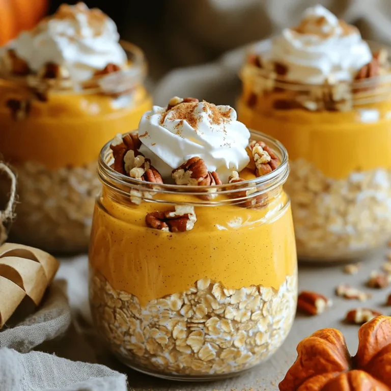 To make Easy Pumpkin Pie Overnight Oats, you need a few key items. Gather these ingredients: - 1 cup rolled oats - 1 cup almond milk (or any milk of your choice) - 1/2 cup canned pumpkin puree - 2 tablespoons pure maple syrup - 1/2 teaspoon pumpkin pie spice (a blend of cinnamon, nutmeg, and ginger) - 1/4 teaspoon pure vanilla extract - A pinch of salt These ingredients create a creamy and tasty base for your oats. You can make your oats even better with some fun toppings. Here are some ideas: - Chopped pecans for a crunch - Toasted coconut flakes for sweetness - A swirl of whipped cream for richness - A sprinkle of ground cinnamon for extra spice Feel free to mix and match these toppings to fit your taste. Using the right tools makes cooking easier. Here’s what you need for this recipe: - A medium mixing bowl for combining ingredients - A spoon or spatula to mix everything well - Jars or sealable containers for soaking the oats Having these tools ready ensures a smooth cooking experience. You can find the full recipe in the main article. To make Easy Pumpkin Pie Overnight Oats, you need just a few steps. Start by gathering your ingredients. You will need rolled oats, almond milk, pumpkin puree, maple syrup, and spices. This recipe takes about 10 minutes to prep. It is perfect for busy mornings. In a medium bowl, combine 1 cup of rolled oats and 1 cup of almond milk. Stir well with a spoon until all the oats soak in the milk. Next, add 1/2 cup of canned pumpkin puree. Pour in 2 tablespoons of pure maple syrup and 1/2 teaspoon of pumpkin pie spice. Add 1/4 teaspoon of pure vanilla extract and a pinch of salt. Mix everything until smooth. You want all the flavors to blend well. Now, divide the mixture into two jars or containers. Make sure they are filled evenly. Seal the jars tightly with lids or cover them with plastic wrap. Place the jars in the fridge overnight. If you are short on time, let them soak for at least 4 hours. This helps the oats absorb the flavors. The next morning, stir the oats again. If they are too thick, add a splash of milk for a creamier texture. You can find the full recipe in the recipe section. Enjoy your tasty breakfast! To get the best creamy texture, always use rolled oats. They soak up the milk well. Mix the oats and milk thoroughly. This helps prevent clumps. If your oats seem thick the next day, add a splash of milk. Stir it well before serving. This keeps every bite smooth and tasty. Let your oats sit overnight. This allows the flavors to blend fully. If you are in a rush, four hours is the minimum. However, overnight is best. The pumpkin and spices infuse nicely during this time. You can even make a batch at the start of the week. This way, you have a quick breakfast ready. Serve your overnight oats in cute jars. This makes them fun to eat. Top with chopped pecans or toasted coconut for crunch. A swirl of whipped cream adds a nice touch too. You can also sprinkle extra cinnamon on top for a warm flavor. Enjoy this cozy meal any day! For the Full Recipe, check the other sections. {{image_4}} You can make your pumpkin pie overnight oats even better with fun flavors. Try adding nuts like walnuts or pecans for crunch. Dried fruits such as raisins or cranberries add sweetness. You can also sprinkle some chocolate chips on top for a treat. Each bite will feel special with these tasty extras. If you want a dairy-free meal, use almond milk or oat milk. Both give a nice creamy texture. You can also choose coconut yogurt instead of regular yogurt. This keeps your oats rich and flavorful for a vegan option. Adjust the sweetener to fit your taste, such as using agave syrup for a plant-based choice. Maple syrup works great, but you can switch things up. Honey is another tasty choice if you are not vegan. Try using brown sugar for a deeper flavor. You can even use stevia or monk fruit for a low-calorie option. Each sweetener will give a unique twist to your overnight oats. For the full recipe, check out the details above. To keep your Easy Pumpkin Pie Overnight Oats fresh, store them in airtight jars. Glass or BPA-free plastic containers work best. Make sure the jars are sealed well to avoid spills or air getting in. This helps maintain the creamy texture and flavor. These oats last in the fridge for up to five days. Just remember to stir them before eating. If they seem too thick, add a splash of milk. You can eat them cold or warm them in the microwave. Heat them for about 30 seconds to 1 minute, stirring halfway through. You can freeze these oats for future breakfasts. Use freezer-safe containers and leave some space at the top for expansion. They can last up to three months in the freezer. To eat, thaw them in the fridge overnight and stir before serving. This way, you always have a tasty meal ready to go. For the full recipe, check out [Full Recipe]. You can use quick oats, but the texture will change. Quick oats cook faster and absorb more liquid. This may make your oats mushier. I recommend rolled oats for a creamier, firmer bite. These oats stay fresh for about 3 to 5 days in the fridge. Make sure to store them in a sealed container. This keeps them from drying out or absorbing unwanted odors. Absolutely! You can add different spices or sweeteners. Try replacing pumpkin pie spice with cinnamon or nutmeg. You can also mix in chocolate chips or dried fruits like raisins or cranberries for extra flavor. Yes, you can use any milk you like. Almond milk, soy milk, or oat milk all work well. Each type of milk will give a different taste. Experiment to find your favorite. Yes! This recipe is perfect for meal prep. You can make a batch on Sunday and enjoy it all week. Simply store it in individual jars for easy grab-and-go meals. I love topping my oats with chopped pecans or toasted coconut. A swirl of whipped cream adds a nice touch, too. You can also sprinkle some cinnamon or nutmeg on top for extra flavor. Yes, this recipe is already vegan if you use plant-based milk and syrup. Just make sure your toppings are also vegan-friendly. To make it gluten-free, use certified gluten-free rolled oats. Many oats may contain traces of gluten, so check the package carefully. You can heat them if you prefer a warm breakfast. Just microwave them for about 30 seconds to 1 minute. Stir well to ensure even heating. If you don’t have maple syrup, you can use honey or agave syrup. Adjust the amount to taste, as different sweeteners can vary in sweetness. For the full recipe, check out the complete guide! In this blog post, we explored essential ingredients, modifications, and tools for making overnight oats. I shared step-by-step instructions for preparation and tips for the perfect texture. We also discussed various flavor options and smart storage practices. Remember, you can customize your oats to fit your taste. Enjoy experimenting with ingredients to find your favorite combination. With these tips, you'll make tasty and healthy overnight oats every time, keeping breakfast fun and easy!