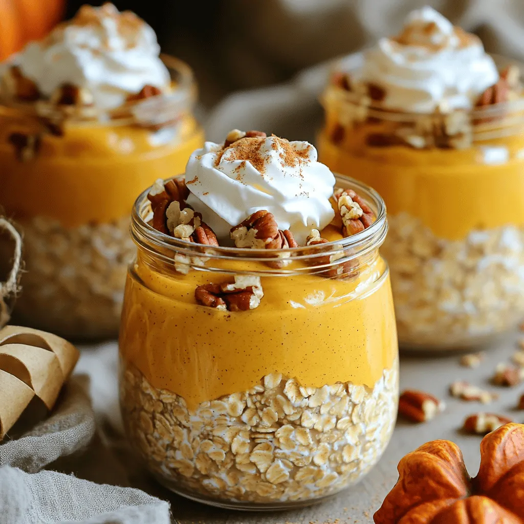 To make Easy Pumpkin Pie Overnight Oats, you need a few key items. Gather these ingredients: - 1 cup rolled oats - 1 cup almond milk (or any milk of your choice) - 1/2 cup canned pumpkin puree - 2 tablespoons pure maple syrup - 1/2 teaspoon pumpkin pie spice (a blend of cinnamon, nutmeg, and ginger) - 1/4 teaspoon pure vanilla extract - A pinch of salt These ingredients create a creamy and tasty base for your oats. You can make your oats even better with some fun toppings. Here are some ideas: - Chopped pecans for a crunch - Toasted coconut flakes for sweetness - A swirl of whipped cream for richness - A sprinkle of ground cinnamon for extra spice Feel free to mix and match these toppings to fit your taste. Using the right tools makes cooking easier. Here’s what you need for this recipe: - A medium mixing bowl for combining ingredients - A spoon or spatula to mix everything well - Jars or sealable containers for soaking the oats Having these tools ready ensures a smooth cooking experience. You can find the full recipe in the main article. To make Easy Pumpkin Pie Overnight Oats, you need just a few steps. Start by gathering your ingredients. You will need rolled oats, almond milk, pumpkin puree, maple syrup, and spices. This recipe takes about 10 minutes to prep. It is perfect for busy mornings. In a medium bowl, combine 1 cup of rolled oats and 1 cup of almond milk. Stir well with a spoon until all the oats soak in the milk. Next, add 1/2 cup of canned pumpkin puree. Pour in 2 tablespoons of pure maple syrup and 1/2 teaspoon of pumpkin pie spice. Add 1/4 teaspoon of pure vanilla extract and a pinch of salt. Mix everything until smooth. You want all the flavors to blend well. Now, divide the mixture into two jars or containers. Make sure they are filled evenly. Seal the jars tightly with lids or cover them with plastic wrap. Place the jars in the fridge overnight. If you are short on time, let them soak for at least 4 hours. This helps the oats absorb the flavors. The next morning, stir the oats again. If they are too thick, add a splash of milk for a creamier texture. You can find the full recipe in the recipe section. Enjoy your tasty breakfast! To get the best creamy texture, always use rolled oats. They soak up the milk well. Mix the oats and milk thoroughly. This helps prevent clumps. If your oats seem thick the next day, add a splash of milk. Stir it well before serving. This keeps every bite smooth and tasty. Let your oats sit overnight. This allows the flavors to blend fully. If you are in a rush, four hours is the minimum. However, overnight is best. The pumpkin and spices infuse nicely during this time. You can even make a batch at the start of the week. This way, you have a quick breakfast ready. Serve your overnight oats in cute jars. This makes them fun to eat. Top with chopped pecans or toasted coconut for crunch. A swirl of whipped cream adds a nice touch too. You can also sprinkle extra cinnamon on top for a warm flavor. Enjoy this cozy meal any day! For the Full Recipe, check the other sections. {{image_4}} You can make your pumpkin pie overnight oats even better with fun flavors. Try adding nuts like walnuts or pecans for crunch. Dried fruits such as raisins or cranberries add sweetness. You can also sprinkle some chocolate chips on top for a treat. Each bite will feel special with these tasty extras. If you want a dairy-free meal, use almond milk or oat milk. Both give a nice creamy texture. You can also choose coconut yogurt instead of regular yogurt. This keeps your oats rich and flavorful for a vegan option. Adjust the sweetener to fit your taste, such as using agave syrup for a plant-based choice. Maple syrup works great, but you can switch things up. Honey is another tasty choice if you are not vegan. Try using brown sugar for a deeper flavor. You can even use stevia or monk fruit for a low-calorie option. Each sweetener will give a unique twist to your overnight oats. For the full recipe, check out the details above. To keep your Easy Pumpkin Pie Overnight Oats fresh, store them in airtight jars. Glass or BPA-free plastic containers work best. Make sure the jars are sealed well to avoid spills or air getting in. This helps maintain the creamy texture and flavor. These oats last in the fridge for up to five days. Just remember to stir them before eating. If they seem too thick, add a splash of milk. You can eat them cold or warm them in the microwave. Heat them for about 30 seconds to 1 minute, stirring halfway through. You can freeze these oats for future breakfasts. Use freezer-safe containers and leave some space at the top for expansion. They can last up to three months in the freezer. To eat, thaw them in the fridge overnight and stir before serving. This way, you always have a tasty meal ready to go. For the full recipe, check out [Full Recipe]. You can use quick oats, but the texture will change. Quick oats cook faster and absorb more liquid. This may make your oats mushier. I recommend rolled oats for a creamier, firmer bite. These oats stay fresh for about 3 to 5 days in the fridge. Make sure to store them in a sealed container. This keeps them from drying out or absorbing unwanted odors. Absolutely! You can add different spices or sweeteners. Try replacing pumpkin pie spice with cinnamon or nutmeg. You can also mix in chocolate chips or dried fruits like raisins or cranberries for extra flavor. Yes, you can use any milk you like. Almond milk, soy milk, or oat milk all work well. Each type of milk will give a different taste. Experiment to find your favorite. Yes! This recipe is perfect for meal prep. You can make a batch on Sunday and enjoy it all week. Simply store it in individual jars for easy grab-and-go meals. I love topping my oats with chopped pecans or toasted coconut. A swirl of whipped cream adds a nice touch, too. You can also sprinkle some cinnamon or nutmeg on top for extra flavor. Yes, this recipe is already vegan if you use plant-based milk and syrup. Just make sure your toppings are also vegan-friendly. To make it gluten-free, use certified gluten-free rolled oats. Many oats may contain traces of gluten, so check the package carefully. You can heat them if you prefer a warm breakfast. Just microwave them for about 30 seconds to 1 minute. Stir well to ensure even heating. If you don’t have maple syrup, you can use honey or agave syrup. Adjust the amount to taste, as different sweeteners can vary in sweetness. For the full recipe, check out the complete guide! In this blog post, we explored essential ingredients, modifications, and tools for making overnight oats. I shared step-by-step instructions for preparation and tips for the perfect texture. We also discussed various flavor options and smart storage practices. Remember, you can customize your oats to fit your taste. Enjoy experimenting with ingredients to find your favorite combination. With these tips, you'll make tasty and healthy overnight oats every time, keeping breakfast fun and easy!