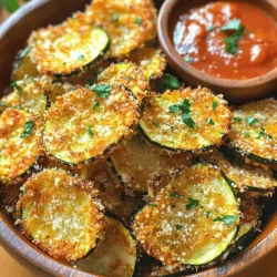 - Zucchini: Use 2 medium zucchinis. Choose firm ones with a shiny skin. Avoid soft spots. Fresh zucchinis create the best texture. - Breadings: You need 1 cup of panko breadcrumbs. Panko gives a light and crispy texture. Pair it with 1/2 cup of freshly grated Parmesan cheese. This cheese adds a rich flavor and enhances browning. - Seasonings: Garlic powder, Italian seasoning, and smoked paprika are key. Use 1 teaspoon of garlic powder for a savory boost. The Italian seasoning adds herbs, and 1/2 teaspoon of smoked paprika gives a nice warmth. Don’t forget salt and pepper to taste; they balance the flavors. - Other cheeses: You can use cheddar or mozzarella for a different taste. Each cheese brings its unique flavor to the dish. - Additional spices: Feel free to add cayenne for heat or cumin for an earthy tone. These options let you personalize your chips to your liking. For the full recipe, check out the details above. First, preheat your oven to 425°F (220°C). This high heat helps the chips become crispy. Next, line your baking sheet with parchment paper. This makes cleanup easy and helps prevent sticking. Now, rinse the zucchinis under cold water. Slice them into thin rounds, about 1/8 inch thick. Make sure they are even so they cook well. After slicing, use a paper towel to pat them dry. This step is crucial because it removes extra moisture, allowing the chips to crisp nicely. In a shallow bowl, mix together the panko breadcrumbs, freshly grated Parmesan cheese, garlic powder, Italian seasoning, smoked paprika, and a pinch of salt and pepper. Stir well until everything is combined. This mix adds great flavor and crunch! In another bowl, crack one egg and beat it until well mixed. Then, whisk in the extra virgin olive oil until it's all blended. Take each zucchini slice and dip it into the egg mixture. Let any excess drip off. After that, press it into the panko-Parmesan mix. Make sure it’s coated well by gently pressing down. Arrange the breaded zucchini chips in a single layer on the lined baking sheet. Leave space between each chip for even baking. Now, bake in the preheated oven for 20-25 minutes. Flip the chips halfway through. This ensures they turn golden brown and get crispy all over. When the chips are done, remove them from the oven. Let them cool for a few minutes on the baking sheet. This step helps them get even crispier. Enjoy making these crispy Parmesan zucchini chips! For the full recipe, check out the details I provided earlier. To make your zucchini chips truly crispy, start by drying the slices well. After cutting them, lay the rounds on paper towels. Pat them gently to soak up moisture. This step is key for crispiness. Set your oven to 425°F (220°C). This high heat helps the chips get golden and crunchy. Make sure your baking sheet is lined with parchment paper. This will prevent sticking and make clean-up easy. Presentation can add fun to your dish. Serve the chips in a cone-shaped paper holder or a rustic wooden bowl. Sprinkle fresh parsley on top for color. Pair your chips with a small bowl of marinara sauce. This dipping sauce complements the flavors nicely. One common mistake is overcrowding the baking sheet. If the chips are too close, they won't crisp up well. Leave space between each slice. Another mistake is not using enough seasoning. Be generous with the garlic powder and other spices. A well-seasoned chip tastes better and satisfies your taste buds. Enjoy the full recipe to guide you through every step! {{image_4}} Baking zucchini chips is a great choice. It cuts down on fat and calories. When you bake them, you still get that nice crunch. Frying adds extra oil, which can increase calories. If you want a crispier chip, baking is the way to go. If you need a gluten-free option, use ground almonds or cornmeal instead of panko. They add a nice crunch, too. You can also try crushed rice cereal for a unique twist. You can spice up your zucchini chips with various flavors. Try adding cayenne pepper or cumin to the panko mix. This gives your chips a warm kick. Fresh herbs like parsley or thyme work well too. Mixing them into the breading adds freshness. For cheese lovers, experiment with different cheese blends. Using sharp cheddar or a mix of mozzarella and Parmesan creates great taste. This can make your chips even more flavorful. Use seasonal ingredients to enhance your chips. In summer, add fresh basil or dill to the breading. These herbs brighten the dish. In fall, try adding pumpkin spice for a fun twist. You can even slice up other veggies, like carrots or sweet potatoes, and bake them alongside the zucchini. With these variations, you can make Crispy Parmesan Zucchini Chips a snack for any season. For the full recipe, check out the details provided earlier. To keep your crispy zucchini chips fresh, store them in an airtight container. Place a paper towel inside to absorb moisture. This method helps maintain their crunch. Refrigerate the container. For best results, eat them within three days. When you are ready to enjoy the leftovers, reheat them in the oven. Set your oven to 375°F (190°C). Bake for about 10 minutes. This will revive their crispiness. Avoid the microwave, as it can make them soggy. If you want to save your chips for later, you can freeze them. Lay the baked zucchini chips in a single layer on a baking sheet. Freeze them for about two hours until solid. Then, transfer them to a freezer bag. Make sure to remove as much air as you can. Label the bag with the date. To reheat frozen zucchini chips, preheat your oven to 375°F (190°C). Bake for 15-20 minutes until they are hot and crispy again. Crispy Parmesan zucchini chips can last in the fridge for up to three days. In the freezer, they can stay good for about one month. Always check for signs of spoilage before eating. You can dip these tasty chips in many fun sauces. Marinara sauce adds a nice twist. It's rich and pairs well with the crispy chips. Ranch dressing is another great choice. It's cool and creamy, which balances the crunch. You can also try tzatziki. This dip is fresh and full of flavor, making it a hit. Experiment with your favorite dips to find the perfect match for you! Yes, you can switch up the cheese! Cheddar cheese brings a sharp taste that many love. Mozzarella offers a milder flavor and a gooey texture. For a tangy kick, try feta. It crumbles nicely and adds a unique twist. Remember, each cheese gives its own flavor. Feel free to mix cheeses for a fun taste adventure! To keep your chips crispy, avoid moisture. After slicing, pat the zucchini dry with paper towels. This step helps remove extra water. Store the chips in an airtight container with paper towels. This keeps them dry. When reheating, use an oven or air fryer. This way, they stay crispy, not soggy! These chips are great for parties or as snacks. Serve them in a cute bowl or on a platter. Add fresh herbs on top for a pop of color. You can also set out a variety of dips. This lets guests choose their favorites. For a fun touch, use a cone-shaped holder. It makes for a charming display! For the full recipe, check below. These Crispy Parmesan Zucchini Chips are easy to make and delicious. You learned about essential ingredients, like zucchini, panko, and spices. I shared step-by-step instructions for preparing and baking them to perfection. Remember to dry your zucchini slices for the best crunch. Feel free to mix in other cheeses and spices for your taste. Enjoy your tasty, healthy snack!