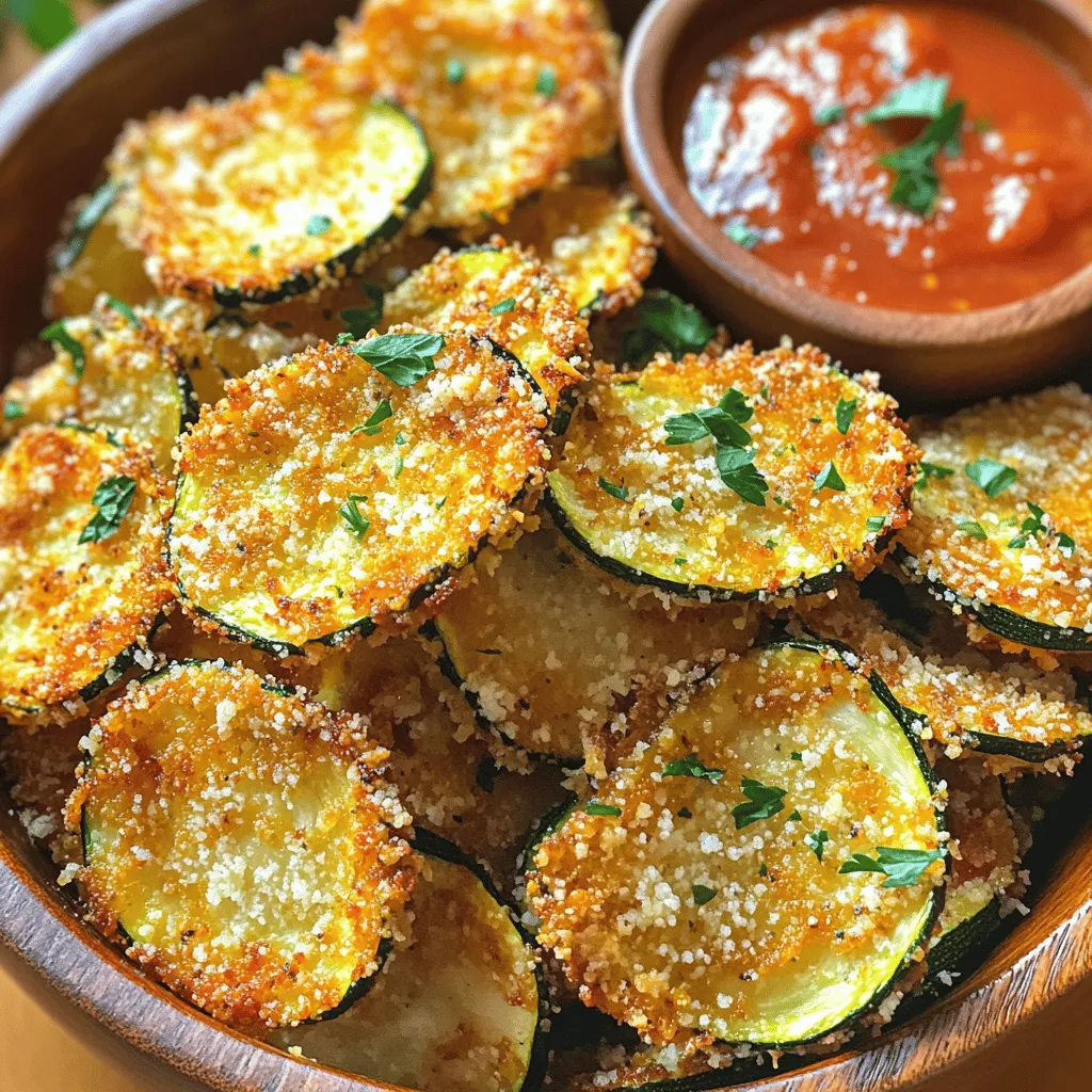 - Zucchini: Use 2 medium zucchinis. Choose firm ones with a shiny skin. Avoid soft spots. Fresh zucchinis create the best texture. - Breadings: You need 1 cup of panko breadcrumbs. Panko gives a light and crispy texture. Pair it with 1/2 cup of freshly grated Parmesan cheese. This cheese adds a rich flavor and enhances browning. - Seasonings: Garlic powder, Italian seasoning, and smoked paprika are key. Use 1 teaspoon of garlic powder for a savory boost. The Italian seasoning adds herbs, and 1/2 teaspoon of smoked paprika gives a nice warmth. Don’t forget salt and pepper to taste; they balance the flavors. - Other cheeses: You can use cheddar or mozzarella for a different taste. Each cheese brings its unique flavor to the dish. - Additional spices: Feel free to add cayenne for heat or cumin for an earthy tone. These options let you personalize your chips to your liking. For the full recipe, check out the details above. First, preheat your oven to 425°F (220°C). This high heat helps the chips become crispy. Next, line your baking sheet with parchment paper. This makes cleanup easy and helps prevent sticking. Now, rinse the zucchinis under cold water. Slice them into thin rounds, about 1/8 inch thick. Make sure they are even so they cook well. After slicing, use a paper towel to pat them dry. This step is crucial because it removes extra moisture, allowing the chips to crisp nicely. In a shallow bowl, mix together the panko breadcrumbs, freshly grated Parmesan cheese, garlic powder, Italian seasoning, smoked paprika, and a pinch of salt and pepper. Stir well until everything is combined. This mix adds great flavor and crunch! In another bowl, crack one egg and beat it until well mixed. Then, whisk in the extra virgin olive oil until it's all blended. Take each zucchini slice and dip it into the egg mixture. Let any excess drip off. After that, press it into the panko-Parmesan mix. Make sure it’s coated well by gently pressing down. Arrange the breaded zucchini chips in a single layer on the lined baking sheet. Leave space between each chip for even baking. Now, bake in the preheated oven for 20-25 minutes. Flip the chips halfway through. This ensures they turn golden brown and get crispy all over. When the chips are done, remove them from the oven. Let them cool for a few minutes on the baking sheet. This step helps them get even crispier. Enjoy making these crispy Parmesan zucchini chips! For the full recipe, check out the details I provided earlier. To make your zucchini chips truly crispy, start by drying the slices well. After cutting them, lay the rounds on paper towels. Pat them gently to soak up moisture. This step is key for crispiness. Set your oven to 425°F (220°C). This high heat helps the chips get golden and crunchy. Make sure your baking sheet is lined with parchment paper. This will prevent sticking and make clean-up easy. Presentation can add fun to your dish. Serve the chips in a cone-shaped paper holder or a rustic wooden bowl. Sprinkle fresh parsley on top for color. Pair your chips with a small bowl of marinara sauce. This dipping sauce complements the flavors nicely. One common mistake is overcrowding the baking sheet. If the chips are too close, they won't crisp up well. Leave space between each slice. Another mistake is not using enough seasoning. Be generous with the garlic powder and other spices. A well-seasoned chip tastes better and satisfies your taste buds. Enjoy the full recipe to guide you through every step! {{image_4}} Baking zucchini chips is a great choice. It cuts down on fat and calories. When you bake them, you still get that nice crunch. Frying adds extra oil, which can increase calories. If you want a crispier chip, baking is the way to go. If you need a gluten-free option, use ground almonds or cornmeal instead of panko. They add a nice crunch, too. You can also try crushed rice cereal for a unique twist. You can spice up your zucchini chips with various flavors. Try adding cayenne pepper or cumin to the panko mix. This gives your chips a warm kick. Fresh herbs like parsley or thyme work well too. Mixing them into the breading adds freshness. For cheese lovers, experiment with different cheese blends. Using sharp cheddar or a mix of mozzarella and Parmesan creates great taste. This can make your chips even more flavorful. Use seasonal ingredients to enhance your chips. In summer, add fresh basil or dill to the breading. These herbs brighten the dish. In fall, try adding pumpkin spice for a fun twist. You can even slice up other veggies, like carrots or sweet potatoes, and bake them alongside the zucchini. With these variations, you can make Crispy Parmesan Zucchini Chips a snack for any season. For the full recipe, check out the details provided earlier. To keep your crispy zucchini chips fresh, store them in an airtight container. Place a paper towel inside to absorb moisture. This method helps maintain their crunch. Refrigerate the container. For best results, eat them within three days. When you are ready to enjoy the leftovers, reheat them in the oven. Set your oven to 375°F (190°C). Bake for about 10 minutes. This will revive their crispiness. Avoid the microwave, as it can make them soggy. If you want to save your chips for later, you can freeze them. Lay the baked zucchini chips in a single layer on a baking sheet. Freeze them for about two hours until solid. Then, transfer them to a freezer bag. Make sure to remove as much air as you can. Label the bag with the date. To reheat frozen zucchini chips, preheat your oven to 375°F (190°C). Bake for 15-20 minutes until they are hot and crispy again. Crispy Parmesan zucchini chips can last in the fridge for up to three days. In the freezer, they can stay good for about one month. Always check for signs of spoilage before eating. You can dip these tasty chips in many fun sauces. Marinara sauce adds a nice twist. It's rich and pairs well with the crispy chips. Ranch dressing is another great choice. It's cool and creamy, which balances the crunch. You can also try tzatziki. This dip is fresh and full of flavor, making it a hit. Experiment with your favorite dips to find the perfect match for you! Yes, you can switch up the cheese! Cheddar cheese brings a sharp taste that many love. Mozzarella offers a milder flavor and a gooey texture. For a tangy kick, try feta. It crumbles nicely and adds a unique twist. Remember, each cheese gives its own flavor. Feel free to mix cheeses for a fun taste adventure! To keep your chips crispy, avoid moisture. After slicing, pat the zucchini dry with paper towels. This step helps remove extra water. Store the chips in an airtight container with paper towels. This keeps them dry. When reheating, use an oven or air fryer. This way, they stay crispy, not soggy! These chips are great for parties or as snacks. Serve them in a cute bowl or on a platter. Add fresh herbs on top for a pop of color. You can also set out a variety of dips. This lets guests choose their favorites. For a fun touch, use a cone-shaped holder. It makes for a charming display! For the full recipe, check below. These Crispy Parmesan Zucchini Chips are easy to make and delicious. You learned about essential ingredients, like zucchini, panko, and spices. I shared step-by-step instructions for preparing and baking them to perfection. Remember to dry your zucchini slices for the best crunch. Feel free to mix in other cheeses and spices for your taste. Enjoy your tasty, healthy snack!