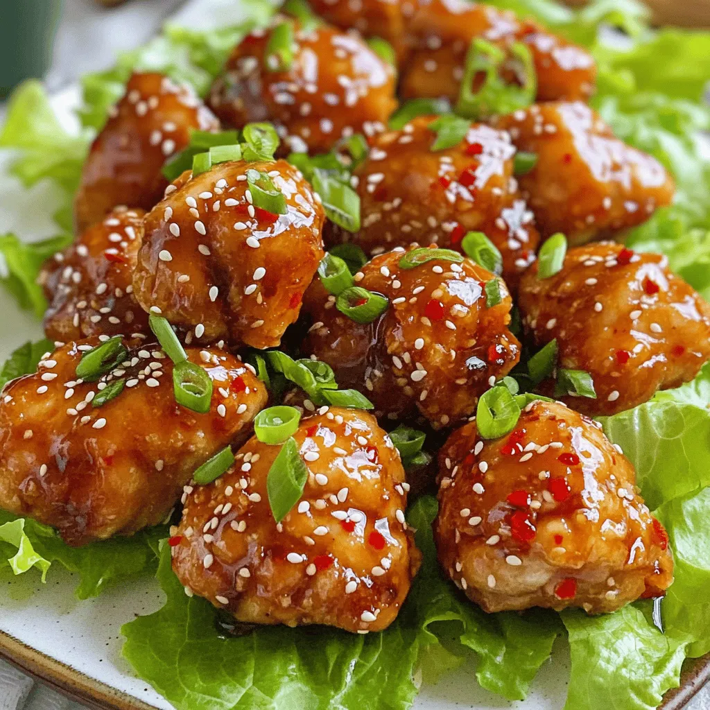 - 1 lb boneless chicken breast, cut into bite-sized pieces - 2 tablespoons olive oil - 3 cloves minced garlic - 2 tablespoons honey - 1 tablespoon soy sauce - 1-2 teaspoons chili flakes (to taste) - Salt and black pepper (to taste) - 2 green onions, sliced for garnish - Sesame seeds, for garnish To make these spicy honey garlic chicken bites, start with fresh, high-quality ingredients. The chicken breast is your main star. Cut it into bite-sized pieces for easy cooking and eating. Use olive oil to coat the chicken. This adds flavor and helps it cook nicely. For the sauce, honey brings sweetness, while soy sauce adds depth. Chili flakes give the spice. You can adjust the amount of chili flakes to match your spice level. Don't forget the garnishes! Fresh green onions brighten the dish. Sesame seeds add a nice crunch. Season with salt and black pepper to taste. You can find the full recipe and step-by-step instructions to create this delicious dish. Enjoy cooking! - Season chicken pieces with salt and black pepper. - Toss with olive oil until fully coated. To start, you want to take 1 pound of boneless chicken breast and cut it into bite-sized pieces. This size makes them easy to eat and perfect for dipping. After cutting, sprinkle salt and black pepper over the chicken. This simple step brings out the chicken's natural flavor. Next, pour 2 tablespoons of olive oil into a large mixing bowl. Toss the chicken pieces in the oil until they are fully coated. This helps the seasoning stick and keeps the chicken moist during cooking. - Heat skillet over medium-high heat. - Cook chicken pieces for 5-7 minutes until golden brown. Now, heat a skillet over medium-high heat. Make sure it gets hot before adding the chicken. This helps create a nice sear. Once the skillet is hot, add the seasoned chicken pieces. Spread them out in a single layer. Avoid overcrowding the pan, as this can lead to steaming rather than browning. Cook the chicken for about 5 to 7 minutes. Turn the pieces occasionally. You want them to be golden brown and cooked through. - Sauté garlic until fragrant, about 1 minute. - Prepare honey garlic sauce and pour over cooked chicken. After the chicken is cooked, lower the heat to medium. Add 3 cloves of minced garlic to the skillet. Sauté the garlic for about 1 minute until it smells fragrant. Be careful not to burn it. Next, in a small bowl, mix 2 tablespoons of honey, 1 tablespoon of soy sauce, and 1-2 teaspoons of chili flakes. Whisk these ingredients well. Pour this sweet and spicy sauce over the cooked chicken. Stir gently to coat the chicken evenly. Let it simmer for 2-3 minutes. This allows the sauce to thicken and stick to the chicken. You can find the full recipe for this dish later on. To make perfectly cooked chicken bites, start with good chicken. Cut the chicken into even pieces. This helps them cook at the same rate. Season the chicken well with salt and black pepper. Toss them in olive oil to keep them moist. Heat your skillet over medium-high heat. Cook the chicken for 5 to 7 minutes. Turn them occasionally until they turn golden brown. To adjust heat levels, start low if you're unsure. You can always add more chili flakes later. If you want a milder dish, use less chili. You can also try adding honey to balance out the spice. For added complexity, consider using spices like smoked paprika or cumin. These can bring depth to your dish without overpowering it. You can also try different types of honey for unique flavors. For a sweeter kick, mix in a splash of apple cider vinegar. To make the dish spicier, add fresh chopped chili or cayenne pepper. For a milder option, reduce the chili flakes or add more honey. You can even add a splash of coconut milk for a creamy touch. Serving is key for any dish. Try placing the chicken bites on a large platter. Line it with fresh lettuce leaves to add color. Drizzle some extra sauce over the chicken bites for shine. Garnishing is important too. Use freshly sliced green onions for a pop of green. A sprinkle of sesame seeds adds crunch and elegance. You can even add edible flowers for a special touch. These simple tips will make your dish look as great as it tastes. For the full recipe, check the earlier section. {{image_4}} You can switch up the protein in this recipe. Try using different cuts of chicken, like thighs or drumsticks. They will add more flavor and moisture. You can also use pork or shrimp for a tasty twist. If you want a vegetarian option, use tofu. Cut the tofu into bite-sized cubes and press it to remove extra moisture. This helps the tofu soak up the sauce better. Don’t be afraid to get creative with the sauce! You can use maple syrup instead of honey for a different sweetness. Agave nectar works well, too. Want more heat? Add some extra chili powder or black pepper. You could even try spices like ginger or cumin for a unique flavor. Each of these changes can give your chicken bites a new and exciting taste. When serving Spicy Honey Garlic Chicken Bites, think about the sides. Steamed rice or fluffy quinoa pairs perfectly with the dish. Fresh veggies like carrots or cucumbers add crunch and color. For a party, consider serving these bites with toothpicks for easy eating. You can also set up a dipping sauce bar with options like ranch, sriracha, or a sweet chili dip. These ideas make your meal fun and tasty! To keep your spicy honey garlic chicken bites fresh, store them in an airtight container. Place the leftovers in the fridge within two hours of cooking. They can stay good for up to three days. Make sure to let them cool before sealing the container. This helps keep their delicious flavor intact. Freezing is a great option if you want to save some chicken bites for later. First, let the chicken cool completely. Then, place them in a freezer-safe bag or container. Squeeze out as much air as possible to prevent freezer burn. You can freeze them for up to three months. When you’re ready to enjoy them, thaw in the fridge overnight. This keeps them safe from bacteria. To reheat your chicken bites, use the oven for the best results. Preheat the oven to 350°F (175°C). Spread the chicken bites on a baking sheet. Heat for about 10-15 minutes until they are warm. If you want to use the microwave, place them on a microwave-safe plate. Heat in short bursts of 30 seconds, checking to avoid overcooking. This way, you keep the bites juicy and flavorful. Enjoy your meal! Spicy Honey Garlic Chicken Bites last about 3 to 4 days in the fridge. To keep them fresh, store them in an airtight container. This way, they stay tasty and safe to eat. Yes, you can make these chicken bites ahead of time. Prepare them and store them in the fridge. Just reheat them before serving. They still taste great and are perfect for busy nights. You can serve these chicken bites with many sides. Here are some ideas: - Steamed rice - Noodles - Fresh salad - Veggie sticks - Dipping sauces Pairing them with rice or noodles makes a filling meal. A fresh salad adds a nice crunch. Yes, you can freeze the chicken bites. Place them in a freezer-safe bag or container. They last up to 3 months in the freezer. Thaw them overnight before reheating. The best way to reheat them is in a skillet. Heat a little oil over medium heat. Add the chicken bites, stirring gently until warmed through. This keeps them crispy and flavorful. Absolutely! You can change the amount of chili flakes to suit your taste. Add less for a milder flavor or more for extra heat. Experiment until you find your perfect balance. Yes, they are kid-friendly! The sweet honey and garlic sauce make them tasty for kids. You can adjust the spice level to make them even milder if needed. These bites combine sweet, spicy, and savory flavors. The honey adds sweetness, while the garlic gives a rich taste. This balance makes them a fun and tasty treat for any meal. For the full recipe, check out the complete guide to creating these delightful bites. In this blog post, we covered how to make spicy honey garlic chicken bites. You learned about the main ingredients, cooking steps, and how to add your own twist. I shared tips for perfecting your dish and variations to try. Remember, cooking is fun and your options are endless. With these bites, your meals can be exciting, tasty, and memorable. Enjoy the process, share with friends, and savor every bite!