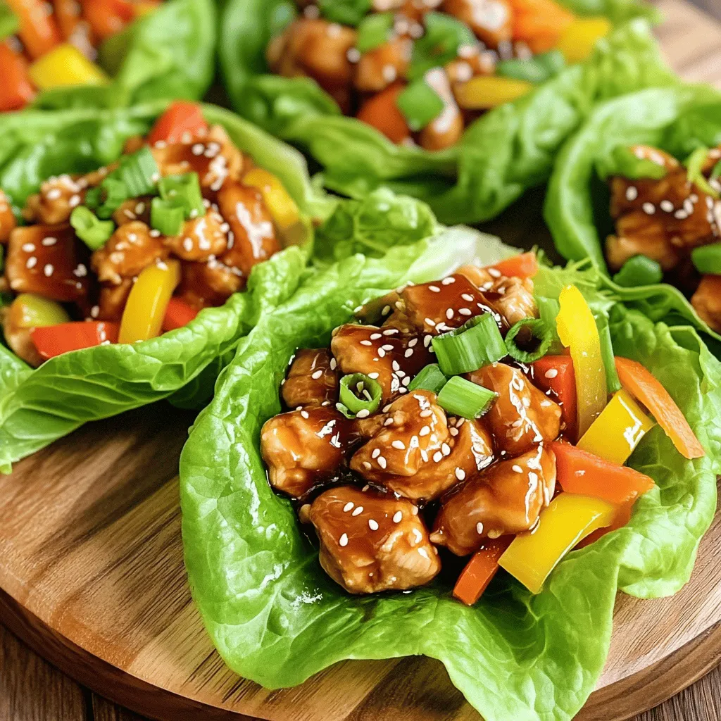 - 1 lb boneless, skinless chicken breasts - 1 cup teriyaki sauce - 2 tablespoons sesame oil - 1 tablespoon fresh ginger, minced - 3 cloves garlic, minced - 1 cup bell peppers, thinly sliced - 1 cup carrots, julienned - 1/2 cup green onions, finely chopped - 1 head of lettuce (iceberg or butter) - Optional toppings: sesame seeds, sriracha When I make Teriyaki Chicken Lettuce Wraps, I focus on fresh and tasty ingredients. The chicken is the star here. I choose boneless, skinless chicken breasts. They cook fast and stay juicy. The teriyaki sauce adds a sweet and salty flavor. You can use store-bought or make your own for fun. I love using sesame oil because it gives a rich, nutty taste. Fresh ginger adds warmth, while garlic gives depth. I always add colorful bell peppers and crunchy carrots for texture. Green onions bring a nice brightness to the dish. For the wraps, I use crisp lettuce leaves. They hold the filling well and add crunch. You can also sprinkle sesame seeds on top for extra flair. If you like heat, drizzle some sriracha on your wraps. - Large mixing bowl - Skillet - Cooking utensils (spatula, knife, cutting board) To make this dish, a large mixing bowl helps me combine the chicken and sauce. A skillet is essential for cooking everything evenly. I always have a spatula handy for stirring and flipping. A sharp knife and cutting board make prep easy and quick. Using the right tools makes cooking fun. It helps me focus on flavor and presentation. If you want to try this recipe, check out the Full Recipe for detailed steps. - First, combine 1 lb of diced chicken and 1 cup of teriyaki sauce in a large bowl. - Make sure every piece is coated well. - Cover the bowl tightly and refrigerate for at least 30 minutes. This step helps the chicken absorb all those tasty flavors. - Heat 2 tablespoons of sesame oil in a large skillet over medium-high heat. - Once hot, add 1 tablespoon of minced fresh ginger and 3 cloves of minced garlic. - Sauté them for about 1 minute. This will make your kitchen smell amazing! - Now, add the marinated chicken to the skillet. Discard any leftover marinade. - Cook the chicken for about 6 to 8 minutes. Stir it occasionally until the chicken is fully cooked. It should look nice and caramelized. - Next, introduce 1 cup of thinly sliced bell peppers and 1 cup of julienned carrots to the skillet. - Cook these veggies for about 3 to 4 minutes. Stir them occasionally until they are tender but still crunchy. - Once everything is cooked, remove the skillet from the heat. - Fold in 1/2 cup of finely chopped green onions for an extra burst of flavor. - Now, take a lettuce leaf and spoon a generous amount of the chicken and vegetable mix into it. - If you like some heat, drizzle a bit of sriracha sauce on top. - Finally, sprinkle some sesame seeds over the wraps for a pretty touch. For the full recipe, enjoy your flavorful and fresh meal with Teriyaki Chicken Lettuce Wraps! How to choose the best teriyaki sauce When choosing teriyaki sauce, look for one that has a rich, sweet, and tangy flavor. You can buy it at the store or make your own for a personal touch. If you make it, use soy sauce, honey, and rice vinegar. This mix gives a fresh taste to your wraps. Importance of marinating time Marinating the chicken is key. I recommend letting it soak in the teriyaki sauce for at least 30 minutes. This time allows the chicken to absorb all those yummy flavors. For even better taste, you could marinate it overnight. Just remember to keep it in the fridge for safety. Tips for arranging lettuce cups When you fill the lettuce cups, pick larger, sturdy leaves. They hold the filling well. Arrange them on a big platter for a fun look. This way, everyone can pick their own lettuce cup. Garnishing options to enhance visual appeal Garnishes add some flair. Sprinkle sesame seeds on top of your wraps for a nice touch. You can also add chopped green onions for color. A small bowl of teriyaki sauce on the side looks great and lets people add more flavor. Best practices for sautéing vegetables When sautéing, heat your skillet first before adding oil. This helps the veggies cook evenly. Start with garlic and ginger, then add the bell peppers and carrots. Stir them often so they don’t get too soft. You want them to have a nice crunch. Achieving the perfect chicken texture Cook the chicken until it is nicely browned and cooked all the way through. This usually takes about 6-8 minutes. If you cook it at medium-high heat, it helps to seal in the juices, giving you tender chicken. Enjoy the full recipe for step-by-step instructions! {{image_4}} You can change the protein in teriyaki chicken lettuce wraps. If you want a lighter option, try tofu. It absorbs flavors well and gives a nice texture. Shrimp is another tasty choice, cooking quickly and adding a seafood twist. For a heartier wrap, use beef. Just cut it into small pieces and cook it the same way as the chicken. Each protein brings its own flavor, making this dish fun and diverse. Homemade teriyaki sauce is easy to make. Combine soy sauce, honey, and a splash of rice vinegar. You can also add ginger and garlic for more depth. A fun twist is adding pineapple juice to the sauce. It adds sweetness and a tropical vibe. Hoisin sauce can also be mixed in for a richer flavor. Experimenting with sauces can elevate your wraps and keep things interesting. For a plant-based meal, replace chicken with plant-based proteins like tempeh or chickpeas. These add protein and make the dish filling. Focus on fresh veggies like bell peppers, carrots, and mushrooms. You can sauté them with spices to enhance their flavors. This way, you create a colorful and healthy wrap. Even without meat, your lettuce wraps will still be delicious and satisfying. For the full recipe, check out the complete guide to teriyaki chicken lettuce wraps. To keep your Teriyaki Chicken Lettuce Wraps fresh, refrigerate them right away. Place the wraps in a container with a tight lid. This prevents air from getting in and keeps them crisp. You can store the cooked chicken and veggies separately for a longer shelf life. They will stay good for three to four days in the fridge. When you’re ready to eat, you can reheat the chicken and veggies. The best method is to use a skillet. Heat a small amount of oil over medium heat. Add the chicken and veggies, stirring until warmed through. This keeps the flavors alive and the textures nice. You can also get creative with leftovers. Consider making a salad by adding the chicken mix to fresh greens. You can toss in some cucumbers and carrots for crunch. Or, make a quick stir-fry by adding the chicken to rice and extra veggies. These ideas can spice up your meal while reducing waste. For the full recipe, check out the Teriyaki Chicken Lettuce Wraps section. This recipe makes 4 servings. You can enjoy it with family or friends. The prep time is 30 minutes, and the total cook time is about 10 minutes. That gives you a quick meal in just 40 minutes! Yes, you can! Prepare the chicken and vegetables a day before. Store them in airtight containers in the fridge. You can also marinate the chicken the night before for extra flavor. Just cook them right before serving for the best taste. You can pair these wraps with a side of rice for a filling meal. Fried rice or jasmine rice works well. A fresh salad also adds a nice touch. Try a light cucumber salad or a simple green salad. Absolutely! You can use various lettuce types for your wraps. Butter lettuce is soft and easy to fold. Romaine adds a nice crunch. You can even try cabbage leaves for a fun twist. Each type gives a unique taste and texture! This article shared a simple and tasty teriyaki chicken lettuce wrap recipe. We covered essential ingredients, kitchen tools, and steps for cooking. I also provided tips for flavor and presentation, as well as variations and storage tips. Making these wraps is easy and fun. Experiment with different proteins and sauces to make them your own. Enjoy your cooking journey with these delicious wraps!
