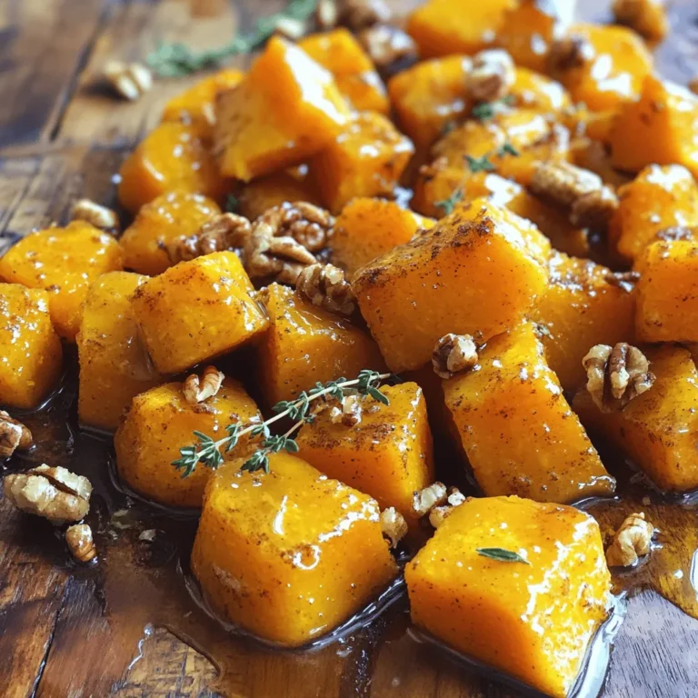 - 1 medium butternut squash - 3 tablespoons pure maple syrup - 2 tablespoons extra virgin olive oil - 1 teaspoon ground cinnamon - 1/2 teaspoon freshly grated nutmeg - Sea salt and black pepper - 1/4 cup walnuts - Fresh thyme sprigs Butternut squash is the star of this dish. It has a sweet, nutty taste. You want a medium squash for the best results. Make sure to peel and seed it before cutting it into 1-inch cubes. Maple syrup adds a rich sweetness. Use pure maple syrup for the best flavor. Extra virgin olive oil gives a nice, smooth base. Cinnamon and nutmeg bring warmth and spice. These flavors blend well with the squash. Don't forget to add sea salt and black pepper. They enhance the taste of all the ingredients. You can add walnuts for a crunchy texture. They also add healthy fats. Fresh thyme sprigs can make the dish look pretty and add more flavor. For the full recipe, check the link above. Enjoy making this delightful dish! 1. Preheat your oven to 425°F (220°C). This heat brings out the best flavors in the squash. 2. Carefully peel the butternut squash with a sharp knife. Cut it in half, scoop out the seeds, and cube it into 1-inch pieces. This size helps the squash cook evenly. 1. In a large mixing bowl, combine the cubed squash with olive oil, maple syrup, ground cinnamon, nutmeg, sea salt, and black pepper. 2. Toss the squash gently to ensure every piece is coated well. The mix of flavors will make each bite special. 1. Spread the coated squash on a baking sheet lined with parchment paper. Make sure the pieces are in a single layer. This helps them roast evenly. 2. Roast the squash in your preheated oven for 25-30 minutes. Halfway through, stir the squash. This step is key for even browning and caramelization. Look for them to be tender and slightly golden. If you want a crunch, add chopped walnuts in the last five minutes of roasting. This gives them time to toast and adds a nice texture. For a fresh touch, sprinkle thyme over the squash before serving. You can find the full recipe for Maple Cinnamon Roasted Butternut Squash in the article above. Enjoy! To get the best results, space the squash on the baking sheet. This helps the heat circulate. If the pieces are too close together, they will steam instead of roast. Stir the squash halfway through cooking. This step promotes even browning and brings out the best flavors. You can add other spices to change the taste. Try a pinch of cayenne for heat or some ginger for a warm touch. You can also mix in other vegetables. Carrots or sweet potatoes work well with butternut squash. They roast nicely and add color to the dish. Garnish the dish with fresh thyme. This adds a lovely green color and a fresh smell. You can serve it as a side or even a main dish. Pair it with roasted chicken or a grain salad for a complete meal. You can find the full recipe in this article for more details. {{image_4}} You can make this dish a bit healthier with easy swaps. Try using different sweeteners like honey or agave syrup instead of maple syrup. Each brings its own unique flavor. For the oil, consider using avocado oil or coconut oil. Both oils add healthy fats and a nice taste. They can also handle high heat well, making them perfect for roasting. Want to spice things up? Adding garlic or onion can create a lovely savory layer. Chop them finely and mix them in with the squash before roasting. You can also experiment with fresh herbs. Rosemary or sage can add depth to the dish. Just sprinkle them in before roasting for a flavorful twist. Using seasonal spices can enhance your dish. In fall, try adding a pinch of allspice or cloves. They bring warmth and a hint of spice that pairs well with the squash. Pairing with seasonal vegetables can also elevate your meal. Think of carrots or Brussels sprouts. Roast them alongside the squash for a colorful and tasty dish. You can find the full recipe for Maple Cinnamon Roasted Butternut Squash to explore all these variations further. To store your leftover Maple Cinnamon Roasted Butternut Squash, wait until it cools down. Place it in an airtight container. This keeps it fresh and tasty. You can keep it in the fridge for up to four days. Make sure to check for any signs of spoilage before eating. You can freeze roasted butternut squash for later use. First, let it cool completely. Then, spread the squash on a baking sheet in a single layer. Freeze it for about an hour. After that, transfer the squash to a freezer-safe bag or container. This way, it won't stick together. When you're ready to enjoy it again, simply reheat the squash. You can microwave it or bake it in the oven. If using the oven, set it to 350°F (175°C) and warm it for about 15-20 minutes. This will help bring back its delightful flavors and textures. For the full recipe, check the instructions above. How do I choose a ripe butternut squash? Look for a squash that feels heavy for its size. The skin should be smooth and tan. Avoid any squash with soft spots or blemishes. A ripe butternut squash has a dull, matte finish, not shiny. Can I make Maple Cinnamon Roasted Butternut Squash ahead of time? Yes, you can prepare this dish in advance. Roast the squash and let it cool. Store it in the fridge for up to three days. Reheat it in the oven or microwave before serving. What are the health benefits of butternut squash? Butternut squash is rich in vitamins A and C. It also contains fiber, which aids digestion. The antioxidants in squash help fight inflammation. Eating this veggie may improve heart health and boost your immune system. Nutritional breakdown of the dish One serving (about 1 cup) of Maple Cinnamon Roasted Butternut Squash has roughly: - Calories: 120 - Protein: 2g - Carbohydrates: 30g - Fat: 4g This dish is a great source of vitamins and minerals while being low in calories. What dishes pair well with Maple Cinnamon Roasted Butternut Squash? This squash dish complements roasted chicken or turkey. It also pairs well with quinoa or brown rice for a hearty meal. Try serving it alongside greens for a balanced plate. Is this dish suitable for meal prep? Absolutely! This dish stores well and tastes great reheated. Portion it out in containers for easy lunches or dinners. Enjoy it throughout the week, making meal planning a breeze. For the full recipe, check the section above! This article guides you through making Maple Cinnamon Roasted Butternut Squash. We covered the key ingredients, from the squash to spices and optional add-ins. The step-by-step instructions simplify the preparation, mixing, and roasting processes. You learned tips for even cooking and flavor enhancements, plus various ways to serve and store it. In conclusion, this dish is tasty and easy to make. I encourage you to try different variations and enjoy the warm flavors. Don’t hesitate to experiment with new ingredients. Your taste buds will thank you!