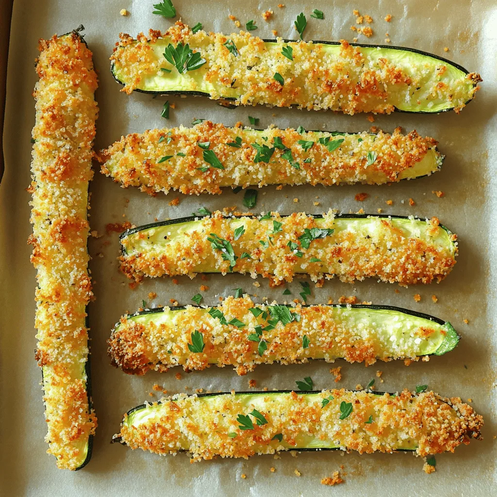 - 2 medium zucchinis - 1 cup breadcrumbs - 1/2 cup grated Parmesan cheese - 1 teaspoon garlic powder - 1 teaspoon onion powder - 1/2 teaspoon dried oregano - 1/2 teaspoon salt - 1/4 teaspoon black pepper - 2 large eggs, beaten - 2 tablespoons olive oil (optional) - Fresh parsley for garnish I love using fresh zucchinis for this recipe. They give a nice crunch and flavor. Start with two medium zucchinis. Cut them into even sticks. This helps them cook evenly and look great. For the crispy coating, I recommend using one cup of breadcrumbs. You can choose whole wheat or panko breadcrumbs. Panko gives a little extra crunch that I enjoy. Next, grab half a cup of grated Parmesan cheese. This cheese adds a rich, salty taste that makes the fries delicious. Now let’s talk about seasoning. Add one teaspoon of garlic powder and one teaspoon of onion powder. These spices add great flavor. Then, include half a teaspoon of dried oregano, half a teaspoon of salt, and a quarter teaspoon of black pepper. These will enhance the taste of your fries. For dredging, use two large eggs. Beat them well in a bowl. This helps the coating stick to the zucchini. If you want a crispier finish, add two tablespoons of olive oil. It's optional, but it really helps. Lastly, don’t forget to garnish with fresh parsley. It adds color and a fresh taste to your final dish. You can find the full recipe [here](#). - Preheat oven to 425°F (220°C). - Line a baking sheet with parchment paper. Start by getting your oven nice and hot. The high heat helps the fries crisp up perfectly. Lining the baking sheet with parchment keeps the zucchini from sticking and makes clean-up easy. - Combine breadcrumbs, Parmesan, and seasonings. In a bowl, mix the breadcrumbs, grated Parmesan, garlic powder, onion powder, oregano, salt, and black pepper. This blend gives the fries a tasty crunch. Make sure to mix until everything is well combined. - Create a dredging station. - Dip and coat zucchini sticks. Set up your dredging station. Pour the beaten eggs into a shallow bowl. Place your breadcrumb mixture next to it. Dip each zucchini stick into the egg, letting the extra drip off. Then, coat it in the breadcrumb mix. Press down lightly to help it stick well. - Arrange zucchini on the baking sheet. - Bake for 20-25 minutes, flipping halfway. Place the coated zucchini on the baking sheet in a single layer. Make sure they are not touching. For added crispiness, drizzle a little olive oil on top. Bake them for 20 to 25 minutes. Flip them halfway through cooking for even browning. When they turn golden brown, they are ready to enjoy! For the full recipe, check out the details above. To make your zucchini fries super crispy, lightly drizzle them with olive oil. This adds a golden touch and enhances the crunch. Also, using panko breadcrumbs is key. They add a delightful crunch that regular breadcrumbs can't match. To cook your fries evenly, space them out well on the baking sheet. If they touch, they will steam instead of crisping up. Flip the fries halfway through baking. This helps both sides get that perfect golden color. Serve your zucchini fries hot from the oven. They taste best right away. Pair them with marinara sauce or spicy aioli for dipping. These sauces elevate the flavors and make every bite even tastier. For the full recipe, check out the detailed instructions above. {{image_4}} You can make baked Parmesan zucchini fries even better. Try adding fresh herbs like basil or thyme. These can boost the taste and bring a fresh twist. For a bit of heat, use spices like paprika or cayenne. These spices add warmth and excitement to each bite. If you want a different cheese, consider using mozzarella or cheddar. Mozzarella brings a creamy texture, while cheddar adds sharpness. These swaps can change the flavor and keep it interesting. Feel free to switch out zucchini for other veggies. Eggplant works great and has a meaty texture. Sweet potatoes can also be a tasty choice. They add sweetness and a lovely color. Each option gives you a new way to enjoy this snack. For the full recipe, check out the details above. To keep your baked Parmesan zucchini fries fresh, allow them to cool completely before storing. This step is key to avoiding sogginess. Once cooled, place the fries in an airtight container. This helps maintain their crispiness for a longer period. Store them in the fridge, where they can last for about 3 to 4 days. For the best texture, reheat the fries in the oven. Preheat your oven to 400°F (200°C) and bake them for about 10 minutes. This method helps restore their crunch. If you use a microwave, the fries may become soft and lose their crispiness. However, it’s a quick option if you’re in a rush. Just heat them for 30 seconds at a time until warm. I recommend using fresh zucchinis for the best taste and texture. Frozen zucchinis have more moisture, which can make your fries soggy. Fresh zucchinis are crisp and hold their shape well during baking. They also have a bright flavor that shines through in this snack. If you can, always choose fresh for the best results. To make this recipe gluten-free, use gluten-free breadcrumbs. You can find many types at the store, or you can make your own. Just pulse gluten-free bread in a food processor until it breaks down into crumbs. This way, you still get that crunchy coating without any gluten. Your fries will taste just as good! Zucchini fries pair well with many sauces. Marinara sauce is a classic choice, adding a rich flavor. A spicy aioli gives a kick and creaminess. You could also try ranch dressing for a cool dip. Feel free to get creative and try your favorite sauces! You can store leftover zucchini fries for about 3 days. Make sure they cool completely before placing them in an airtight container. For the best taste, reheat them in the oven. This keeps them crispy. If you microwave them, they may become soft and lose that nice crunch. Enjoy your fries later by keeping them fresh! In this post, we explored how to make tasty baked zucchini fries. We covered the key ingredients, from zucchinis to seasonings. You learned step-by-step instructions, tips for the best crispiness, and fun variations. Storing and reheating tips help keep your fries fresh. I hope you feel confident to try making this easy and healthy snack. Enjoy exploring different flavors and veggies to make it your own!