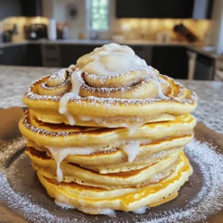 - 1 cup all-purpose flour - 2 tablespoons granulated sugar - 2 teaspoons baking powder - 1/2 teaspoon baking soda - 1/4 teaspoon salt - 1 cup buttermilk (or milk + vinegar substitute) - 1 large egg, lightly beaten - 2 tablespoons unsalted butter, melted - 1 teaspoon vanilla extract - 3 tablespoons brown sugar, packed - 1 tablespoon ground cinnamon - 2 tablespoons unsalted butter, melted - 4 oz cream cheese, softened - 1/2 cup powdered sugar - 2 tablespoons milk - 1 teaspoon vanilla extract When making fluffy cinnamon roll pancakes, the ingredients matter. Each part plays a key role. For the pancakes, I use all-purpose flour because it gives a nice structure. Granulated sugar adds sweetness. Baking powder and baking soda help the pancakes rise. Salt brings out all the flavors. Buttermilk gives the pancakes a tender texture. If you don't have buttermilk, mix milk with vinegar as a quick swap. The egg adds richness, and melted butter makes them extra tasty. Finally, vanilla extract adds a lovely aroma. For the cinnamon swirl, brown sugar and ground cinnamon make that classic flavor we love. The melted butter in this mix helps it swirl into the pancakes smoothly. The cream cheese glaze is a treat. Softened cream cheese makes it creamy. Adding powdered sugar gives sweetness, while milk thins it out for easy drizzling. The vanilla extract adds that final touch of flavor. With all these ingredients ready, you’re set to make these delicious pancakes. For a complete guide, check out the Full Recipe. - In a large mixing bowl, whisk together: - 1 cup all-purpose flour - 2 tablespoons granulated sugar - 2 teaspoons baking powder - 1/2 teaspoon baking soda - 1/4 teaspoon salt - In a separate bowl, combine: - 1 cup buttermilk (or milk plus vinegar) - 1 large egg, lightly beaten - 2 tablespoons melted butter - 1 teaspoon vanilla extract - Gently fold the wet mixture into the dry ingredients until just combined. It’s okay to have lumps; this keeps the pancakes fluffy. - In a small bowl, mix together: - 3 tablespoons packed brown sugar - 1 tablespoon ground cinnamon - 2 tablespoons melted butter - Stir until you reach a smooth, paste-like consistency. This will create the delicious swirl in your pancakes. - Preheat your skillet or griddle over medium heat. You can add a bit of butter or cooking spray if needed. - Pour about 1/4 cup of batter onto the skillet. - Drizzle some of the cinnamon mixture on top in a spiral pattern. - Cook for 2-3 minutes until bubbles form on the surface and edges look set. - Carefully flip the pancake and cook for another 1-2 minutes until it’s golden brown. Repeat this until you've used all the batter. - In a bowl, beat 4 oz of softened cream cheese until smooth. - Gradually mix in: - 1/2 cup powdered sugar - 2 tablespoons milk - 1 teaspoon vanilla extract - Keep mixing until the glaze is creamy and well combined. You can now stack your pancakes high and drizzle the cream cheese glaze over the top for a sweet finish. Enjoy these fluffy cinnamon roll pancakes with your favorite toppings! For the full recipe, check the earlier section. To get the fluffiest pancakes, avoid overmixing the batter. When you mix too much, the pancakes can turn out dense. Just fold the wet and dry ingredients until you see a few lumps. This keeps them light and airy. Always use a preheated non-stick skillet. The right heat helps the pancakes cook evenly. If the skillet is not hot enough, your pancakes may not rise well. For extra richness, add a teaspoon of vanilla extract to the batter. This small change makes a big difference in taste. You can also consider a dash of nutmeg for warmth. It adds a nice depth that complements the cinnamon swirl. Garnish your pancakes with a sprinkle of cinnamon or a drizzle of maple syrup. This adds visual appeal and flavor. Serve with fresh fruit for color and contrast. Berries or sliced bananas make your dish pop and taste fresh. For the full recipe, remember to check the instructions above! {{image_4}} You can easily change up the flavor of your pancakes. Here are two ideas: - Add chocolate chips for a sweet twist. They melt and create pockets of gooey chocolate. - Incorporate nuts for added crunch. Chopped pecans or walnuts add a nice texture. If you have specific dietary needs, here are some options: - Gluten-free option: Use gluten-free flour instead of all-purpose flour. This keeps the pancakes soft and fluffy. - Dairy-free suggestions: Swap out buttermilk for almond milk or coconut milk. Use a plant-based butter for the melted butter. To make your meal complete, try these serving ideas: - Pair with a citrus fruit salad: The bright flavors will balance the sweetness of the pancakes. - Serve alongside breakfast sausages or bacon: The savory taste complements the sweet pancakes well. For more details, check out the Full Recipe. To keep your fluffy cinnamon roll pancakes fresh, store leftovers in an airtight container. This helps maintain their softness. When you're ready to enjoy them again, simply reheat in the microwave or skillet. Both methods work well, but I prefer the skillet for that slight crispiness. If you want to save some pancakes for later, freeze them! Place each pancake between parchment paper to prevent sticking. This way, you can grab just what you need. When you're ready to eat, thaw them in the refrigerator overnight or use the microwave for a quick option. These pancakes taste best when fresh, but you can store them safely. Consume refrigerated pancakes within 3-4 days for the best flavor. If you freeze them, they stay good for up to 2 months. Just remember to label your container, so you know when you made them! To reheat pancakes, you can use a microwave or a skillet. The microwave is quick and easy. Place your pancakes on a plate and heat them for about 20-30 seconds. Check them to see if they are warm enough. If not, heat for a bit longer. The skillet method gives a nice texture. Heat a non-stick skillet over low heat. Place the pancakes in the skillet. Heat for about 1-2 minutes on each side until warm. This method helps keep them fluffy and soft. Yes, you can make the batter ahead! Just mix the dry and wet ingredients separately. Keep them in the fridge until you are ready to cook. When you are ready, combine them. Make sure to not overmix. A few lumps are okay. This helps keep your pancakes fluffy! To make pancakes less sweet, you can simply reduce the sugar in the recipe. Try cutting the granulated sugar to 1 tablespoon instead of 2. You can also skip the glaze if you want. This will help balance the sweetness without losing flavor. Absolutely! You can use different glazes. A maple syrup drizzle adds a classic touch. You can also try a chocolate drizzle for a fun twist. Just melt some chocolate and drizzle it over the top. It gives a rich flavor that pairs well with the pancakes. The right mix of ingredients creates perfect pancakes. Mixing dry and wet components achieves a fluffy texture. Add a cinnamon swirl for sweetness and finish with a creamy glaze. Think about flavor variations and serving ideas to keep it exciting. Store leftovers properly to enjoy later. Now, go make delightful pancakes that everyone will love!