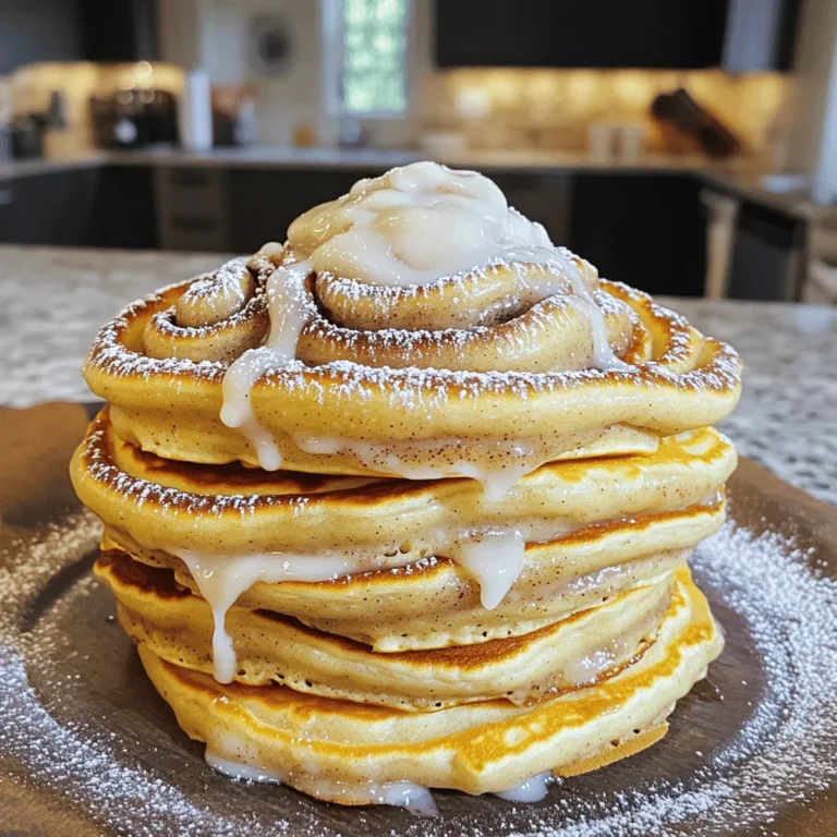- 1 cup all-purpose flour - 2 tablespoons granulated sugar - 2 teaspoons baking powder - 1/2 teaspoon baking soda - 1/4 teaspoon salt - 1 cup buttermilk (or milk + vinegar substitute) - 1 large egg, lightly beaten - 2 tablespoons unsalted butter, melted - 1 teaspoon vanilla extract - 3 tablespoons brown sugar, packed - 1 tablespoon ground cinnamon - 2 tablespoons unsalted butter, melted - 4 oz cream cheese, softened - 1/2 cup powdered sugar - 2 tablespoons milk - 1 teaspoon vanilla extract When making fluffy cinnamon roll pancakes, the ingredients matter. Each part plays a key role. For the pancakes, I use all-purpose flour because it gives a nice structure. Granulated sugar adds sweetness. Baking powder and baking soda help the pancakes rise. Salt brings out all the flavors. Buttermilk gives the pancakes a tender texture. If you don't have buttermilk, mix milk with vinegar as a quick swap. The egg adds richness, and melted butter makes them extra tasty. Finally, vanilla extract adds a lovely aroma. For the cinnamon swirl, brown sugar and ground cinnamon make that classic flavor we love. The melted butter in this mix helps it swirl into the pancakes smoothly. The cream cheese glaze is a treat. Softened cream cheese makes it creamy. Adding powdered sugar gives sweetness, while milk thins it out for easy drizzling. The vanilla extract adds that final touch of flavor. With all these ingredients ready, you’re set to make these delicious pancakes. For a complete guide, check out the Full Recipe. - In a large mixing bowl, whisk together: - 1 cup all-purpose flour - 2 tablespoons granulated sugar - 2 teaspoons baking powder - 1/2 teaspoon baking soda - 1/4 teaspoon salt - In a separate bowl, combine: - 1 cup buttermilk (or milk plus vinegar) - 1 large egg, lightly beaten - 2 tablespoons melted butter - 1 teaspoon vanilla extract - Gently fold the wet mixture into the dry ingredients until just combined. It’s okay to have lumps; this keeps the pancakes fluffy. - In a small bowl, mix together: - 3 tablespoons packed brown sugar - 1 tablespoon ground cinnamon - 2 tablespoons melted butter - Stir until you reach a smooth, paste-like consistency. This will create the delicious swirl in your pancakes. - Preheat your skillet or griddle over medium heat. You can add a bit of butter or cooking spray if needed. - Pour about 1/4 cup of batter onto the skillet. - Drizzle some of the cinnamon mixture on top in a spiral pattern. - Cook for 2-3 minutes until bubbles form on the surface and edges look set. - Carefully flip the pancake and cook for another 1-2 minutes until it’s golden brown. Repeat this until you've used all the batter. - In a bowl, beat 4 oz of softened cream cheese until smooth. - Gradually mix in: - 1/2 cup powdered sugar - 2 tablespoons milk - 1 teaspoon vanilla extract - Keep mixing until the glaze is creamy and well combined. You can now stack your pancakes high and drizzle the cream cheese glaze over the top for a sweet finish. Enjoy these fluffy cinnamon roll pancakes with your favorite toppings! For the full recipe, check the earlier section. To get the fluffiest pancakes, avoid overmixing the batter. When you mix too much, the pancakes can turn out dense. Just fold the wet and dry ingredients until you see a few lumps. This keeps them light and airy. Always use a preheated non-stick skillet. The right heat helps the pancakes cook evenly. If the skillet is not hot enough, your pancakes may not rise well. For extra richness, add a teaspoon of vanilla extract to the batter. This small change makes a big difference in taste. You can also consider a dash of nutmeg for warmth. It adds a nice depth that complements the cinnamon swirl. Garnish your pancakes with a sprinkle of cinnamon or a drizzle of maple syrup. This adds visual appeal and flavor. Serve with fresh fruit for color and contrast. Berries or sliced bananas make your dish pop and taste fresh. For the full recipe, remember to check the instructions above! {{image_4}} You can easily change up the flavor of your pancakes. Here are two ideas: - Add chocolate chips for a sweet twist. They melt and create pockets of gooey chocolate. - Incorporate nuts for added crunch. Chopped pecans or walnuts add a nice texture. If you have specific dietary needs, here are some options: - Gluten-free option: Use gluten-free flour instead of all-purpose flour. This keeps the pancakes soft and fluffy. - Dairy-free suggestions: Swap out buttermilk for almond milk or coconut milk. Use a plant-based butter for the melted butter. To make your meal complete, try these serving ideas: - Pair with a citrus fruit salad: The bright flavors will balance the sweetness of the pancakes. - Serve alongside breakfast sausages or bacon: The savory taste complements the sweet pancakes well. For more details, check out the Full Recipe. To keep your fluffy cinnamon roll pancakes fresh, store leftovers in an airtight container. This helps maintain their softness. When you're ready to enjoy them again, simply reheat in the microwave or skillet. Both methods work well, but I prefer the skillet for that slight crispiness. If you want to save some pancakes for later, freeze them! Place each pancake between parchment paper to prevent sticking. This way, you can grab just what you need. When you're ready to eat, thaw them in the refrigerator overnight or use the microwave for a quick option. These pancakes taste best when fresh, but you can store them safely. Consume refrigerated pancakes within 3-4 days for the best flavor. If you freeze them, they stay good for up to 2 months. Just remember to label your container, so you know when you made them! To reheat pancakes, you can use a microwave or a skillet. The microwave is quick and easy. Place your pancakes on a plate and heat them for about 20-30 seconds. Check them to see if they are warm enough. If not, heat for a bit longer. The skillet method gives a nice texture. Heat a non-stick skillet over low heat. Place the pancakes in the skillet. Heat for about 1-2 minutes on each side until warm. This method helps keep them fluffy and soft. Yes, you can make the batter ahead! Just mix the dry and wet ingredients separately. Keep them in the fridge until you are ready to cook. When you are ready, combine them. Make sure to not overmix. A few lumps are okay. This helps keep your pancakes fluffy! To make pancakes less sweet, you can simply reduce the sugar in the recipe. Try cutting the granulated sugar to 1 tablespoon instead of 2. You can also skip the glaze if you want. This will help balance the sweetness without losing flavor. Absolutely! You can use different glazes. A maple syrup drizzle adds a classic touch. You can also try a chocolate drizzle for a fun twist. Just melt some chocolate and drizzle it over the top. It gives a rich flavor that pairs well with the pancakes. The right mix of ingredients creates perfect pancakes. Mixing dry and wet components achieves a fluffy texture. Add a cinnamon swirl for sweetness and finish with a creamy glaze. Think about flavor variations and serving ideas to keep it exciting. Store leftovers properly to enjoy later. Now, go make delightful pancakes that everyone will love!
