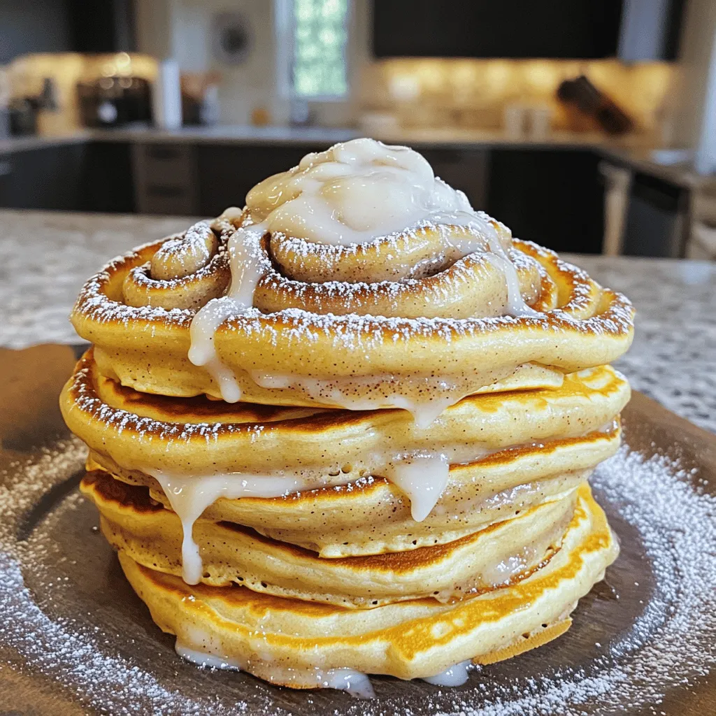 - 1 cup all-purpose flour - 2 tablespoons granulated sugar - 2 teaspoons baking powder - 1/2 teaspoon baking soda - 1/4 teaspoon salt - 1 cup buttermilk (or milk + vinegar substitute) - 1 large egg, lightly beaten - 2 tablespoons unsalted butter, melted - 1 teaspoon vanilla extract - 3 tablespoons brown sugar, packed - 1 tablespoon ground cinnamon - 2 tablespoons unsalted butter, melted - 4 oz cream cheese, softened - 1/2 cup powdered sugar - 2 tablespoons milk - 1 teaspoon vanilla extract When making fluffy cinnamon roll pancakes, the ingredients matter. Each part plays a key role. For the pancakes, I use all-purpose flour because it gives a nice structure. Granulated sugar adds sweetness. Baking powder and baking soda help the pancakes rise. Salt brings out all the flavors. Buttermilk gives the pancakes a tender texture. If you don't have buttermilk, mix milk with vinegar as a quick swap. The egg adds richness, and melted butter makes them extra tasty. Finally, vanilla extract adds a lovely aroma. For the cinnamon swirl, brown sugar and ground cinnamon make that classic flavor we love. The melted butter in this mix helps it swirl into the pancakes smoothly. The cream cheese glaze is a treat. Softened cream cheese makes it creamy. Adding powdered sugar gives sweetness, while milk thins it out for easy drizzling. The vanilla extract adds that final touch of flavor. With all these ingredients ready, you’re set to make these delicious pancakes. For a complete guide, check out the Full Recipe. - In a large mixing bowl, whisk together: - 1 cup all-purpose flour - 2 tablespoons granulated sugar - 2 teaspoons baking powder - 1/2 teaspoon baking soda - 1/4 teaspoon salt - In a separate bowl, combine: - 1 cup buttermilk (or milk plus vinegar) - 1 large egg, lightly beaten - 2 tablespoons melted butter - 1 teaspoon vanilla extract - Gently fold the wet mixture into the dry ingredients until just combined. It’s okay to have lumps; this keeps the pancakes fluffy. - In a small bowl, mix together: - 3 tablespoons packed brown sugar - 1 tablespoon ground cinnamon - 2 tablespoons melted butter - Stir until you reach a smooth, paste-like consistency. This will create the delicious swirl in your pancakes. - Preheat your skillet or griddle over medium heat. You can add a bit of butter or cooking spray if needed. - Pour about 1/4 cup of batter onto the skillet. - Drizzle some of the cinnamon mixture on top in a spiral pattern. - Cook for 2-3 minutes until bubbles form on the surface and edges look set. - Carefully flip the pancake and cook for another 1-2 minutes until it’s golden brown. Repeat this until you've used all the batter. - In a bowl, beat 4 oz of softened cream cheese until smooth. - Gradually mix in: - 1/2 cup powdered sugar - 2 tablespoons milk - 1 teaspoon vanilla extract - Keep mixing until the glaze is creamy and well combined. You can now stack your pancakes high and drizzle the cream cheese glaze over the top for a sweet finish. Enjoy these fluffy cinnamon roll pancakes with your favorite toppings! For the full recipe, check the earlier section. To get the fluffiest pancakes, avoid overmixing the batter. When you mix too much, the pancakes can turn out dense. Just fold the wet and dry ingredients until you see a few lumps. This keeps them light and airy. Always use a preheated non-stick skillet. The right heat helps the pancakes cook evenly. If the skillet is not hot enough, your pancakes may not rise well. For extra richness, add a teaspoon of vanilla extract to the batter. This small change makes a big difference in taste. You can also consider a dash of nutmeg for warmth. It adds a nice depth that complements the cinnamon swirl. Garnish your pancakes with a sprinkle of cinnamon or a drizzle of maple syrup. This adds visual appeal and flavor. Serve with fresh fruit for color and contrast. Berries or sliced bananas make your dish pop and taste fresh. For the full recipe, remember to check the instructions above! {{image_4}} You can easily change up the flavor of your pancakes. Here are two ideas: - Add chocolate chips for a sweet twist. They melt and create pockets of gooey chocolate. - Incorporate nuts for added crunch. Chopped pecans or walnuts add a nice texture. If you have specific dietary needs, here are some options: - Gluten-free option: Use gluten-free flour instead of all-purpose flour. This keeps the pancakes soft and fluffy. - Dairy-free suggestions: Swap out buttermilk for almond milk or coconut milk. Use a plant-based butter for the melted butter. To make your meal complete, try these serving ideas: - Pair with a citrus fruit salad: The bright flavors will balance the sweetness of the pancakes. - Serve alongside breakfast sausages or bacon: The savory taste complements the sweet pancakes well. For more details, check out the Full Recipe. To keep your fluffy cinnamon roll pancakes fresh, store leftovers in an airtight container. This helps maintain their softness. When you're ready to enjoy them again, simply reheat in the microwave or skillet. Both methods work well, but I prefer the skillet for that slight crispiness. If you want to save some pancakes for later, freeze them! Place each pancake between parchment paper to prevent sticking. This way, you can grab just what you need. When you're ready to eat, thaw them in the refrigerator overnight or use the microwave for a quick option. These pancakes taste best when fresh, but you can store them safely. Consume refrigerated pancakes within 3-4 days for the best flavor. If you freeze them, they stay good for up to 2 months. Just remember to label your container, so you know when you made them! To reheat pancakes, you can use a microwave or a skillet. The microwave is quick and easy. Place your pancakes on a plate and heat them for about 20-30 seconds. Check them to see if they are warm enough. If not, heat for a bit longer. The skillet method gives a nice texture. Heat a non-stick skillet over low heat. Place the pancakes in the skillet. Heat for about 1-2 minutes on each side until warm. This method helps keep them fluffy and soft. Yes, you can make the batter ahead! Just mix the dry and wet ingredients separately. Keep them in the fridge until you are ready to cook. When you are ready, combine them. Make sure to not overmix. A few lumps are okay. This helps keep your pancakes fluffy! To make pancakes less sweet, you can simply reduce the sugar in the recipe. Try cutting the granulated sugar to 1 tablespoon instead of 2. You can also skip the glaze if you want. This will help balance the sweetness without losing flavor. Absolutely! You can use different glazes. A maple syrup drizzle adds a classic touch. You can also try a chocolate drizzle for a fun twist. Just melt some chocolate and drizzle it over the top. It gives a rich flavor that pairs well with the pancakes. The right mix of ingredients creates perfect pancakes. Mixing dry and wet components achieves a fluffy texture. Add a cinnamon swirl for sweetness and finish with a creamy glaze. Think about flavor variations and serving ideas to keep it exciting. Store leftovers properly to enjoy later. Now, go make delightful pancakes that everyone will love!