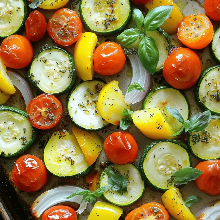 - 1 medium zucchini, thinly sliced - 1 medium yellow squash, thinly sliced - 1 bell pepper (any color), seeded and diced These fresh vegetables bring color and flavor to the dish. Zucchini adds a mild taste and soft texture. Yellow squash offers a sweet note that balances well. Bell peppers add crunch and vibrancy. - 1 cup cherry tomatoes, halved - 1 red onion, cut into wedges - 2 cloves garlic, finely minced Cherry tomatoes burst with juiciness and sweetness. Red onion adds a hint of sharpness. Garlic infuses the dish with rich flavor. Together, they create a medley that shines. - 3 tablespoons extra virgin olive oil - 1 teaspoon dried oregano - 1 teaspoon dried thyme - Salt and freshly ground black pepper to taste Extra virgin olive oil not only helps roast the veggies but also adds depth. Oregano and thyme give an earthy, warm flavor to the mix. Salt and pepper enhance all the tastes, making each bite delightful. For the Full Recipe, check the complete instructions and enjoy your cooking adventure! First, set your oven to 400°F (200°C). This temperature is perfect for roasting. Preheating your oven helps the veggies cook evenly. This step also helps create that nice caramelization. Next, let’s get your vegetables ready. Start by cutting the zucchini and yellow squash into thin slices. Dice the bell pepper into small pieces. Halve the cherry tomatoes and cut the red onion into wedges. Cutting all the veggies the same size helps them cook at the same rate. In a big bowl, mix the sliced zucchini, squash, bell pepper, cherry tomatoes, and onion. Now it’s time to roast! Spread the mixed veggies on a large baking sheet. Make sure they are in a single layer. This helps them roast well without steaming. Place the sheet in your preheated oven. Roast for about 20-25 minutes. Halfway through, stir the veggies gently. This ensures they cook evenly. When done, they should be tender and a little caramelized. Once they’re ready, take the pan out of the oven. Let it cool for a couple of minutes before serving. Garnish with torn fresh basil leaves for extra flavor. For the full recipe, check out the instructions above. Enjoy your colorful and tasty One Pan Summer Veggie Medley! To get a nice caramelization on your veggies, make sure they are dry. Pat them with a paper towel to remove excess moisture. This helps them roast better and develop that golden color. Arrange the veggies in a single layer on the pan. If they are too close together, they will steam instead of roast. Adding fresh herbs can boost the flavor of your dish. Try basil, parsley, or thyme. These herbs add freshness and aroma. You can also experiment with different oils or spices. For a kick, use chili oil or add paprika. For a beautiful presentation, serve your veggie medley on a large platter. Arrange the vegetables in a colorful way. Drizzle some extra olive oil on top for shine. You can also pair this dish with proteins like grilled chicken or fish. Quinoa or brown rice will also make it more filling. For the full recipe, check out the link. {{image_4}} What can you use in spring versus summer? In spring, consider using asparagus, sugar snap peas, and radishes. These vegetables bring freshness and crunch. In summer, stick with zucchini, bell peppers, and cherry tomatoes. They shine in the heat and add vibrant colors to your dish. What local vegetables should you consider? Head to your farmer’s market for the best choices. Look for fresh, in-season veggies. They taste better and support local farms. You might find heirloom tomatoes, colorful peppers, or even fresh herbs. What about vegan and gluten-free options? This recipe is vegan-friendly already! Just check that your olive oil is pure. For gluten-free needs, all the ingredients work perfectly. You can enjoy this dish without worry. Are there low-carb options? Yes! You can swap out the zucchini and squash for cauliflower or broccoli. Both add a hearty feel. You still get that great roasted taste without the carbs. What’s the difference between stovetop and oven roasting? Stovetop cooking is quick and allows for easy stirring. Use a large skillet and cook over medium heat. Oven roasting gives you even cooking and caramelization. It’s perfect for a large batch. Can you grill these veggies for a smokier flavor? Absolutely! Toss the seasoned vegetables in a grill basket and cook over medium heat. This method adds a nice char and depth of flavor. It’s perfect for summer gatherings! For the Full Recipe, check out the complete instructions to create your delicious One Pan Summer Veggie Medley. How long does the One Pan Summer Veggie Medley last in the fridge? When stored properly, it lasts about 3-5 days. Make sure to let it cool before putting it in the fridge. What are the best storage containers? Use airtight containers or glass jars. These keep the veggies fresh and prevent smells from mixing with other foods. What methods can I use to reheat without losing flavor? The best way is to use the oven. Preheat it to 350°F (175°C) and place the veggies on a baking sheet. Cover with foil to keep moisture in. What are the ideal cooking times? Reheat for 10-15 minutes until warm. You can also use a microwave but check every 30 seconds to avoid overcooking. What are the best practices for freezing? First, let the medley cool completely. Then, place it in freezer bags, removing as much air as possible. How do I thaw and use frozen veggies? Thaw them in the fridge overnight. For quick use, microwave on low power. You can also add them directly to soups or stir-fries without thawing. Yes, you can use frozen vegetables. They save time and are easy to find. However, frozen veggies often have more water. This can make your dish a bit watery. To fix this, you can thaw them first. Pat them dry with a towel before cooking. Fresh veggies have a better taste and crunch. They also keep their bright colors when cooked. You can try many herbs in this medley. Fresh parsley or cilantro adds a nice touch. You can also use fresh dill or tarragon for a unique flavor. If you want dried herbs, try rosemary or basil. Mix and match to find your favorite taste. Each herb brings its own magic to the dish. To make this dish more filling, think about adding protein or grains. Chickpeas or black beans work great. They add protein and fiber. You can also serve the veggie medley over rice or quinoa. This gives you a hearty meal. For a fun twist, add some cooked pasta. This will make it more satisfying. A serving of the One Pan Summer Veggie Medley is packed with nutrients. It has about 150 calories. You also get fiber, vitamins, and minerals. This dish is low in fat because of the olive oil. It is rich in vitamins A and C from the veggies. Eating this medley helps you stay healthy and feel good. This blog post shared a simple guide to roasting fresh vegetables. We covered the best ingredients, from zucchini to garlic, and how to prepare them for roasting. I shared step-by-step instructions to make the process easy. You learned tips for perfect flavor and ways to adapt the recipe for your needs. Finally, I provided storage and reheating advice to keep your veggies fresh. Enjoy roasting and experimenting with your favorite ingredients!