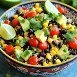 - 1 cup quinoa, rinsed thoroughly - 1 can (15 oz) black beans, drained and rinsed - 1 cup corn kernels - 1 medium red bell pepper, diced into bite-sized pieces - 1 ripe avocado, diced - 1 cup cherry tomatoes, halved for a burst of sweetness - 1/4 cup red onion, finely chopped for a hint of sharpness - 1/4 cup fresh cilantro, roughly chopped to enhance flavor - 1 teaspoon ground cumin for warmth - 1 teaspoon chili powder for a mild kick - Juice of 1 lime, freshly squeezed for brightness - 3 tablespoons olive oil, extra virgin for richness - Salt and pepper, to taste With these ingredients, you can create a colorful and tasty Southwest Quinoa Salad. This dish is fresh and full of flavor. The quinoa serves as a great base, giving you a nutty taste and a good source of protein. Black beans add fiber and stay filling. Corn kernels bring sweetness and crunch. Each vegetable adds its own unique touch. The spices like cumin and chili powder give your salad warmth and a bit of spice. Lime juice and olive oil work together to bring a zesty twist, making each bite bright and fresh. For the full recipe, check out the detailed steps that guide you through the cooking process. This salad is perfect for lunch, dinner, or a party, and it’s easy to make! To cook the quinoa, start by rinsing it thoroughly. This removes the bitter coating called saponins. In a medium pot, combine the rinsed quinoa and vegetable broth. Bring this mix to a boil over medium-high heat. Once it boils, lower the heat. Cover the pot and let it simmer for about 15 minutes. The liquid will absorb, and the quinoa will become fluffy. After this, remove it from heat but keep it covered for 5 more minutes. This steaming step makes it light and airy. While the quinoa cooks, prepare the salad ingredients. In a large bowl, mix the black beans, corn, diced red bell pepper, and halved cherry tomatoes. These ingredients add color and texture. Next, add the diced avocado and chopped cilantro. This will enhance the flavor and freshness. Gently mix everything together. Be careful with the avocado, so it stays intact and doesn’t turn mushy. Now, let’s make the dressing. In a small bowl, whisk together lime juice and olive oil. These two ingredients create a bright and rich flavor. Add ground cumin and chili powder for warmth and a mild kick. Season with salt and pepper to taste. The dressing brings all the flavors together nicely. Once the quinoa cools a bit, add it to your mixing bowl with the salad. Toss everything gently to ensure even coating with the dressing. This step helps all the ingredients blend well. Make sure every bite has a bit of each ingredient for the best taste. For serving, you can plate the salad in a large bowl. This makes an inviting presentation. Garnish with extra avocado slices, fresh cilantro, and lime wedges for a pop of color. If you have time, chill the salad in the fridge for at least 30 minutes. This helps the flavors develop and makes it even more refreshing. The full recipe provides all the details you need to create this delicious Southwest Quinoa Salad. Enjoy! Selecting fresh produce is key for this salad. Look for vibrant colors and firm textures. Choose red bell peppers that feel heavy and have a shiny skin. For tomatoes, pick ones that are plump and fragrant. When it comes to quinoa, the best type for flavor is tri-color quinoa. It has a nutty taste and adds visual appeal. Rinse the quinoa well to remove its natural coating, called saponin. This step helps reduce bitterness. Adjusting seasoning is a simple way to make this dish your own. Start with salt and pepper, but feel free to add more lime juice or spices. Taste as you go to find your perfect balance. To keep ingredients fresh, add the avocado right before serving. This helps it stay green and appealing. Storing the salad without the avocado also prevents browning. For make-ahead tips, cook the quinoa the day before. It keeps well in the fridge. This way, you save time when making the salad. Store leftovers in an airtight container. The salad lasts about three days in the fridge. If you want to keep it longer, consider freezing the quinoa and beans separately. Thaw them in the fridge before use for best results. You can find the Full Recipe to guide you from start to finish! {{image_4}} You can boost the protein in your Southwest Quinoa Salad easily. - Grilled chicken adds a nice smoky flavor. - Shrimp brings a sweet touch. - For a vegetarian option, use tofu or tempeh. Both options soak up flavors well. These proteins fit perfectly with the salad's taste and texture. Feel free to mix and match ingredients based on what you have. - Use black-eyed peas or chickpeas instead of black beans. - Swap quinoa for bulgur or farro for a different grain. - Choose seasonal veggies like zucchini or bell peppers for added color and crunch. These swaps keep the dish fresh and exciting. The dressing can change the whole vibe of your salad. - For a kick, try a spicy dressing with jalapeños or hot sauce. - Use an herb-based dressing with fresh parsley or basil for a bright taste. - If you prefer creamy, a yogurt-based dressing adds richness without the heaviness. Experiment with these ideas to find your favorite flavor. For the full recipe, check out the Full Recipe section. Store your Southwest Quinoa Salad in an airtight container. This keeps it fresh and safe. The salad stays good for up to four days in the fridge. If you add avocado, it may brown faster. To slow this down, add lime juice to the avocado before mixing it in. This tip helps keep your salad vibrant and tasty longer. You can freeze the quinoa salad, but it works best without fresh avocado. To freeze, place the salad in a freezer-safe container. Leave a little space at the top to allow for expansion. When ready to eat, thaw it overnight in the fridge. For the best taste, use it within three months. When reheating, I suggest using the stovetop. It helps keep the flavors bright. Heat it gently over low heat, stirring often. If using a microwave, heat in short bursts. Stir between each burst to avoid hot spots. Always check the taste and adjust seasoning after reheating. Your salad deserves to stay delicious! Yes, quinoa is gluten-free. It comes from a seed, not a grain. This makes it a great choice for those with gluten allergies. You can enjoy it without worry. Quinoa is also high in protein and fiber. It is a healthy addition to your plate. Quinoa usually takes about 15 minutes to cook. First, rinse it well to remove any bitterness. Then, combine the rinsed quinoa with vegetable broth in a pot. Bring it to a boil, then reduce the heat to low. Cover and let it simmer until the liquid is absorbed. After cooking, let it sit covered for five more minutes. This helps it become fluffy. Yes, you can substitute other grains. For example, rice or barley work well in this salad. Brown rice adds a nice chewiness. Barley gives a hearty texture. Just remember that cooking times may vary for different grains. Adjust the recipe as needed. This salad pairs well with many dishes. You can serve it alongside grilled chicken or fish. Tacos or burritos also complement its flavors. For a light meal, enjoy it with a simple soup. The salad adds freshness to any plate. To add heat, try using jalapeños or hot sauce. You can mix diced jalapeños into the salad. For a kick, add extra chili powder to the dressing. Another option is to use spicy olive oil. Start with small amounts, then adjust to your taste. Enjoy the zesty twist! Southwest Quinoa Salad is simple and full of flavor. We combined hearty quinoa, black beans, and fresh veggies for a healthy meal. Our spices, like cumin and chili powder, add a nice kick. Remember, you can swap ingredients or add grilled chicken for more protein. Store leftovers properly to keep them fresh. This salad is not just good for today; it’s great for meal prep, too. Enjoy making and sharing this tasty dish!