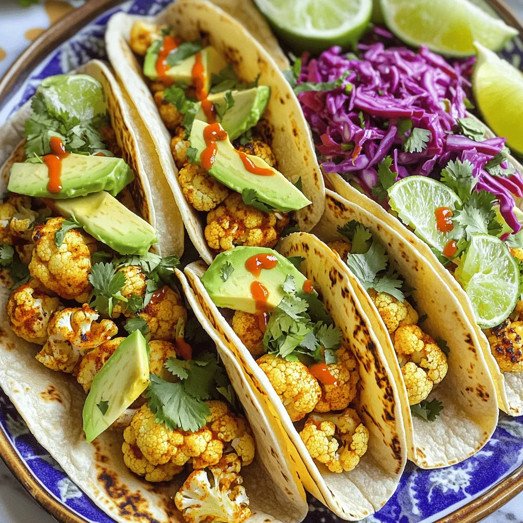 To make delicious roasted cauliflower tacos, you need fresh and simple ingredients. Here’s what you will need: - 1 medium head of cauliflower, cut into bite-sized florets - 2 tablespoons extra virgin olive oil - 1 teaspoon smoked paprika - 1 teaspoon ground cumin - 1 teaspoon garlic powder - Sea salt and freshly cracked black pepper - 8 small corn tortillas - 1 ripe avocado, sliced into wedges - ½ cup red cabbage, finely shredded - 1 cup fresh cilantro, roughly chopped - Lime wedges, for serving - Your favorite hot sauce, for drizzling These ingredients work together to create a meal that is both tasty and easy to make. The cauliflower brings a hearty base, while the spices add rich flavors. The tortillas hold everything together, and the toppings give it a fresh crunch. If you follow the full recipe, you’ll enjoy a meal that is colorful and healthy. - Preheat the oven to 425°F (220°C). - Line a baking sheet with parchment paper. Toss the cauliflower florets in a large bowl with olive oil. Add smoked paprika, ground cumin, garlic powder, sea salt, and black pepper. Mix well to coat all the florets evenly. This step adds flavor and helps them roast nicely. Spread the seasoned cauliflower on the lined baking sheet. Ensure they are in a single layer. Roast for 25-30 minutes. Flip the florets halfway through cooking. This helps them cook evenly and become golden brown. While the cauliflower roasts, warm the corn tortillas. Use a skillet over medium heat for about 30 seconds on each side. You can also wrap them in foil and warm them in the oven. Warm tortillas make the tacos more enjoyable. Once the cauliflower is ready, take it out of the oven. On each tortilla, add a generous amount of roasted cauliflower. Top with avocado slices, shredded red cabbage, and chopped cilantro. These toppings add texture and freshness to your tacos. Serve the tacos right away. Include lime wedges for squeezing on top. Add hot sauce for those who like heat. Enjoy your delicious Roasted Cauliflower Tacos! For the full recipe, check the details above. To get the best texture, you must roast the cauliflower right. Start by cutting the cauliflower into bite-sized pieces. This helps them cook evenly. When you mix the florets with olive oil and spices, ensure they are well-coated. Spread them out on the baking sheet. If they are too close together, they may steam instead of roast. Flip them halfway through to get that nice golden brown color. This way, each piece is crispy and tender. Adding toppings can take your tacos to the next level. Try adding fresh slices of jalapeño for heat. A sprinkle of queso fresco gives a creamy touch. You can also drizzle a tangy yogurt sauce for extra flavor. If you're feeling adventurous, add pickled onions for a zesty kick. Each topping can change the taste, so mix and match according to your mood. How you arrange your tacos can make them pop. Use a bright platter to serve them. Stack the tortillas neatly and add the roasted cauliflower on top. Then, layer the avocado and cabbage for color. Finish with a sprinkle of cilantro. Don't forget to place lime wedges around the platter. This not only looks nice but also makes it easy for guests to add a splash of lime juice. For the full recipe, check out the link above. {{image_4}} For a vegan twist, try using different toppings. Instead of cheese, use cashew cream. You can make it by blending soaked cashews with lemon juice and water. If you want a creamy texture, add a bit of tahini. You can also swap corn tortillas for lettuce wraps. They are fresh and low-carb. Spices can change the whole feel of your tacos. For a spicy kick, add chili powder or cayenne. If you like a smoky flavor, use chipotle powder. You can also mix in some fresh herbs. Try fresh dill or mint for a unique taste. Don’t forget to experiment with different salsa too! Adding protein makes your tacos heartier. Try black beans or pinto beans for a filling option. You can also add grilled chicken or shrimp if you want meat. For plant-based protein, try lentils or chickpeas. Mix them with the roasted cauliflower for a delightful blend. For the complete recipe, check the [Full Recipe]. To keep your roasted cauliflower tacos fresh, store them in an airtight container. Separate the tortillas from the filling. This prevents sogginess. Place the cauliflower, avocado, cabbage, and cilantro in the container. Use parchment paper to line the container for extra protection. You can keep the leftovers in the fridge for up to three days. When it's time to enjoy your leftovers, reheating is key. For the best taste, use a skillet. Heat it over medium heat and add the cauliflower. Stir it gently for about three to four minutes. You can also microwave the cauliflower for about 30 seconds to a minute. Just make sure it warms evenly. Warm the tortillas separately for a few seconds in the skillet or microwave. If you want to save some tacos for later, freezing is a great option. Freeze the roasted cauliflower in a single layer on a baking sheet first. Once frozen, transfer it to a freezer bag. You can freeze it for up to three months. Avoid freezing the tortillas and fresh toppings. Add those when you are ready to eat the tacos. For the best taste, defrost the cauliflower overnight in the fridge before reheating. For the full recipe, check out the complete guide on how to make these delicious tacos! To make roasted cauliflower tacos, follow these simple steps: 1. Preheat your oven to 425°F (220°C). 2. Cut the cauliflower into bite-sized florets. 3. Toss the florets with olive oil, smoked paprika, cumin, garlic powder, salt, and pepper. 4. Spread them on a baking sheet and roast for 25-30 minutes, flipping halfway. 5. Warm corn tortillas in a skillet or oven. 6. Assemble tacos with roasted cauliflower, avocado, cabbage, and cilantro. 7. Serve with lime wedges and hot sauce. You can find the full recipe in the article above. Yes, you can prepare the cauliflower ahead of time. Cut the cauliflower into florets a day before. Store them in an airtight container in the fridge. You can also mix the spices with olive oil and store that separately. This helps save time on taco night. Just remember to roast the cauliflower before serving. Roasted cauliflower tacos pair well with many side dishes and drinks. Here are some ideas: - A fresh green salad with lime dressing - Cilantro lime rice for added flavor - Black beans for protein - A zesty corn salad - Refreshing drinks like lemonade or a light beer These sides will enhance your meal and complement the tacos. Yes, roasted cauliflower tacos can be gluten-free. Use small corn tortillas, as they are naturally gluten-free. Always check the package to confirm there are no added gluten ingredients. This way, you can enjoy these tasty tacos without worry. In this post, I covered how to make Roasted Cauliflower Tacos. We discussed ingredients, step-by-step instructions, and tips to perfect your dish. I shared variations to suit different diets and some great storage methods for leftovers. Try these tacos for a tasty meal that packs flavor and nutrition. Enjoy experimenting with spices and toppings. Your culinary skills will shine, and your taste buds will thank you!