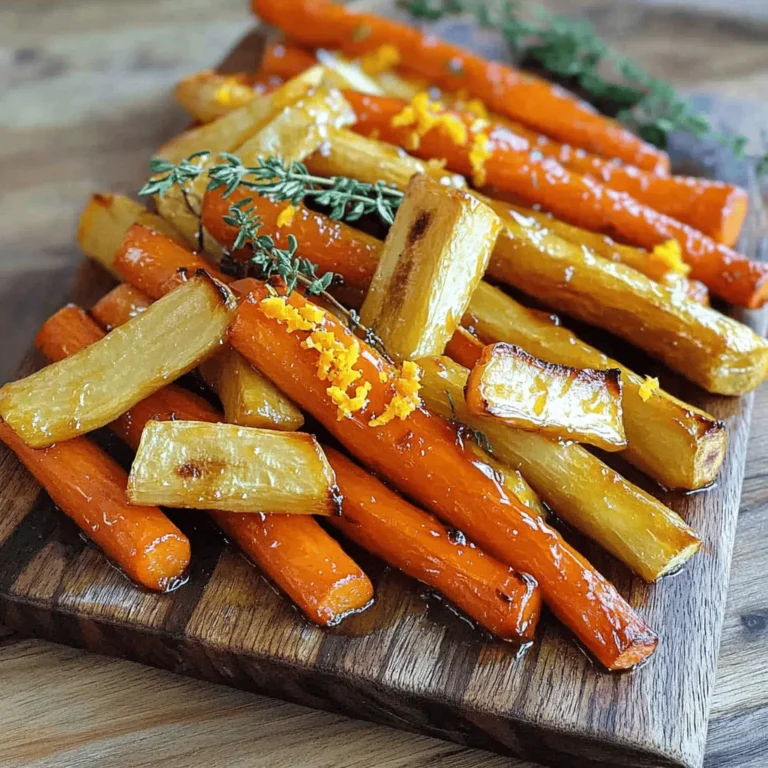 - 4 medium carrots - 4 medium parsnips - 3 tablespoons honey - 2 tablespoons extra-virgin olive oil - 1 teaspoon fresh thyme leaves - Salt and black pepper - Zest of 1 orange - 1 tablespoon balsamic vinegar (optional) - Baking sheet - Parchment paper - Mixing bowls - Whisk - Approximate calories per serving: 120 - Key vitamins and minerals in carrots and parsnips: Vitamin A, Vitamin C, potassium, and fiber Honey roasted carrots and parsnips are a sweet and savory side dish. The bright colors and natural sweetness make them a hit at any meal. I love how simple these ingredients are. Fresh carrots and parsnips bring flavor and health benefits. The honey adds a lovely glaze that caramelizes while roasting. For tools, you will need a baking sheet lined with parchment paper. This helps with easy cleanup. Mixing bowls and a whisk are also essential for making the glaze. About the nutrition, both carrots and parsnips are packed with vitamins. They are rich in Vitamin A, which supports eye health. You also get Vitamin C, which helps boost your immune system. Potassium in these veggies aids heart health, while fiber supports digestion. If you want to learn more, check out the [Full Recipe]. It has all the steps to make this tasty side dish. - Set temperature to 400°F (200°C) - Prepare the baking sheet with parchment Start by preheating your oven. This helps the carrots and parsnips cook evenly. Use parchment paper on your baking sheet. This makes cleanup easy and keeps the veggies from sticking. - Peel and cut carrots and parsnips into sticks Next, grab your carrots and parsnips. Peel them well. Cut each vegetable into sticks. Aim for uniform pieces. This helps them cook at the same rate. - Mix honey, olive oil, thyme, salt, pepper, and orange zest In a bowl, mix honey and olive oil. Add fresh thyme, salt, and pepper. For a zesty kick, include orange zest. This glaze brings a sweet and savory flavor that enhances the veggies. - Toss vegetables in honey glaze - Ensure even coating Pour the glaze over your vegetable sticks. Toss them gently to coat evenly. Each piece should have a nice layer of glaze. This step is key for flavor. - Spread vegetables in a single layer - Avoid overcrowding Spread the coated carrots and parsnips on the baking sheet. Make sure they sit in a single layer. Avoid overcrowding, as this helps them roast well and caramelize. - Roast for 25-30 minutes - Turn halfway through Place the baking sheet in the oven. Roast for 25-30 minutes. Halfway through, turn the vegetables. This helps them brown evenly. Check for tenderness; they should be soft and caramelized. For the full recipe, refer to the details above. Enjoy creating this tasty side dish! To get your carrots and parsnips caramelized perfectly, here are some tips: - Cut Evenly: Make sure all pieces are about the same size. This helps them cook evenly. - Single Layer: Spread the veggies in one layer on your baking sheet. This keeps them from steaming. - High Heat: Roasting at 400°F (200°C) gives you a nice golden color. The right baking sheet matters too. A heavy-duty, dark baking sheet works best. It absorbs heat well and promotes browning. If you use a shiny sheet, your veggies may not caramelize as much. You can adjust sweetness or saltiness in this dish. If you want it sweeter, add more honey. If it’s too sweet, add more salt. A pinch of salt enhances the flavor of the honey. For a twist, try different flavors for honey. Maple syrup or agave nectar can work well. They add a unique taste and keep the dish sweet. For serving, you can be creative! Use a rustic wooden board or a vibrant platter. This makes your dish stand out. Garnish with fresh thyme leaves or a sprinkle of orange zest. This adds color and makes the dish look fresh. A few nuts can also add crunch and flavor. Enjoy serving this tasty side dish! For the full recipe, check out the details above. {{image_4}} You can change the sweet flavor by using maple syrup or agave nectar. Both options give a nice twist. Maple syrup adds a rich taste that pairs well with the earthy roots. Agave nectar is lighter and has a subtle flavor. Swap honey for either in equal amounts. This keeps the sweetness but adds new flavors. Adding garlic or ginger can take your dish to the next level. Garlic gives a warm, savory note that balances the sweetness well. Ginger adds a spicy kick that brightens the dish. You can also try different spice blends. Cinnamon or nutmeg can add warmth. A pinch of cumin gives a fun twist. Mix and match until you find your favorite flavor. Feel free to add more root vegetables to the mix. Sweet potatoes, beets, or turnips work well and add color. Just remember to cut them into similar sizes. This ensures even cooking. You may need to adjust the cooking time. Denser veggies like sweet potatoes may need a few extra minutes. Always check for tenderness with a fork before serving. To keep your honey roasted carrots and parsnips fresh, place them in the fridge. Use an airtight container to prevent moisture loss. You can also cover them with plastic wrap. Aim to eat leftovers within three days for the best taste. The best way to reheat these veggies is in the oven. Set the oven to 350°F (175°C). Spread the carrots and parsnips on a baking sheet. Heat for about 10-15 minutes. This method keeps them crispy. You can also use the microwave, but this may make them soft. Heat for 1-2 minutes. Check often to avoid overcooking. If you want to save some for later, you can freeze them. First, let the carrots and parsnips cool completely. Then, place them in a freezer-safe bag. Remove as much air as possible. You can freeze them for up to three months. To keep the flavor, reheat them directly from the freezer. This method helps keep the taste and texture. Yes, you can prep honey roasted carrots and parsnips ahead. - Peel and cut the carrots and parsnips. - Store them in a sealed container in the fridge. - Mix the glaze and keep it in a separate container. - When ready, just mix and roast. These roasted veggies pair well with many dishes. - Serve them alongside roasted chicken for a hearty meal. - They also go great with grilled fish for a light option. - Try them with a savory shepherd's pie for a cozy dinner. Yes, honey roasted carrots and parsnips are quite healthy. - They are full of vitamins A and C, which boost immunity. - Carrots have fiber, good for digestion. - Parsnips offer potassium, helping control blood pressure. - Just watch the honey if you need to limit sugar. If parsnips are hard to find, you have options. - Turnips work well as a substitute. - Sweet potatoes can add a nice twist, too. - Just adjust cooking time since they may roast differently. For the full recipe to make this tasty side dish, check out the [Full Recipe]. You now have a clear guide to making honey roasted carrots and parsnips. Start with the right ingredients and tools for success. Follow the step-by-step instructions to achieve a sweet and savory dish. Remember, tips about seasoning and variations let you personalize your cooking experience. Proper storage and reheating techniques help keep your leftovers fresh. Enjoy the health benefits of these veggies, and don’t hesitate to explore flavors. Try creating this dish today for a tasty addition to your meals. Happy cooking!
