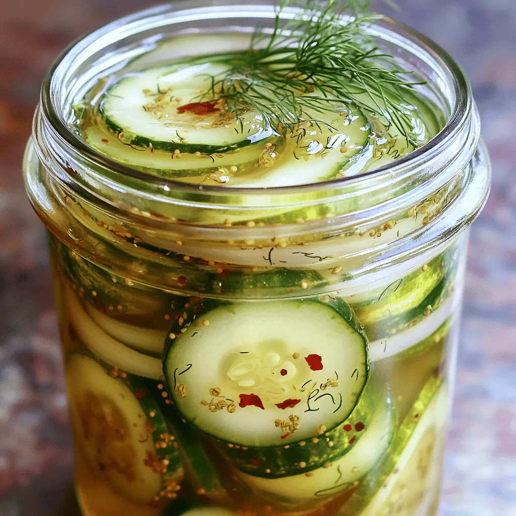 - 4 medium cucumbers, thinly sliced into rounds - 1 cup apple cider vinegar - 1 cup granulated sugar - 1 tablespoon kosher salt - 1 teaspoon mustard seeds - 1 teaspoon dill seeds - 1 teaspoon garlic powder - 1/2 teaspoon red pepper flakes (optional for a spicy kick) - 1/2 onion, thinly sliced - Fresh dill sprigs for garnish Sweet and tangy refrigerator pickles burst with flavor. Each bite offers a mix of crunch and zest. I love how simple ingredients can create such a delightful treat. The cucumbers provide a refreshing bite. The apple cider vinegar adds tanginess. Sugar balances the sharpness with sweetness. Kosher salt enhances the flavors while helping preserve the pickles. Mustard seeds and dill seeds introduce unique flavors. Garlic powder gives an extra layer of depth. Red pepper flakes add a spicy touch if you want heat. Onions bring an aromatic sweetness. Fresh dill sprigs elevate the taste and look of the pickles. Use high-quality ingredients for the best flavor. For a full recipe, check out the link. Enjoy making these pickles and savor the flavor explosion! To make the brine, start with a bowl. Pour in 1 cup of apple cider vinegar. Next, add 1 cup of granulated sugar and 1 tablespoon of kosher salt. Stir this mixture well. You want the sugar and salt to dissolve completely. This brine will give your pickles their sweet and tangy flavor. Now, let’s spice things up! Add 1 teaspoon of mustard seeds, 1 teaspoon of dill seeds, and 1 teaspoon of garlic powder. If you like heat, sprinkle in 1/2 teaspoon of red pepper flakes. Mix everything again. The spices will add depth to the brine. Now it’s time to prepare the cucumbers and onion. Take 4 medium cucumbers and slice them into thin rounds. You want them to be about 1/4 inch thick. Then, slice 1/2 onion thinly as well. Grab a clean glass jar. Start layering the cucumber slices and onion slices alternately. This way, every bite will have a mix of flavors. Once the jar is full, carefully pour the brine over the veggies. Ensure all the slices are submerged. This helps the pickles absorb all those delicious flavors. Next, seal the jar tightly with its lid. Give it a gentle shake to mix everything together. Now, place the jar in the refrigerator. The pickles need to marinate for at least 24 hours. For the best flavor, let them rest for 48 hours. After waiting, your sweet and tangy refrigerator pickles are ready to enjoy. For an extra touch, add fresh dill sprigs before serving. This will make your pickles look great and taste even better. For the full recipe, check out the complete instructions. To make sweet and tangy refrigerator pickles, you want full flavor. This means you must submerge the cucumbers in the brine. If they float, they won't absorb all the tangy goodness. I like to place a small weight on top. A clean, heavy lid or a small jar can do the trick. Recommended marination time: Let the cucumbers soak in the brine for at least 24 hours. For the best taste, wait 48 hours. This gives the flavors time to mingle and deepen. Using fresh ingredients is key. Choose firm cucumbers and vibrant onions. Freshness impacts both taste and crunch. Tips for cleaning jars: Start by washing the jars with hot, soapy water. Rinse them well. Then, you can also sterilize them. Place them in boiling water for a few minutes. This step ensures no bad bacteria spoil your pickles. By following these tips and tricks, you can create the perfect sweet and tangy refrigerator pickles that burst with flavor! {{image_4}} You can change the spice level of your pickles easily. Just add different chili peppers for heat. For a mild kick, use sweet peppers. For more heat, try jalapeños or serranos. You can chop them finely and mix them into the brine. You can also infuse your pickles with herbs like thyme or rosemary. Just add a few sprigs to the jar. These herbs will give your pickles a fresh, earthy flavor. It’s fun to experiment with different combinations until you find your favorite! Not everyone loves sweet pickles. You can reduce the sugar in the recipe for less sweetness. Start with half the sugar and taste as you go. Adjust until it suits your taste buds. You can also explore alternative sweeteners. Consider using honey or maple syrup. These options add unique flavors and can be healthier. Make sure to balance the sweet with the tangy for the best results. For the full recipe, check the Sweet and Tangy Refrigerator Pickles section. Enjoy making your pickles truly your own! To keep your sweet and tangy refrigerator pickles fresh, choose the right container. A clean glass jar with a tight lid works best. Glass helps keep the pickles crisp and tasty. Avoid plastic containers because they can trap air and cause spoilage. Next, store your jar in the coldest part of your fridge. The ideal temperature is around 35°F to 40°F. This prevents bacteria growth and keeps flavors intact. How long do the pickles last? When stored properly, sweet and tangy refrigerator pickles can last up to four weeks. Their taste will get better as they sit. Look for signs of spoilage. If you see mold or smell something off, it’s best to toss them. Also, if the pickles become soft or mushy, they are no longer good. Always trust your senses for the best experience when enjoying your pickles. Yes, you can! Try carrots, radishes, or green beans. All these veggies work great. Just slice them thinly like cucumbers. You can even mix different vegetables for fun. Each will bring its own taste and crunch. The pickles need at least 24 hours in the fridge. However, I recommend waiting 48 hours. This time helps the flavors blend well. The longer they sit, the tastier they become. You can even taste one after 24 hours to check, but patience pays off! Canning is different from refrigeration. These pickles are best for quick storage. Canning involves heat to seal jars for long use. If you want long-term storage, you should follow proper canning methods. This recipe is all about fresh flavors, so stick to refrigeration for the best taste. No problem! You can swap spices based on what you have. For mustard seeds, use celery seeds. Dill seeds can be replaced with fresh dill. Garlic powder is easy to replace with fresh garlic, just chop it finely. Get creative with what you have on hand! These pickles shine as a side dish. Serve them with sandwiches or burgers for a zesty crunch. You can also add them to salads for extra flavor. Try them as a snack on their own, or with cheese and crackers. They are fun and versatile! This post covered how to make sweet and tangy refrigerator pickles. You learned about ingredients like cucumbers, vinegar, and spices. I shared steps to prepare the brine, layer the ingredients, and marinate the pickles. I also included tips for flavor, variations for spice, and best storage practices. Making these pickles is simple and fun. You can adjust flavors to suit your taste. Enjoy your homemade pickles in many tasty ways!