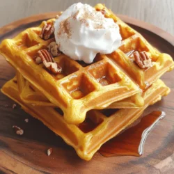To make delicious pumpkin spice waffles, gather these items: - 1 cup all-purpose flour - 1 cup pumpkin puree (canned or homemade) - 2 tablespoons brown sugar - 1 teaspoon baking powder - 1 teaspoon baking soda - 1 teaspoon ground cinnamon - 1/2 teaspoon ground nutmeg - 1/2 teaspoon ground ginger - 1/4 teaspoon salt - 2 large eggs - 1/2 cup milk (dairy or non-dairy) - 1/4 cup vegetable oil or melted coconut oil - 1 teaspoon vanilla extract If you don’t have all the items, here are smart swaps: - Use whole wheat flour instead of all-purpose flour for a nuttier taste. - Substitute maple syrup or honey for brown sugar if you want a different sweetener. - For a dairy-free option, almond milk or oat milk works well. - Instead of eggs, try a flax egg (1 tablespoon ground flaxseed mixed with 2.5 tablespoons water) for a vegan choice. - Coconut oil can replace vegetable oil for a hint of coconut flavor. Choosing the right ingredients makes a big difference. Here are my tips: - Look for pure pumpkin puree, not pumpkin pie filling, to avoid added sugars. - Fresh spices give better flavor than old jars. Check dates on labels. - Choose organic eggs for the best taste and quality. - For milk, pick unsweetened varieties to control sweetness. - If using canned goods, check for BPA-free cans for better health. For the full recipe, follow the specific steps to create these delightful waffles! First, you need to preheat your waffle iron. Check the manufacturer’s guide for instructions. This step helps make sure your waffles cook evenly and come out crispy. In a large bowl, mix the dry ingredients. Add 1 cup of all-purpose flour, 2 tablespoons of brown sugar, 1 teaspoon baking powder, 1 teaspoon baking soda, 1 teaspoon ground cinnamon, 1/2 teaspoon ground nutmeg, 1/2 teaspoon ground ginger, and 1/4 teaspoon salt. Whisk them together well. This ensures all the flavors blend nicely. In another bowl, combine the wet ingredients. Use 1 cup of pumpkin puree, 2 large eggs, 1/2 cup of milk, 1/4 cup of vegetable oil or melted coconut oil, and 1 teaspoon of vanilla extract. Whisk these until smooth and creamy. This step adds moisture and richness to your waffles. Now, pour the wet mixture into the bowl with the dry ingredients. Gently stir them together with a spatula. Mix just until combined. It’s okay if there are a few small lumps. Overmixing can make your waffles tough. Lightly grease your preheated waffle iron with non-stick spray or oil. Pour about 1 cup of batter into the center. Close the waffle iron and let it cook. This usually takes about 5-7 minutes, but check your waffle iron's instructions for the best timing. Once cooked, carefully take out the waffle and place it on a cooling rack. Repeat with the rest of the batter. To serve, drizzle warm waffles with maple syrup. Top with whipped cream and a sprinkle of cinnamon or chopped pecans. You can also add a slice of pumpkin or fresh seasonal fruits for extra flavor. This makes your breakfast not only tasty but also beautiful! Check out the Full Recipe to get all the details. To get the best waffle texture, focus on the batter. Do not overmix the batter. A few lumps are fine. This helps the waffles stay light and fluffy. Also, consider your waffle iron settings. Each model can cook differently. Experiment to find the right time for golden, crispy waffles. If you have extra waffles, store them correctly. Let them cool first. Then, place them in an airtight container. This keeps them fresh longer. You can also wrap them in foil. Store them in the fridge for up to three days. For longer storage, freeze them. Reheating waffles can be tricky. For the best results, use a toaster or oven. A toaster gives you that crispiness back. If using an oven, preheat it to 350°F. Place the waffles on a baking sheet. Heat for about 5-10 minutes. This warms them through without making them soggy. For full instructions and more tips, check out the Full Recipe. {{image_4}} You can easily make pumpkin spice waffles healthier. For a gluten-free version, swap all-purpose flour for almond or oat flour. Use a gluten-free baking mix if you prefer. To make it vegan, replace eggs with flax eggs or applesauce. Use almond milk or coconut milk instead of dairy milk. This keeps the flavor and texture while being lighter. You can personalize your waffles with fun add-ins. Try adding chocolate chips or nuts to the batter for extra crunch. Chopped apples or raisins can give a fruity twist. For toppings, maple syrup is a classic choice. You can also use honey or agave syrup. Fresh fruits like berries or banana slices add color and taste. A sprinkle of powdered sugar can make them look fancy. These waffles shine during fall and winter! Add a pinch of cloves for a warm spice. You can also stir in some chopped pecans for a nutty flavor. For a festive touch, try serving with cranberry sauce or spiced apples. These seasonal variations make your breakfast special. You can enjoy the cozy feeling of the holidays with every bite. Check out the Full Recipe for more ideas! To keep your pumpkin spice waffles fresh, store them in the fridge. Place the waffles in an airtight container. This method helps them stay soft and tasty. They will stay good for about 3-4 days. Always let the waffles cool to room temperature before sealing them. If you want to keep your waffles longer, freezing is the best choice. First, let the waffles cool completely. Then, stack them with parchment paper between each one. Place the stack in a freezer bag or airtight container. They can stay frozen for up to 2 months. When you’re ready to eat them, just pop them in the toaster or microwave. To keep your waffles fresh, avoid stacking them without paper in between. This can cause sogginess. For reheating, use a toaster for crispiness. Microwaving works, but the waffles may lose some crunch. Enjoy your pumpkin spice waffles warm with maple syrup or your favorite toppings! No, you should not use pancake batter for waffles. Waffle batter is thicker than pancake batter. This thickness helps create the crispy texture that waffles are known for. Pancake batter lacks the right balance of ingredients for this. If you want to make waffles, stick to a proper waffle recipe like the Full Recipe. To make your waffles crispy, follow these tips: - Preheat your waffle iron well before adding the batter. - Use a little more oil in the batter. This helps with crispiness. - Cook the waffles until they are golden brown. If they are undercooked, they will be soft. - Let them cool on a wire rack instead of stacking them. This prevents steam from making them soggy. The best way to serve pumpkin spice waffles is warm with toppings. Here are some ideas: - Drizzle with maple syrup for sweetness. - Add whipped cream for a rich touch. - Sprinkle cinnamon or nuts for extra flavor. - Serve with seasonal fruits like apples or pears. This adds color and taste! You can find ready-made pumpkin spice waffles at many grocery stores. Look in the frozen foods section. Brands often offer seasonal products, especially in the fall. You can also check online retailers. They may have a wider variety to choose from. Yes, you can double the pumpkin spice waffle recipe. Just multiply each ingredient by two. Make sure your waffle iron can handle the extra batter. This way, you can serve more people or enjoy leftovers later! To sum up, we covered how to make delicious pumpkin spice waffles. You learned about key ingredients, helpful tips, and creative variations. Remember, using quality ingredients makes a difference in your waffles. Don't hesitate to try the substitutions and explore different toppings. With proper storage, you can enjoy these autumn treats anytime. Enjoy your cooking journey and share these tasty waffles with others!