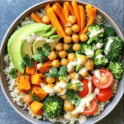 - Quinoa: 1 cup, thoroughly rinsed - Chickpeas: 1 cup, drained and rinsed (canned or cooked) - Sweet Potato: 1 medium, peeled and diced into 1-inch cubes - Broccoli: 1 cup, chopped into bite-sized pieces - Carrot: 1 medium, julienned (thinly sliced) - Avocado: 1 ripe, sliced into wedges - Cherry Tomatoes: 1/2 cup, halved - Seasonings and Dressing Ingredients: - 1 tablespoon extra-virgin olive oil - Sea salt and black pepper, to taste - 1 teaspoon garlic powder - 1 teaspoon smoked paprika - 2 tablespoons tahini - 1 tablespoon freshly squeezed lemon juice - Fresh cilantro or parsley leaves, for garnish Each ingredient in this Vegan Buddha Bowl adds flavor and nutrients. Quinoa serves as a great base, providing protein and fiber. Chickpeas add extra protein and crunch. Sweet potatoes give a hint of sweetness and are full of vitamins. Broccoli offers a nice crunch and lots of vitamins. Carrots add color and sweetness, while avocado brings creaminess. Cherry tomatoes add a fresh pop of flavor. The seasonings enhance the dish. Olive oil gives richness. Garlic powder and smoked paprika add depth and warmth. Tahini and lemon juice make a creamy dressing that ties it all together. Fresh herbs like cilantro or parsley brighten the bowl. Follow the Full Recipe to create this tasty meal. 1. Preheat the oven and prepare vegetables Set your oven to 425°F (220°C). This heat is perfect for roasting. While it heats, rinse and chop your sweet potato and broccoli. 2. Roast the vegetables Spread the diced sweet potato and broccoli on a baking sheet. Drizzle with olive oil and sprinkle with salt, pepper, garlic powder, and smoked paprika. Toss everything to coat. Spread the veggies in a single layer. Roast in the oven for 20-25 minutes. Shake the pan halfway through. Look for fork-tender sweet potatoes and a golden finish on the edges. 3. Cook the quinoa In a medium pot, bring 2 cups of vegetable broth or water to a boil. Add 1 cup of rinsed quinoa. Lower the heat and cover the pot. Let it simmer for 15 minutes, or until all the liquid is gone. After cooking, let it sit for 5 minutes, then fluff with a fork. 4. Whisk together the dressing In a small bowl, mix together tahini and lemon juice. Add a pinch of sea salt. If it's thick, add a bit of water. Keep whisking until you get a smooth, creamy dressing. 5. Assemble the Buddha bowl Start with a base of fluffy quinoa in a deep bowl. Add the roasted sweet potatoes and broccoli. Layer on the chickpeas, avocado, julienned carrots, and halved cherry tomatoes. Drizzle the tahini dressing over the top. Garnish with fresh cilantro or parsley for a pop of color. Enjoy your vibrant Vegan Buddha Bowl packed with flavorful goodness! For the complete recipe, check the Full Recipe section. Choosing the best quinoa I love using tri-color quinoa for its nutty taste. Rinse it well before cooking. This step removes the bitter coating called saponin. It ensures a clean flavor and fluffy texture. Roasting vegetables to perfection Roast your sweet potatoes and broccoli at 425°F (220°C). This high heat caramelizes them, making them sweet and soft. Toss them with olive oil and spices, then spread them out on the pan. Give them space to breathe for better roasting. Dressing consistency tips For a smooth tahini dressing, whisk it with lemon juice and a pinch of salt. If it’s too thick, add a little water. Aim for a drizzling texture. This makes it easy to pour over your Buddha bowl. Arranging ingredients artfully Use deep, wide bowls for a lovely display. Start with quinoa as your base. Layer the roasted veggies and chickpeas on top. This creates a rainbow of colors and textures. It’s great for the eyes and the appetite! Garnishing options Top your bowl with fresh herbs like cilantro or parsley. Add sesame seeds for crunch. These little touches make your dish pop. They add flavor and visual appeal. Enjoy your vibrant Vegan Buddha Bowl! For the full recipe, check out the [Full Recipe]. {{image_4}} You can switch up grains in your Vegan Buddha Bowl. Try brown rice or farro. Each grain brings its own taste and texture. If you want a gluten-free option, use quinoa. It packs a punch with protein. For protein, chickpeas are great, but you can also use lentils or black beans. These add more flavor and nutrition. Tofu or tempeh are excellent choices as well. They soak up flavors well and add a nice chewiness. Seasonal veggies can change your bowl's vibe. In summer, use zucchini or corn. In fall, add roasted squash or Brussels sprouts. Winter calls for hearty greens like kale or collard greens. Spices and herbs can take your Buddha Bowl to new heights. Add cumin or turmeric for warmth and depth. Fresh herbs like basil or mint can brighten each bite. Dressings are key to flavor. You can use tahini, but try a lemon-tahini blend or a spicy peanut sauce for a twist. A simple olive oil and vinegar mix works well too. Just remember, the right dressing ties everything together. For the full recipe, check out the Vibrant Vegan Buddha Bowl 🥗 section. To keep your Buddha bowl fresh, follow these tips: - Refrigeration: Place leftovers in an airtight container. Store them in the fridge for up to three days. This keeps flavors intact and prevents spoilage. - Freezing: For longer storage, freeze the quinoa and veggies separately. Use freezer-safe containers. They can last up to three months. Thaw in the fridge overnight when ready to eat. Reheating is easy with these methods: - Microwave: Place your Buddha bowl in a microwave-safe dish. Heat on medium for 1-2 minutes, stirring halfway through. This ensures even warming. - Stovetop: Use a skillet over low heat. Add a splash of water or broth to keep it moist. Stir often until heated through. This method helps retain texture. What is a Buddha bowl? A Buddha bowl is a colorful dish filled with grains, vegetables, and proteins. It is often served in a deep bowl, showcasing a variety of healthy ingredients. The name comes from the idea of a bowl full of goodness, much like a Buddha’s belly! Can I make this dish gluten-free? Yes, you can make this dish gluten-free. Use gluten-free grains, like quinoa or rice, and ensure all other ingredients are free from gluten. Always check labels for hidden gluten sources. What other proteins can I include? You can add other proteins to your Buddha bowl. Tofu, tempeh, or edamame are great choices. You can also use beans, lentils, or seeds for variety and texture. How can I meal prep this Vegan Buddha Bowl? To meal prep, cook the grains and veggies ahead of time. Store each component separately. Assemble your bowl when ready to eat. This keeps everything fresh and tasty. You can also make the dressing in advance. Health benefits of the ingredients This bowl is packed with nutrients. Quinoa provides protein and fiber. Sweet potatoes are rich in vitamins A and C. Broccoli offers antioxidants, while chickpeas add extra protein. Avocado gives healthy fats, and tomatoes boost hydration. Caloric and nutrient breakdown per serving One serving of this Vegan Buddha Bowl has around 450 calories. It includes about 15 grams of protein, 20 grams of fat, and 60 grams of carbs. This meal is well-balanced and filling, great for any time of day! This blog post covered how to make a tasty vegan Buddha bowl. You learned about the key ingredients, like quinoa, chickpeas, and sweet potatoes. I shared step-by-step instructions for preparation and tips to roast veggies perfectly. You can also swap ingredients or add spices for more flavor. Store your leftovers correctly to enjoy them later. A Buddha bowl is simple, healthy, and fun to make. Enjoy creating your own delicious combinations!