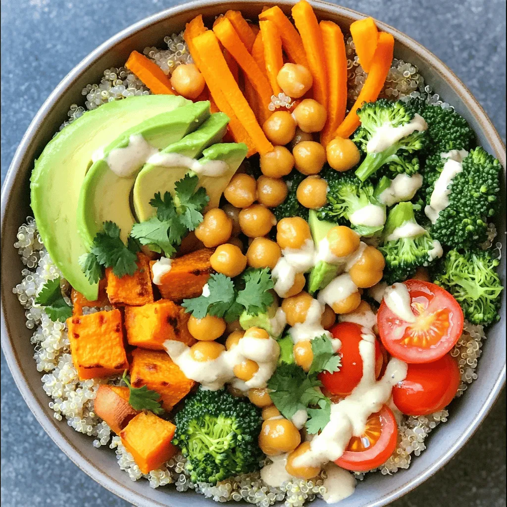 - Quinoa: 1 cup, thoroughly rinsed - Chickpeas: 1 cup, drained and rinsed (canned or cooked) - Sweet Potato: 1 medium, peeled and diced into 1-inch cubes - Broccoli: 1 cup, chopped into bite-sized pieces - Carrot: 1 medium, julienned (thinly sliced) - Avocado: 1 ripe, sliced into wedges - Cherry Tomatoes: 1/2 cup, halved - Seasonings and Dressing Ingredients: - 1 tablespoon extra-virgin olive oil - Sea salt and black pepper, to taste - 1 teaspoon garlic powder - 1 teaspoon smoked paprika - 2 tablespoons tahini - 1 tablespoon freshly squeezed lemon juice - Fresh cilantro or parsley leaves, for garnish Each ingredient in this Vegan Buddha Bowl adds flavor and nutrients. Quinoa serves as a great base, providing protein and fiber. Chickpeas add extra protein and crunch. Sweet potatoes give a hint of sweetness and are full of vitamins. Broccoli offers a nice crunch and lots of vitamins. Carrots add color and sweetness, while avocado brings creaminess. Cherry tomatoes add a fresh pop of flavor. The seasonings enhance the dish. Olive oil gives richness. Garlic powder and smoked paprika add depth and warmth. Tahini and lemon juice make a creamy dressing that ties it all together. Fresh herbs like cilantro or parsley brighten the bowl. Follow the Full Recipe to create this tasty meal. 1. Preheat the oven and prepare vegetables Set your oven to 425°F (220°C). This heat is perfect for roasting. While it heats, rinse and chop your sweet potato and broccoli. 2. Roast the vegetables Spread the diced sweet potato and broccoli on a baking sheet. Drizzle with olive oil and sprinkle with salt, pepper, garlic powder, and smoked paprika. Toss everything to coat. Spread the veggies in a single layer. Roast in the oven for 20-25 minutes. Shake the pan halfway through. Look for fork-tender sweet potatoes and a golden finish on the edges. 3. Cook the quinoa In a medium pot, bring 2 cups of vegetable broth or water to a boil. Add 1 cup of rinsed quinoa. Lower the heat and cover the pot. Let it simmer for 15 minutes, or until all the liquid is gone. After cooking, let it sit for 5 minutes, then fluff with a fork. 4. Whisk together the dressing In a small bowl, mix together tahini and lemon juice. Add a pinch of sea salt. If it's thick, add a bit of water. Keep whisking until you get a smooth, creamy dressing. 5. Assemble the Buddha bowl Start with a base of fluffy quinoa in a deep bowl. Add the roasted sweet potatoes and broccoli. Layer on the chickpeas, avocado, julienned carrots, and halved cherry tomatoes. Drizzle the tahini dressing over the top. Garnish with fresh cilantro or parsley for a pop of color. Enjoy your vibrant Vegan Buddha Bowl packed with flavorful goodness! For the complete recipe, check the Full Recipe section. Choosing the best quinoa I love using tri-color quinoa for its nutty taste. Rinse it well before cooking. This step removes the bitter coating called saponin. It ensures a clean flavor and fluffy texture. Roasting vegetables to perfection Roast your sweet potatoes and broccoli at 425°F (220°C). This high heat caramelizes them, making them sweet and soft. Toss them with olive oil and spices, then spread them out on the pan. Give them space to breathe for better roasting. Dressing consistency tips For a smooth tahini dressing, whisk it with lemon juice and a pinch of salt. If it’s too thick, add a little water. Aim for a drizzling texture. This makes it easy to pour over your Buddha bowl. Arranging ingredients artfully Use deep, wide bowls for a lovely display. Start with quinoa as your base. Layer the roasted veggies and chickpeas on top. This creates a rainbow of colors and textures. It’s great for the eyes and the appetite! Garnishing options Top your bowl with fresh herbs like cilantro or parsley. Add sesame seeds for crunch. These little touches make your dish pop. They add flavor and visual appeal. Enjoy your vibrant Vegan Buddha Bowl! For the full recipe, check out the [Full Recipe]. {{image_4}} You can switch up grains in your Vegan Buddha Bowl. Try brown rice or farro. Each grain brings its own taste and texture. If you want a gluten-free option, use quinoa. It packs a punch with protein. For protein, chickpeas are great, but you can also use lentils or black beans. These add more flavor and nutrition. Tofu or tempeh are excellent choices as well. They soak up flavors well and add a nice chewiness. Seasonal veggies can change your bowl's vibe. In summer, use zucchini or corn. In fall, add roasted squash or Brussels sprouts. Winter calls for hearty greens like kale or collard greens. Spices and herbs can take your Buddha Bowl to new heights. Add cumin or turmeric for warmth and depth. Fresh herbs like basil or mint can brighten each bite. Dressings are key to flavor. You can use tahini, but try a lemon-tahini blend or a spicy peanut sauce for a twist. A simple olive oil and vinegar mix works well too. Just remember, the right dressing ties everything together. For the full recipe, check out the Vibrant Vegan Buddha Bowl 🥗 section. To keep your Buddha bowl fresh, follow these tips: - Refrigeration: Place leftovers in an airtight container. Store them in the fridge for up to three days. This keeps flavors intact and prevents spoilage. - Freezing: For longer storage, freeze the quinoa and veggies separately. Use freezer-safe containers. They can last up to three months. Thaw in the fridge overnight when ready to eat. Reheating is easy with these methods: - Microwave: Place your Buddha bowl in a microwave-safe dish. Heat on medium for 1-2 minutes, stirring halfway through. This ensures even warming. - Stovetop: Use a skillet over low heat. Add a splash of water or broth to keep it moist. Stir often until heated through. This method helps retain texture. What is a Buddha bowl? A Buddha bowl is a colorful dish filled with grains, vegetables, and proteins. It is often served in a deep bowl, showcasing a variety of healthy ingredients. The name comes from the idea of a bowl full of goodness, much like a Buddha’s belly! Can I make this dish gluten-free? Yes, you can make this dish gluten-free. Use gluten-free grains, like quinoa or rice, and ensure all other ingredients are free from gluten. Always check labels for hidden gluten sources. What other proteins can I include? You can add other proteins to your Buddha bowl. Tofu, tempeh, or edamame are great choices. You can also use beans, lentils, or seeds for variety and texture. How can I meal prep this Vegan Buddha Bowl? To meal prep, cook the grains and veggies ahead of time. Store each component separately. Assemble your bowl when ready to eat. This keeps everything fresh and tasty. You can also make the dressing in advance. Health benefits of the ingredients This bowl is packed with nutrients. Quinoa provides protein and fiber. Sweet potatoes are rich in vitamins A and C. Broccoli offers antioxidants, while chickpeas add extra protein. Avocado gives healthy fats, and tomatoes boost hydration. Caloric and nutrient breakdown per serving One serving of this Vegan Buddha Bowl has around 450 calories. It includes about 15 grams of protein, 20 grams of fat, and 60 grams of carbs. This meal is well-balanced and filling, great for any time of day! This blog post covered how to make a tasty vegan Buddha bowl. You learned about the key ingredients, like quinoa, chickpeas, and sweet potatoes. I shared step-by-step instructions for preparation and tips to roast veggies perfectly. You can also swap ingredients or add spices for more flavor. Store your leftovers correctly to enjoy them later. A Buddha bowl is simple, healthy, and fun to make. Enjoy creating your own delicious combinations!