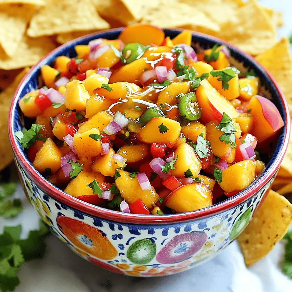 - 3 ripe peaches, peeled and diced into small cubes - 1 small red onion, finely chopped - 1 red bell pepper, diced - 1 jalapeño, deseeded and minced - 1/4 cup fresh cilantro, finely chopped - 2 tablespoons fresh lime juice - 1 tablespoon honey (optional) - Salt, to taste What are the signs of ripe peaches? Ripe peaches feel slightly soft when you gently squeeze them. They also have a sweet smell. Look for a nice yellow color, with some red blush on the skin. When is the best time to buy peaches? Peaches are usually best in the summer months. Late summer gives you the sweetest peaches. Check your local farmers' market for the freshest picks. How should I store peaches for peak ripeness? Store peaches at room temperature to ripen. Once they are ripe, keep them in the fridge to slow down ripening. Use them within a few days for the best taste. First, peel the ripe peaches. Use a sharp knife to make it easy. After peeling, chop the peaches into small cubes. This helps them mix well. Place the diced peaches into a large mixing bowl. Next, finely chop the red onion. Add the onion to the bowl with the peaches. Then, dice the red bell pepper and mince the jalapeño. Mix both into the bowl with the other ingredients. Lastly, finely chop the fresh cilantro. Gently fold it into the salsa mixture for even flavor. Letting the salsa rest is key for great taste. After mixing, cover the bowl and let it sit for at least 15 minutes. This allows the flavors to blend together. The salt draws out juices from the fruits and veggies, making it even tastier. You’ll notice the salsa tastes better after resting. For serving, use a colorful bowl to show off the vibrant colors of the salsa. Pair it with crispy tortilla chips for a fun snack. You can also use this salsa as a topping for grilled chicken or fish. To make it even more appealing, garnish with sprigs of cilantro and lime wedges. It makes your dish look fresh and inviting. Enjoy the fiesta of flavors! Adjusting sweetness and acidity If your salsa is too sweet, add lime juice. This brightens the taste. If it feels too sour, mix in more diced peaches. Honey can also help if you want to balance flavors. Balancing flavors when too spicy If your salsa is too spicy, try adding more diced peaches or bell pepper. You can also add a dollop of sour cream, which cools the heat. Taste as you go, and adjust slowly. Best practices for dicing peaches and vegetables Always use a sharp knife for clean cuts. Cut the peaches in half, remove the pit, and peel them. Dice them into small cubes for even mixing. For onions and peppers, cut them into small pieces. This helps the flavors blend well. Knife skills tips for precision Hold the knife firmly and use a rocking motion to chop. Keep your fingers curled back to stay safe. Practice makes perfect, so take your time to improve your skills. Optional ingredients to experiment with Try adding mango or pineapple for a tropical twist. You can also include diced cucumbers for crunch. Each adds a new layer of flavor, making your salsa unique. Herbs and spices that complement peach salsa Fresh basil or mint can brighten the taste of your salsa. A pinch of cumin or smoked paprika adds warmth. Experiment with these to find your favorite mix. {{image_4}} You can switch up the fruits in your salsa. Try using nectarines or plums for a fun twist. They bring a sweet and juicy flavor just like peaches. For a bit of heat, use different peppers. Instead of jalapeño, try serrano or even a sweet bell pepper. Each pepper adds its own unique taste. You can also swap the red onion for green onions or shallots. This change gives a milder flavor. Feel free to mix and match based on what you have at home. These small swaps can make a big difference. Have fun with themed salsas! For a tropical peach salsa, add diced mango. The mix of peaches and mango creates a sweet and zesty dip. You can also try a smoky peach salsa. Just add chipotle peppers for a spicy twist. This version is great for BBQs and adds a nice kick. These themed variations are always a hit at parties. They show off your creativity while keeping the fresh taste of summer. Adjust your ingredients based on the seasons. In spring, add fresh herbs like basil or mint. In the fall, consider adding apples for a crisp taste. You can also include vegetables that are in season. Try corn or zucchini in the summer for extra crunch. Using seasonal fruits and vegetables not only boosts flavor but also keeps your salsa fresh and exciting. Enjoy the different tastes that each season brings! To keep your fresh peach salsa tasty, store it in a clean, airtight container. A glass jar or plastic food container works well. Keep your salsa in the fridge right after making it. This helps maintain its zesty flavor and vibrant colors. Make sure the lid fits snugly to keep out air. Air can cause the salsa to spoil faster. If you plan to use it later, store it as soon as you can. Fresh peach salsa lasts about 3 to 5 days in the fridge. After this time, it may not taste as good. Always check the smell and look of your salsa before eating it. Freezing salsa is an option, but it can change the texture. If you freeze it, use it within 3 months for best flavor. Thaw it in the fridge before using. Before eating your salsa, look for signs of spoilage. If it has a bad smell or strange color, it's best to throw it away. Mold is also a clear sign that the salsa is no longer safe to eat. Stick to these safe consumption guidelines: - Always check for mold - Smell it to detect off odors - If in doubt, throw it out Enjoy your peach salsa and keep it fresh! For the full recipe, click here. Yes, you can make peach salsa ahead of time. To keep it fresh, store it in the fridge in an airtight container. The best practice is to mix your salsa one to two hours before serving. This allows the flavors to blend without getting too mushy. If you want to maximize freshness, add ingredients like lime juice just before serving. This helps keep the peaches bright and tasty. Peach salsa pairs well with many dishes. You can serve it with tortilla chips for a crunchy snack. It also goes great on grilled chicken or fish, adding a sweet and spicy kick. For a unique twist, try it over tacos or as a topping for burgers. You can even mix it into a fresh salad for extra flavor. You can use frozen peaches, but they may change the salsa's texture. Frozen peaches often become mushy when thawed. To get the best results, thaw them in the fridge overnight. This way, they stay firmer. When using frozen peaches, drain any excess juice before mixing them into your salsa. This keeps your salsa from becoming watery. For the complete recipe, check out the [Full Recipe](#). This will guide you through the steps to create your own vibrant peach salsa. Enjoy making this delicious dish! In this post, we explored how to make a fresh peach salsa. We covered ingredients, preparation steps, and tips for presenting your dish. Plus, I shared ways to fix common issues and suggested fun variations. Remember, ripe peaches make the best salsa, and storing it correctly keeps it fresh. Enjoy your cooking adventure! With these tips, your salsa will impress and delight everyone.