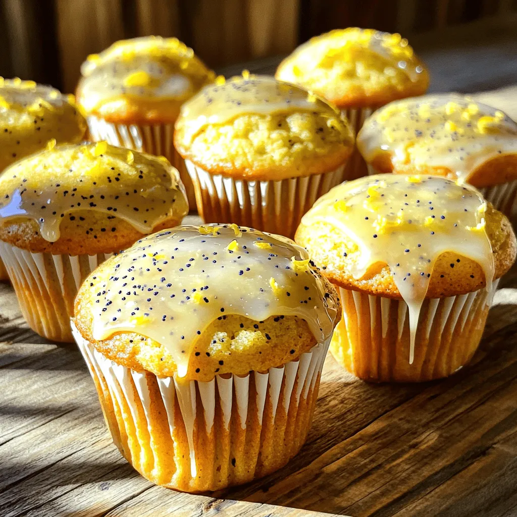 To make these bright and zesty muffins, gather the following ingredients: - 1 ½ cups all-purpose flour - ½ cup granulated sugar - 2 teaspoons baking powder - ½ teaspoon baking soda - ½ teaspoon salt - Zest of 2 lemons (about 2 teaspoons) - ½ cup buttermilk (or substitute with milk mixed with 1 teaspoon vinegar) - 1/3 cup vegetable oil - 2 large eggs - 2 tablespoons fresh lemon juice - 2 tablespoons poppy seeds - Optional Glaze: 1 cup powdered sugar mixed with 2 tablespoons lemon juice These ingredients blend to create a moist muffin with a burst of fresh lemon flavor. The poppy seeds add a delightful crunch and visual appeal. If you're looking for alternatives or have dietary needs, consider these options: - Gluten-free flour options: You can use a gluten-free all-purpose flour blend. Look for one that has a xanthan gum addition to mimic the texture of wheat flour. - Vegan dairy and egg substitutes: Replace buttermilk with a mix of almond milk and vinegar. Use flax eggs (1 tablespoon flaxseed meal mixed with 2.5 tablespoons water per egg) instead of eggs. - Sugar alternatives for health-conscious bakers: Try coconut sugar or a sugar substitute like stevia. Adjust the amount based on sweetness preference. These substitutions help everyone enjoy the tasty experience of lemon poppy seed muffins. For the full recipe and detailed instructions, check out the Full Recipe section. 1. Preheat Your Oven: Turn your oven to 350°F (175°C). While it heats, prepare your muffin tin. Use paper liners or lightly grease each cup with cooking spray. This step makes removing the muffins easy. 2. Mix Dry Ingredients: In a large bowl, whisk together these dry items: - 1 ½ cups all-purpose flour - ½ cup granulated sugar - 2 teaspoons baking powder - ½ teaspoon baking soda - ½ teaspoon salt - Zest of 2 lemons Whisk until fully combined. This helps the muffins rise well. 3. Combine Wet Ingredients: In a separate bowl, mix together these wet items: - ½ cup buttermilk (or milk with vinegar) - 1/3 cup vegetable oil - 2 large eggs - 2 tablespoons fresh lemon juice - 2 tablespoons poppy seeds Whisk until the mixture is smooth. This mix creates a rich base for your muffins. 4. Combine Wet and Dry Mixtures: Gently pour the wet mix into the dry mix. Stir with a spatula just until they come together. Don't worry if the batter is lumpy. Overmixing can make them tough. 5. Fill Muffin Cups: Use a spoon or ice cream scoop to fill each muffin cup about 2/3 full. This gives them space to rise without spilling. 6. Bake: Place the muffin tin in the hot oven. Bake for 15-18 minutes. To check for doneness, insert a toothpick in the center. It should come out clean, with just a few moist crumbs. 7. Cool Muffins: After baking, take the tin out of the oven. Let it cool for about 5 minutes. Then, transfer the muffins to a wire rack. This keeps them from getting soggy. 8. Prepare Optional Glaze: If you want a sweet touch, mix 1 cup powdered sugar with 2 tablespoons lemon juice. Drizzle this over the cooled muffins for a delightful finish. Follow these steps, and you’ll have tasty lemon poppy seed muffins ready to enjoy! For the complete recipe, check the Full Recipe section. To make great lemon poppy seed muffins, start with good leavening agents. Baking powder and baking soda help your muffins rise. Mix them well with the flour. This ensures they work evenly. Next, pay attention to the temperature of your ingredients. For best results, use room temperature eggs and buttermilk. Cold ingredients can cause your muffins to bake unevenly. Avoid common pitfalls during baking. Do not overmix the batter; a few lumps are okay. Overmixing makes muffins tough. Also, don’t open the oven door too early. This can cause them to collapse. Serve your muffins warm for the best taste. They pair well with tea or coffee. You can add a light glaze for sweetness. For a fun twist, add fresh berries on the side. To keep muffins fresh, store them in an airtight container. They last about two days at room temperature. If you want to save them longer, freeze them. To reheat, pop them in the microwave for a few seconds. Enjoy your fresh lemon poppy seed muffins anytime! For the full recipe, check out the Sunny Lemon Poppy Seed Muffins! {{image_4}} You can make your lemon poppy seed muffins even more exciting. Here are some fun ideas: - Fruits: Adding berries like blueberries or raspberries gives a sweet burst. These fruits pair well with the lemon flavor. You can also mix in chopped strawberries for a fresh twist. - Nuts and Seeds: Incorporating nuts like walnuts or almonds adds a nice crunch. You can also try sunflower seeds or chia seeds for added texture. These options bring a delightful contrast to the soft muffin. - Seasonal Twists: Change it up for the seasons! In the fall, add warm spices like cinnamon or nutmeg. You can also use orange zest instead of lemon for a new flavor. Many people have different dietary needs. You can still enjoy lemon poppy seed muffins with these variations: - Gluten-Free: Use a gluten-free flour blend. Make sure the blend contains xanthan gum for the best texture. This way, everyone can enjoy the muffins. - Vegan: You can replace eggs with flaxseed meal or applesauce. Use plant-based milk instead of buttermilk. These swaps keep the muffins moist and tasty. - Sugar-Free or Low-Carb: For a healthier option, try using a sugar substitute like stevia or erythritol. Almond flour can replace all-purpose flour for a low-carb treat. These choices make muffins suitable for those watching their sugar intake. These variations help you create the perfect lemon poppy seed muffins for any taste or diet. You can find the full recipe to get started! To keep your lemon poppy seed muffins fresh, store them in an airtight container at room temperature. This keeps them soft and moist. You can place a paper towel at the bottom to soak up any extra moisture. If you want to save them for later, you can refrigerate them. Wrap each muffin in plastic wrap and then place them in a bag. This helps prevent them from drying out. For long-term storage, freezing is the best option. Wrap each muffin tightly in plastic wrap, then place them in a freezer-safe bag. They can stay fresh for up to three months this way. When you're ready to enjoy one, just take it out and leave it at room temperature for 30 minutes. You can also warm it in the microwave for about 10-15 seconds to revive its soft texture. At room temperature, lemon poppy seed muffins last about 2-3 days. In the fridge, they can stay good for up to a week. Always check for signs of spoilage. If you see mold, a strange smell, or if the muffin feels dry and hard, it's best to toss it. Keeping an eye on freshness ensures you enjoy every bite. Can I use lemon extract instead of zest? Yes, you can use lemon extract. Use about one teaspoon. It adds strong flavor but lacks the zest's texture. How do I make my muffins extra fluffy? To achieve fluffy muffins, use fresh baking powder. Also, avoid overmixing the batter. Mixing just until ingredients combine is key. Is it possible to make them without eggs or dairy? Definitely! You can use flax eggs or applesauce as an egg substitute. For dairy, use almond or oat milk instead of buttermilk. Many people love these muffins! They rave about the bright lemon taste and poppy seed crunch. Most give this recipe high ratings for flavor and ease. If you prefer not to bake at home, local bakeries often sell lemon poppy seed muffins. Check your favorite café or bakery for fresh options. Lemon poppy seed muffins are a delightful treat packed with flavor. We covered the main ingredients, easy substitutions, and step-by-step instructions. I shared tips for perfect muffins and creative flavor variations. Don’t forget the best storage methods to keep them fresh. These muffins are simple and fun to make. With this guide, you can create versions that fit any diet. Enjoy exploring your baking journey and share your tasty results!