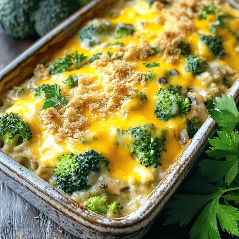 - 1 cup uncooked long-grain white rice - 2 cups broccoli florets - 1 can (10.5 oz) cream of mushroom soup - 1 cup shredded cheddar cheese - 1 cup milk - 1 small onion, finely chopped - 2 cloves garlic, minced - Seasonings: garlic powder, onion powder, salt, pepper - 1 tablespoon olive oil - 1/2 cup breadcrumbs (optional) Choosing fresh vs. frozen broccoli: I often use fresh broccoli for its bright color and crunch. Fresh broccoli cooks quickly and adds great flavor. If you use frozen, make sure to thaw it well. This helps avoid extra moisture in your dish. How to properly measure rice: To measure rice, use a dry measuring cup. Avoid packing the rice down. This ensures you get the right amount for your casserole. Selecting the right cheese: I love sharp cheddar cheese for its bold flavor. It melts well and gives the dish a rich taste. You can also mix in other cheeses like Monterey Jack for a twist. For the Full Recipe, you can explore more steps to make this delicious casserole. - Preheat the oven to 350°F (175°C). - In a large pot, boil 2 cups of water. - Add 1 cup of uncooked rice to the boiling water. - Cook the rice for 18-20 minutes. Check if the water is absorbed. - Heat 1 tablespoon of olive oil in a skillet. - Sauté 1 small chopped onion for about 5 minutes. - Add 2 cloves of minced garlic and cook for 1 more minute. - If using fresh broccoli, blanch 2 cups of florets for 2 minutes. - If using frozen, thaw and drain it. - In a bowl, mix the cooked rice, sautéed onions, garlic, broccoli, cream of mushroom soup, 1 cup of milk, and 1 cup of cheese. - Season with garlic powder, onion powder, salt, and pepper. - Transfer the mixture into a greased 9x13-inch baking dish. - Sprinkle 1/2 cup of breadcrumbs and extra cheese on top. - Bake for 25-30 minutes until golden and bubbly. For the full recipe, check the detailed instructions above. Enjoy your delicious Cheesy Broccoli Rice Casserole! To boost the taste of your cheesy broccoli rice casserole, try adding spices and herbs. A pinch of paprika or a dash of cayenne can add warmth. Fresh herbs like thyme or parsley brighten the dish, too. For a creamier texture, use cream cheese or sour cream in your mixture. These will make each bite richer and more satisfying. Ovens can vary, so keep an eye on your casserole. If your oven runs hot, check it a bit early. If you use brown rice instead of white, you may need to cook it longer. Just remember to adjust the water amount too, as brown rice absorbs more liquid. This casserole pairs well with a simple salad or roasted vegetables. The crunch of the salad balances the creaminess of the casserole. For a nice touch, you can add a sprinkle of fresh herbs on top before serving. It adds color and makes the dish pop. Enjoy your meal with friends and family! {{image_4}} You can swap cheeses to match your taste. Try mozzarella for a mild flavor. Pepper jack gives a spicy kick. Feta adds a tangy twist. Each cheese will change the taste and texture. You can also substitute veggies. Cauliflower works great if you want a low-carb option. Carrots or bell peppers add color and crunch. Peas bring sweetness. Feel free to mix and match based on what you have. To make it gluten-free, use gluten-free breadcrumbs. Check that your cream of mushroom soup is gluten-free too. For a dairy-free version, try almond milk and dairy-free cheese. Coconut cream can add a rich texture. If you want it vegetarian, skip the meat options. This dish is already packed with veggies. You can also add beans for protein. They blend well with the rice and cheese. Leftover casserole can be a fun meal. You can turn it into a soup. Just add broth and heat it up. Top it with fresh herbs for flavor. Another idea is to make stuffed peppers. Fill halved bell peppers with the leftover casserole. Bake until the peppers are tender. This makes a great lunch or snack. For storage, keep the casserole in an airtight container. It lasts about three to four days in the fridge. Reheat in the oven or microwave until warm. To keep your Cheesy Broccoli Rice Casserole fresh, store leftovers right. First, let it cool to room temperature. Then, put the casserole in an airtight container. This helps prevent moisture loss and keeps flavors intact. The best containers for storage are glass or plastic with tight lids. These containers help avoid spills and make stacking easy. If you have a lot of leftovers, divide them into smaller portions. This way, you can heat just what you need. You can freeze the casserole before or after baking. If you freeze it before baking, assemble everything in your dish. Cover it tightly with plastic wrap and then foil. This helps keep it fresh for up to three months. If you freeze it after baking, let it cool completely first. Then, wrap it well in plastic and foil. When you're ready to eat, thaw the casserole in the fridge overnight. To reheat, bake it at 350°F (175°C) for about 30 to 40 minutes. Make sure it’s hot all the way through before serving. Enjoy your delicious meal without worry! You can use cream of chicken soup as a swap. If you prefer a vegan option, try a homemade cream of celery soup. Another good choice is a simple mix of milk, flour, and spices to create a creamy base. This keeps the dish flavorful and rich. Yes, you can make this casserole in advance. Just prepare it up to the baking step, cover it, and store it in the fridge. When you're ready to eat, bake it straight from the fridge. You may need to add a few extra minutes to the baking time. This casserole lasts about 3 to 5 days in the fridge. Make sure to store it in an airtight container for best results. If you want to keep it longer, consider freezing it. Absolutely! You can add cooked chicken, turkey, or even ham for extra flavor. If you want a vegetarian option, consider adding chickpeas or cooked lentils. These options boost nutrition and make the dish heartier. Yes, you can use brown rice, but it needs more cooking time. Brown rice takes about 40-50 minutes to cook, so adjust your water and time accordingly. This adds a nutty flavor and more fiber. The casserole is done when it is hot and bubbly. The cheese should be melted and slightly golden on top. A fork inserted in the center should come out warm. Always check the edges; they should be firm but not dry. Cheesy Broccoli Rice Casserole is a warm hug in a dish. It blends creamy cheese with tender broccoli and fluffy rice. This meal is not just tasty; it’s easy to make and perfect for any table. To start, gather your ingredients. You will need: - 1 cup uncooked long-grain white rice - 2 cups broccoli florets (fresh or frozen) - 1 can (10.5 oz) cream of mushroom soup - 1 cup shredded cheddar cheese (plus more for topping) - 1 cup milk (whole or low-fat) - 1 small onion, finely chopped - 2 cloves garlic, minced - 1 teaspoon garlic powder - 1 teaspoon onion powder - Salt and freshly ground black pepper to taste - 1 tablespoon olive oil - 1/2 cup breadcrumbs (optional) The first step is to preheat your oven to 350°F (175°C). This ensures your casserole bakes evenly. Next, boil water in a saucepan for the rice. Once boiling, add the rice and let it simmer. While the rice cooks, heat olive oil in a skillet. Sauté the onion until it turns soft and clear. Then, add garlic and let it cook for a minute. This mix gives your casserole a lovely flavor. If you use fresh broccoli, blanch it briefly in boiling water. This keeps it bright and crisp. For frozen broccoli, just thaw and drain it. In a large bowl, combine the cooked rice, sautéed onion and garlic, broccoli, cream of mushroom soup, milk, and cheese. Season with garlic powder, onion powder, salt, and pepper. Mix until creamy. Transfer this mixture to a greased baking dish. If you want a crunchy top, sprinkle breadcrumbs and extra cheese on top. Bake it for 25-30 minutes. Look for golden cheese and bubbling edges. When it's ready, let it cool for a few minutes before serving. Serve this dish hot, straight from the oven. You can even add fresh herbs for a pop of color. Enjoy your delicious Cheesy Broccoli Rice Casserole! For a complete cooking guide, check out the Full Recipe. In this article, we explored making a Cheesy Broccoli Rice Casserole. You learned about the key ingredients, like rice, broccoli, and cheese. I shared tips to prep fresh ingredients and cook rice just right. We covered steps for blending flavors and baking the dish to perfection. Don't forget the variations you can try and how to store leftovers. This dish is easy, tasty, and fun to customize. Enjoy creating your version and sharing it with others!