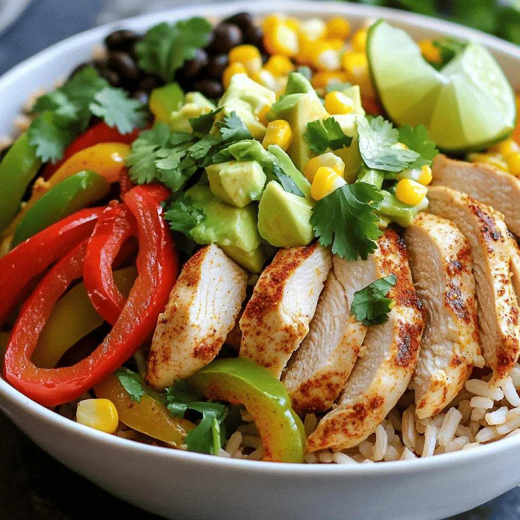 - Chicken and Vegetables - 1 pound boneless, skinless chicken breasts, sliced into thin strips - 1 red bell pepper, sliced into thin strips - 1 green bell pepper, sliced into thin strips - 1 medium onion, sliced into rings - Seasoning and Oils - 3 tablespoons extra virgin olive oil - 2 teaspoons chili powder - 1 teaspoon ground cumin - 1 teaspoon smoked paprika - 1 teaspoon garlic powder - Salt and freshly ground black pepper to taste - Grain Base and Toppings - 2 cups cooked brown rice or quinoa - 1 cup canned black beans, rinsed and drained - 1 ripe avocado, diced - 1 cup sweet corn (fresh, frozen, or canned) - Fresh cilantro, chopped (for garnish) - Lime wedges (for serving) These ingredients make your chicken fajita bowls tasty and quick. The chicken and veggies provide a vibrant mix. The spices bring warmth and depth. You will find that the black beans and corn add great texture. The avocado gives a creamy touch, while lime brightens everything up. You can find the complete preparation in the Full Recipe. Enjoy making this dish with fresh ingredients for the best flavor! Marinating Techniques Start by mixing chicken, bell peppers, onion, olive oil, and spices in a bowl. Ensure each piece of chicken and vegetable is well-coated. Let it sit for about 10 minutes. This helps enhance the flavors. Cooking the Mixture Heat a large nonstick skillet over medium-high heat. Add the marinated chicken and vegetables to the hot skillet. Stir them often for about 5 to 7 minutes. Cook until the chicken is no longer pink and the veggies are tender but still crisp. This step brings out the best flavors. Preparing the Grain Base While the chicken cooks, prepare your grain base. You can choose brown rice or quinoa. Follow the package instructions to ensure it's fluffy and ready to serve. This base will hold all the delicious toppings. Layering the Ingredients Grab your serving bowls. Begin by adding a generous scoop of your cooked brown rice or quinoa as the base. This makes a great starting point for your bowl. Adding Toppings On top of the grain, add the cooked chicken and vegetable mixture. Then, layer on the rinsed black beans, diced avocado, and sweet corn. This adds color and texture, making each bite exciting. Serving Suggestions For the best look, use clear glass bowls. This way, everyone can see the beautiful layers. Serve with lime wedges on the side for that fresh touch. Visual Appeal A great presentation makes the meal even more enjoyable. Neatly arrange the lime wedges next to the bowls. This simple step adds a nice touch and encourages everyone to dive in! For more details, you can check the Full Recipe. - Best Practices for Chicken To make your chicken tender and juicy, slice it thinly. This helps it cook fast and evenly. Marinate the chicken with spices and oil for at least 15 minutes. This step boosts the taste. Use a hot skillet for cooking to sear the chicken. Cook until it is no longer pink inside, about 5-7 minutes. - Vegetable Cooking Tips Cut your peppers and onions into thin strips. This allows them to cook quickly while staying crisp. Add the veggies to the skillet after the chicken has cooked for a few minutes. This way, they soak up flavors without getting too soft. Stir often for even cooking and vibrant colors. - Storing Leftovers Place any leftover fajita bowls in an airtight container. Keep them in the fridge for up to 3 days. This makes it easy to grab a meal on busy days. Always let the food cool before sealing the container. This helps keep it fresh longer. - Reheating Tips When you’re ready to eat leftovers, reheat in the microwave. Heat for 1-2 minutes, stirring halfway through. If you prefer, you can use a skillet. Heat it over medium heat and stir until warm. This keeps the chicken and veggies from getting soggy. For a full experience, check the [Full Recipe](#). {{image_4}} Alternative Proteins You can switch the chicken for other meats. Try beef or shrimp for a new taste. For a plant-based option, use tofu or tempeh. These swaps keep the dish fresh and fun. Each protein brings its own flavor, so adjust your spices accordingly. Different Grains While brown rice or quinoa works great, other grains can shine too. Try using farro or couscous for a unique texture. Each grain adds its own flavor and nutrition. You can even use cauliflower rice for a low-carb choice. Adding Spices Kick up the heat with more spices! Try jalapeños or cayenne pepper for a spicy kick. You can also add smoked paprika for a deeper flavor. Experiment with cumin and coriander for a warm, earthy taste. You can easily adjust the spice levels to suit your taste. Fresh Herbs and Citrus Fresh herbs like cilantro or parsley can brighten up your bowl. Add a sprinkle just before serving for a fresh burst. Lime or lemon juice adds a zesty finish. Squeeze it over the top for extra flavor. These simple touches make a big difference. For the full recipe, check out [Full Recipe]. After you make your easy chicken fajita bowls, let them cool down. Place them in airtight containers. You can store them in the refrigerator. They stay fresh for up to 3 days. Make sure to keep the chicken and toppings separate if you want the best taste. For long-term storage, freezing is a great option. Allow the chicken fajita bowls to cool completely. Then, place them in freezer-safe bags or containers. Remove as much air as possible to prevent freezer burn. You can freeze them for up to 3 months. When you want to eat them, thaw the bowls in the fridge overnight. You can also use the microwave to defrost them. Just remember to heat them until they’re steaming hot before serving. Enjoy your flavorful meal anytime! For the full recipe, check out the earlier section. How do I make chicken fajitas more flavorful? To boost flavor, use fresh spices. Try adding lime juice or fresh herbs. Marinade the chicken for at least 30 minutes. This helps the spices soak in. You could also grill the chicken for a smoky taste. Can I use frozen chicken for this recipe? Yes, you can use frozen chicken. Just make sure to thaw it first. It's best to marinate the chicken after thawing to ensure it picks up the flavors. Cook it fully until it reaches 165°F. What can I substitute for the avocado? If you don’t have avocado, try using Greek yogurt or sour cream. You can also use diced tomatoes or a sprinkle of cheese for creaminess. These options keep your bowl tasty and fresh. How do I make the dish vegetarian? To make this dish vegetarian, swap chicken for tofu or extra beans. Use the same spices to keep the flavor. You can add more veggies like zucchini or mushrooms for extra texture. Can I prepare the bowls in advance? Yes, you can prepare these bowls ahead. Cook the chicken and veggies, then store them in the fridge. When ready to eat, reheat and assemble the bowls. This makes for a quick meal on busy days. For the full recipe, check out the link provided. In this post, we covered how to create delicious chicken fajita bowls. You learned about the key ingredients, step-by-step cooking methods, and smart assembly tips. I shared tricks for storage and meal prep, plus ways to mix up flavors. Feel free to adapt the recipe with different proteins or grains to suit your taste. Remember, cooking is fun and tasty. Enjoy your culinary creations and share them with friends and family!