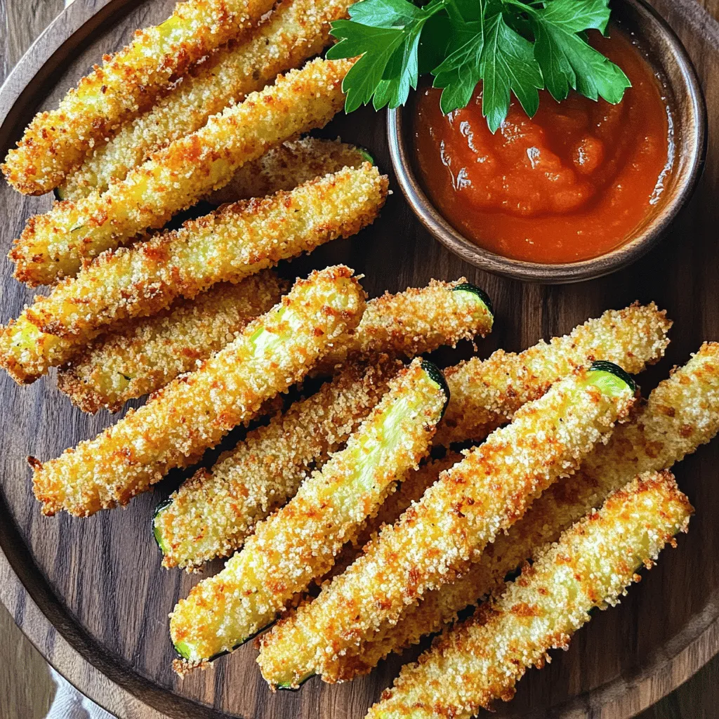 - Zucchini and their preparation Zucchini is the star of this recipe. Choose two medium zucchinis. Cut them into fry shapes, about 1/4 inch thick. This size helps them cook evenly and become crispy. - Panko breadcrumbs and their role in crispiness Panko breadcrumbs give these fries a crunchy texture. Use one cup of panko for the best results. Their light and airy structure makes them perfect for air frying. - Parmesan cheese for flavor enhancement Parmesan cheese adds a rich flavor. Grate 1/2 cup of fresh cheese and mix it with the breadcrumbs. This combination will elevate the taste of the fries. - Importance of garlic and onion powder Garlic and onion powder are key for flavor. Use one teaspoon of each. They add depth and savory notes that make every bite exciting. - The impact of Italian herbs Dried Italian herbs bring freshness to the dish. Use one teaspoon, and it will enhance the overall taste with hints of oregano and basil. - Adjusting salt and pepper to taste Always taste as you go. Adjust the salt and pepper to your liking. This simple step can make a big difference in flavor. - Types of spray options available You can use various cooking sprays. Choose olive oil, coconut oil, or even a non-stick spray. Each will work well to keep your fries from sticking. - Role in preventing sticking A light coat of cooking spray is essential. It helps the fries crisp without sticking to the air fryer basket. This ensures they cook evenly and maintain that perfect crunch. 1. Preheat the air fryer: Start by setting your air fryer to 400°F (200°C). This step is key. Preheating ensures your fries cook evenly and get crispy. Wait about 5 minutes for it to reach the right temperature. 2. Creating the dredging station: You need two shallow dishes. In one, pour the beaten eggs. In the other, mix the panko breadcrumbs, Parmesan cheese, garlic powder, onion powder, and Italian herbs. Add a pinch of salt and pepper for flavor. Stir this mix well. 1. Properly coating zucchini: Take a zucchini slice and dip it into the eggs. Make sure it is fully coated. Next, move it to the breadcrumb mixture. Press down gently to help the crumbs stick. 2. Ensuring the coating adheres well: Lay the coated zucchini fries on a plate. Repeat this for all the slices. A good coating is important. It helps create that crispy texture we love. 1. Arranging fries in the air fryer basket: Spray the air fryer basket lightly with cooking spray. Then, arrange your breaded zucchini fries in a single layer. Don’t overcrowd the basket. If needed, cook in batches for the best results. 2. Cooking time and temperature details: Air fry the zucchini fries for 10-12 minutes. Halfway through, give the basket a shake. This helps ensure even cooking. When they are golden brown and crispy, they are ready to enjoy. For the full recipe, refer back to the beginning. Enjoy these tasty snacks! To get the best crunch, avoid overcrowding the basket. If the fries touch, they won’t crisp up well. Cook them in a single layer. If you have a lot, fry in batches. Set your air fryer to 400°F (200°C). This high heat helps create that golden outer layer. For an even coat, use a dredging technique. First, dip the zucchini in beaten eggs fully. Then, transfer it to the breadcrumb mix. Press gently so the crumbs stick well. After coating, let them rest for about 10 minutes. This helps the coating set and improves crispiness. Pair your zucchini fries with tasty dips. Marinara sauce or garlic aioli work great. You can also add a sprinkle of fresh herbs for a pop of color. A few sprigs of parsley on top can make your dish look even better. {{image_4}} You can easily change the taste of your zucchini fries. Try using different cheeses like cheddar or mozzarella. These cheeses melt well and add a rich flavor. You can also mix in some spices. For a kick, add cayenne pepper or smoked paprika. These spices can make your fries pop with flavor. If you want to switch things up, use other veggies instead of zucchini. Sweet potatoes or carrots also work well. Just cut them into fry shapes. For a gluten-free option, you can use almond flour or crushed cornflakes instead of breadcrumbs. They will give you a nice crunch without gluten. Air frying is my favorite method for zucchini fries. It gives them a crispy texture without much oil. Baking is another option, but it may not get as crispy. Frying in oil is the classic way, but it adds a lot of calories. Each method has its own charm, but air frying keeps it simple and healthy. To keep your crispy air fryer zucchini fries fresh, cool them quickly. Place them on a wire rack to allow air flow. Once they reach room temperature, transfer them to an airtight container. They last about 3 to 4 days in the fridge. Reheating your fries can be tricky if you want to keep them crispy. The best method is using an oven. Preheat the oven to 400°F (200°C). Spread the fries on a baking sheet and heat for about 5 to 10 minutes. This method keeps them crunchy. Microwaving them is faster, but it may make them soggy. You can freeze zucchini fries before or after cooking. If freezing raw, coat them and lay them on a baking sheet. Once frozen, place them in a freezer bag. They stay good for about 3 months. To reheat, bake directly from frozen. If thawed, use the oven to regain crispiness. To enhance the crispiness of your zucchini fries, you can try a few tricks. First, make sure to cut the zucchini into even fry shapes. This helps them cook uniformly. Second, consider using a double coating method. Dip the zucchini in egg, then breadcrumbs, then back in the egg, and finally in the breadcrumbs again. This adds a thicker crust. Lastly, avoid overcrowding the air fryer basket. Space allows hot air to circulate, ensuring a crispy finish. You can use frozen zucchini, but it will affect the texture. Frozen zucchini has more moisture, which can make your fries soggy. If you choose to go this route, be sure to thaw and drain the zucchini thoroughly. You may need to adjust the cooking time. Start with 12 minutes, checking for doneness. Fresh zucchini always gives the best crunch, but frozen can work in a pinch. Zucchini fries pair well with many tasty dips. Here are a few popular options: - Marinara Sauce: A classic choice for dipping. - Garlic Aioli: Creamy and rich, this sauce adds great flavor. - Ranch Dressing: Perfect for those who enjoy a tangy bite. - Spicy Mayo: Mix mayo with sriracha for a spicy kick. You can even make your own dip by mixing yogurt with herbs and spices for a fresh take. Yes, zucchini fries are a healthy snack. Zucchini is low in calories and high in vitamins. Here’s a quick breakdown of their benefits: - Low in Calories: Great for light snacking. - High in Fiber: Good for digestion. - Rich in Nutrients: Contains vitamins A and C. With the right cooking method, like air frying, you can enjoy a tasty treat without the guilt. Zucchini fries are a tasty and healthy snack. We covered key ingredients like zucchini, panko, and Parmesan, which add flavor and crispiness. Seasonings, cooking spray, and proper techniques help achieve the best texture. By following the steps of preparation, coating, and cooking, you can enjoy perfect fries every time. Experiment with variations and serving ideas to make it your own. With these tips, you can enjoy crunchy zucchini fries that are fun to make and eat. Try it yourself, and see how delicious healthy snacking can be!