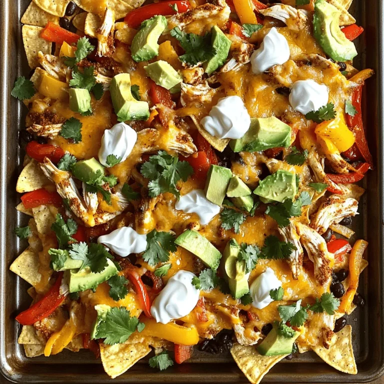To make tasty sheet-pan fajita nachos, you need: - 1 lb boneless chicken breast, thinly sliced - 1 red bell pepper, thinly sliced - 1 yellow bell pepper, thinly sliced - 1 medium onion, thinly sliced - 2 tablespoons olive oil - 1 tablespoon fajita seasoning - 1 bag of tortilla chips (approximately 12 oz) - 2 cups shredded cheddar cheese - 1 cup canned black beans, rinsed and drained These ingredients create a base of flavor and texture that is hard to beat. You can add these items for even more deliciousness: - 1 jalapeño, thinly sliced (for heat) - 1 avocado, diced - Fresh cilantro leaves, chopped, for garnish The jalapeño adds spice, while the avocado gives a creamy balance. To finish your nachos perfectly, consider these toppings: - ½ cup sour cream - Extra diced avocado - More cilantro These toppings will make your nachos look great and taste even better. Feel free to explore different combinations to suit your taste. For the full recipe, check out the detailed steps. Start by slicing the chicken breast and the vegetables. Use a sharp knife for neat cuts. You want thin slices for quick cooking. In a large bowl, mix the chicken, red and yellow bell peppers, and onion. Add olive oil and fajita seasoning. Toss everything together until each piece is coated. This step is key for great flavor. Next, preheat your oven to 400°F (200°C). Spread the chicken and vegetable mix onto a large sheet pan. Make sure the pieces are even for proper roasting. Place the pan in the oven and roast for about 15 to 20 minutes. You want the chicken cooked through and the veggies tender. Check halfway through to stir and ensure even cooking. Once roasted, take the pan out of the oven. Layer the tortilla chips across the bottom of the pan. Spread them out so every chip gets some toppings. Add the roasted chicken and vegetable mix on top. Then, sprinkle the black beans over the mixture. Finally, add shredded cheddar cheese generously. Bake again for 5 to 7 minutes until the cheese is melted and bubbly. After that, take the pan out and let it cool for a minute. Top with sliced jalapeños and diced avocado. Finish with a dollop of sour cream and chopped cilantro. This adds color and flavor. Serve directly from the sheet pan for a fun, casual meal. Check out the Full Recipe for more details! To get the crispiest nachos, start with fresh tortilla chips. Thin chips work best. Spread them evenly on the sheet pan without stacking. This allows each chip to get heat. Bake them for a few minutes before adding toppings. This step will help keep them crunchy. To boost the flavor of the fajita mix, use fresh herbs. Fresh cilantro or parsley can add brightness. You can also add a splash of lime juice right before serving. This adds a zesty kick. For extra heat, toss in some diced jalapeños with the mix. Serve your nachos straight from the sheet pan for fun. Place extra toppings like sour cream and guacamole on the side. This lets everyone customize their nachos. Pair them with a cold drink, like lemonade or iced tea. For a complete meal, serve with a side salad. You can find the full recipe for these delicious nachos here: [Full Recipe]. {{image_4}} You can make these nachos meat-free. Replace the chicken with grilled mushrooms or zucchini. Use black beans and corn for protein. Add extra bell peppers and onions for more flavor. For vegan cheese, try a nut-based option. This keeps the dish rich and tasty without animal products. If you want to switch up the protein, consider shrimp or beef. Shrimp cooks quickly and adds a nice touch. Thinly sliced steak works well too, adding a hearty flavor. For a lighter choice, try turkey breast. Each alternative brings a unique spin to your nachos. To adjust the heat, add more jalapeños for spice. You can also use spicy cheese like pepper jack. For a milder dish, skip the jalapeños. Instead, add sweet corn or mild salsa. This way, everyone can enjoy the dish, no matter their spice tolerance. Store leftover nachos in an airtight container. Make sure to separate the chips from the toppings. If the chips get soggy, they lose their crunch. Keep the chips in one container and the toppings in another. This way, the chips stay fresh longer. You can store them in the fridge for about three days. To reheat nachos, preheat your oven to 350°F (175°C). Spread the chips on a baking sheet. Add any toppings back on top. Bake for about 10 minutes. This warms them up and brings back some crunch. You can also microwave them. Heat in short bursts of 30 seconds. Check often to prevent sogginess. Freezing nachos is possible but not ideal. For best results, freeze the cooked chicken and veggies separately. Lay them flat in freezer bags to save space. You can freeze the chips too, but they may get soft. When ready to use, thaw overnight in the fridge. Reheat as directed for fresh-tasting nachos. For the full recipe, check the link in this article. Yes, you can easily make sheet-pan fajita nachos without meat. Use beans or grilled veggies instead. Black beans or pinto beans add protein and texture. You can also add mushrooms, zucchini, or corn for a fresh taste. They will still be tasty and filling. Try using some spices to boost the flavor. You can control the spice level by adjusting the seasoning. If you want it mild, skip the jalapeños. For more heat, add sliced jalapeños, or a dash of hot sauce. You can also mix in some cayenne pepper or chili powder. Start small and taste as you go. This way, you can find the perfect heat for you. Cheddar cheese is a classic choice for fajita nachos. It melts well and adds a great flavor. You can also mix in Monterey Jack for creaminess or pepper jack for a spicy kick. A blend of cheeses will make your nachos even more flavorful. Just remember to sprinkle it generously for that cheesy goodness. Check out the Full Recipe for more details! In this article, we explored how to create delicious sheet-pan fajita nachos. We covered the main and optional ingredients, gave step-by-step instructions, shared tips for crispiness, and offered tasty variations. Remember, you can adjust flavors and toppings based on your taste. Lastly, don’t forget about storage and reheating tips to enjoy leftovers later. Now you're ready to impress with your nacho skills!