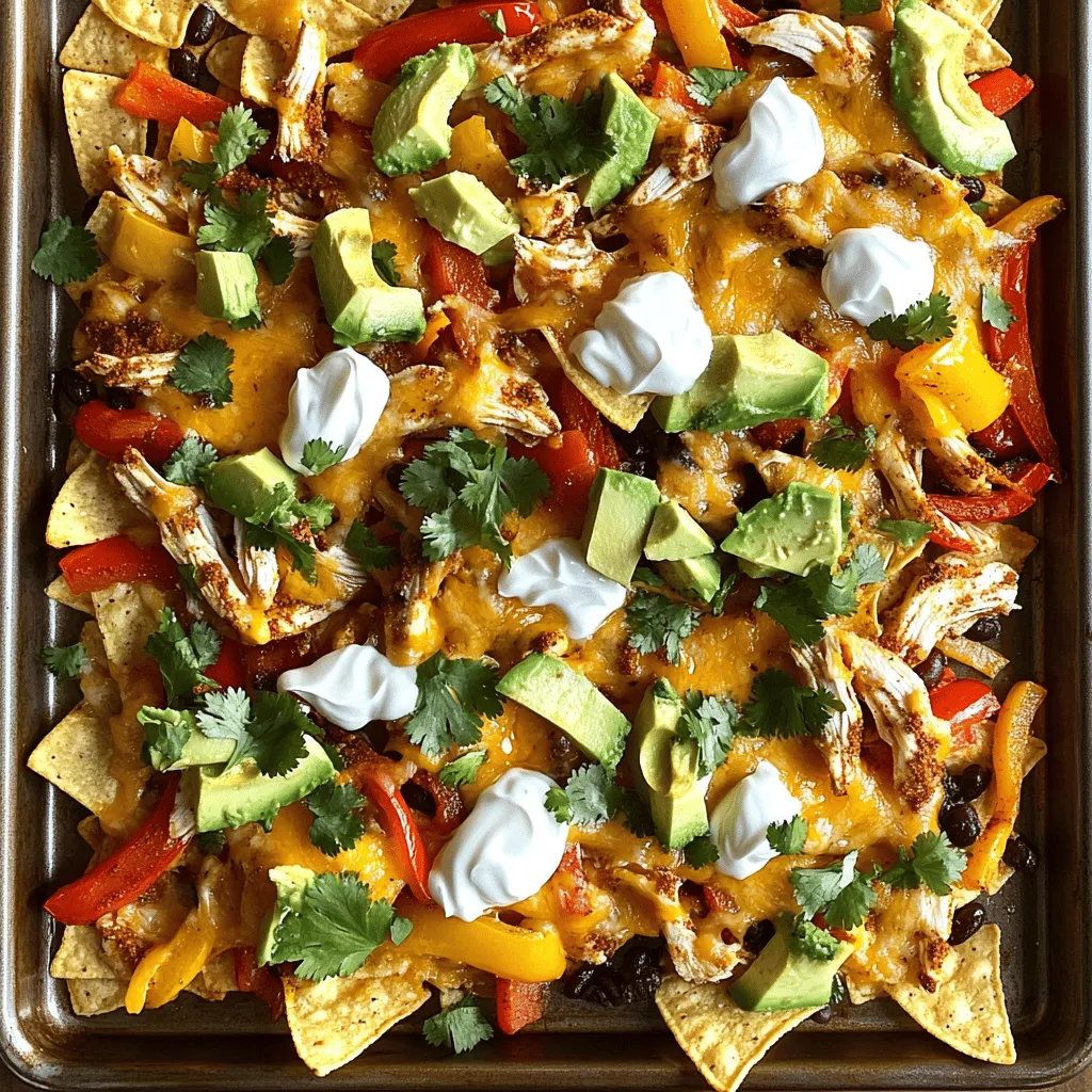 To make tasty sheet-pan fajita nachos, you need: - 1 lb boneless chicken breast, thinly sliced - 1 red bell pepper, thinly sliced - 1 yellow bell pepper, thinly sliced - 1 medium onion, thinly sliced - 2 tablespoons olive oil - 1 tablespoon fajita seasoning - 1 bag of tortilla chips (approximately 12 oz) - 2 cups shredded cheddar cheese - 1 cup canned black beans, rinsed and drained These ingredients create a base of flavor and texture that is hard to beat. You can add these items for even more deliciousness: - 1 jalapeño, thinly sliced (for heat) - 1 avocado, diced - Fresh cilantro leaves, chopped, for garnish The jalapeño adds spice, while the avocado gives a creamy balance. To finish your nachos perfectly, consider these toppings: - ½ cup sour cream - Extra diced avocado - More cilantro These toppings will make your nachos look great and taste even better. Feel free to explore different combinations to suit your taste. For the full recipe, check out the detailed steps. Start by slicing the chicken breast and the vegetables. Use a sharp knife for neat cuts. You want thin slices for quick cooking. In a large bowl, mix the chicken, red and yellow bell peppers, and onion. Add olive oil and fajita seasoning. Toss everything together until each piece is coated. This step is key for great flavor. Next, preheat your oven to 400°F (200°C). Spread the chicken and vegetable mix onto a large sheet pan. Make sure the pieces are even for proper roasting. Place the pan in the oven and roast for about 15 to 20 minutes. You want the chicken cooked through and the veggies tender. Check halfway through to stir and ensure even cooking. Once roasted, take the pan out of the oven. Layer the tortilla chips across the bottom of the pan. Spread them out so every chip gets some toppings. Add the roasted chicken and vegetable mix on top. Then, sprinkle the black beans over the mixture. Finally, add shredded cheddar cheese generously. Bake again for 5 to 7 minutes until the cheese is melted and bubbly. After that, take the pan out and let it cool for a minute. Top with sliced jalapeños and diced avocado. Finish with a dollop of sour cream and chopped cilantro. This adds color and flavor. Serve directly from the sheet pan for a fun, casual meal. Check out the Full Recipe for more details! To get the crispiest nachos, start with fresh tortilla chips. Thin chips work best. Spread them evenly on the sheet pan without stacking. This allows each chip to get heat. Bake them for a few minutes before adding toppings. This step will help keep them crunchy. To boost the flavor of the fajita mix, use fresh herbs. Fresh cilantro or parsley can add brightness. You can also add a splash of lime juice right before serving. This adds a zesty kick. For extra heat, toss in some diced jalapeños with the mix. Serve your nachos straight from the sheet pan for fun. Place extra toppings like sour cream and guacamole on the side. This lets everyone customize their nachos. Pair them with a cold drink, like lemonade or iced tea. For a complete meal, serve with a side salad. You can find the full recipe for these delicious nachos here: [Full Recipe]. {{image_4}} You can make these nachos meat-free. Replace the chicken with grilled mushrooms or zucchini. Use black beans and corn for protein. Add extra bell peppers and onions for more flavor. For vegan cheese, try a nut-based option. This keeps the dish rich and tasty without animal products. If you want to switch up the protein, consider shrimp or beef. Shrimp cooks quickly and adds a nice touch. Thinly sliced steak works well too, adding a hearty flavor. For a lighter choice, try turkey breast. Each alternative brings a unique spin to your nachos. To adjust the heat, add more jalapeños for spice. You can also use spicy cheese like pepper jack. For a milder dish, skip the jalapeños. Instead, add sweet corn or mild salsa. This way, everyone can enjoy the dish, no matter their spice tolerance. Store leftover nachos in an airtight container. Make sure to separate the chips from the toppings. If the chips get soggy, they lose their crunch. Keep the chips in one container and the toppings in another. This way, the chips stay fresh longer. You can store them in the fridge for about three days. To reheat nachos, preheat your oven to 350°F (175°C). Spread the chips on a baking sheet. Add any toppings back on top. Bake for about 10 minutes. This warms them up and brings back some crunch. You can also microwave them. Heat in short bursts of 30 seconds. Check often to prevent sogginess. Freezing nachos is possible but not ideal. For best results, freeze the cooked chicken and veggies separately. Lay them flat in freezer bags to save space. You can freeze the chips too, but they may get soft. When ready to use, thaw overnight in the fridge. Reheat as directed for fresh-tasting nachos. For the full recipe, check the link in this article. Yes, you can easily make sheet-pan fajita nachos without meat. Use beans or grilled veggies instead. Black beans or pinto beans add protein and texture. You can also add mushrooms, zucchini, or corn for a fresh taste. They will still be tasty and filling. Try using some spices to boost the flavor. You can control the spice level by adjusting the seasoning. If you want it mild, skip the jalapeños. For more heat, add sliced jalapeños, or a dash of hot sauce. You can also mix in some cayenne pepper or chili powder. Start small and taste as you go. This way, you can find the perfect heat for you. Cheddar cheese is a classic choice for fajita nachos. It melts well and adds a great flavor. You can also mix in Monterey Jack for creaminess or pepper jack for a spicy kick. A blend of cheeses will make your nachos even more flavorful. Just remember to sprinkle it generously for that cheesy goodness. Check out the Full Recipe for more details! In this article, we explored how to create delicious sheet-pan fajita nachos. We covered the main and optional ingredients, gave step-by-step instructions, shared tips for crispiness, and offered tasty variations. Remember, you can adjust flavors and toppings based on your taste. Lastly, don’t forget about storage and reheating tips to enjoy leftovers later. Now you're ready to impress with your nacho skills!
