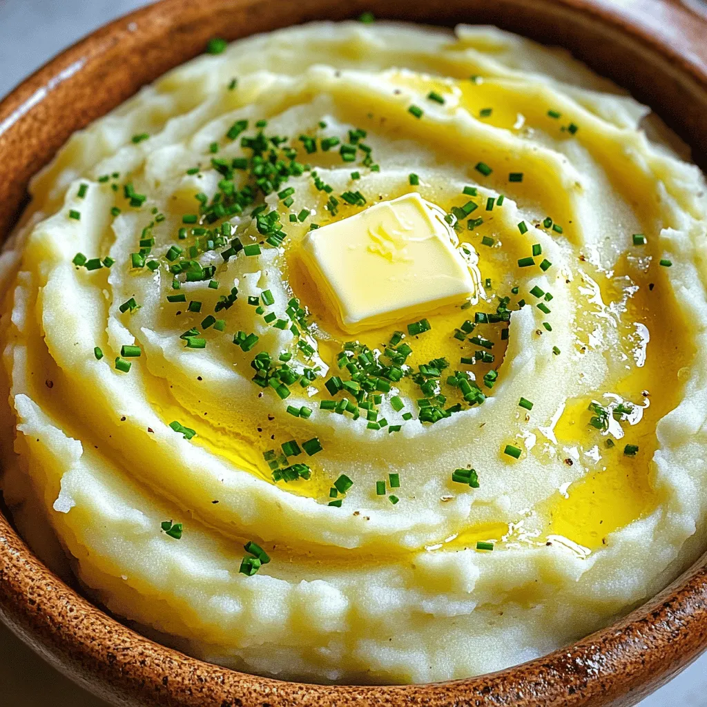 To make creamy garlic mashed potatoes, you need these simple ingredients: - 2 pounds Yukon Gold potatoes - 4 cloves garlic - 1 cup whole milk (or heavy cream) - 1/2 cup unsalted butter - 1/2 teaspoon salt - 1/4 teaspoon freshly ground black pepper - 1/4 cup sour cream - Fresh chives for garnish These ingredients work together to create a rich and smooth texture. Yukon Gold potatoes are great because they are creamy and buttery. The garlic adds a lovely flavor that makes each bite delightful. You can choose whole milk for a lighter dish or heavy cream for extra richness. Sour cream gives a tangy kick, making the mash even more special. Using fresh chives as a garnish not only looks nice but adds a fresh taste. When you gather all these items, you’re on your way to a perfect side dish. For the complete steps, check out the Full Recipe. To start, place the cubed Yukon Gold potatoes in a large pot. Cover them with cold salted water. Turn the heat to medium-high and bring the water to a boil. Once boiling, reduce the heat to medium. Let the potatoes simmer for about 15-20 minutes. You want them fork-tender, which means they should break apart easily when you poke them with a fork. While the potatoes cook, take a small saucepan. Combine the minced garlic and your choice of milk or cream in it. Set the saucepan on medium heat. Warm the mixture for about 3-5 minutes. Stir it gently and watch closely. You don’t want it to boil. Just warm enough to let the garlic flavor seep into the milk or cream. When the potatoes are done, drain them in a colander. Return them to the pot. This helps any leftover moisture to evaporate. Next, add the softened butter and your warm garlic-infused milk (or cream) to the potatoes. Also, add the sour cream for a nice tang. Use a potato masher or an electric mixer to mash everything together. Keep mashing until you reach your desired smoothness. Make sure there are no lumps left. Finally, season your mashed potatoes with salt and freshly ground black pepper. Adjust to taste for the best flavor. Serve your creamy garlic mashed potatoes in a bowl. Fluff the top with a fork and sprinkle some finely chopped chives on top. This adds a fresh touch. For the full recipe, check [here](Full Recipe). To get the best creamy texture, you can choose how to mash your potatoes. You can use a manual masher or an electric mixer. Both work well, but an electric mixer will give a smoother finish. The key here is to use warm ingredients. Warm milk and butter mix better with the potatoes. Cold ingredients can make the mash thick and lumpy. You can adjust the flavor of your garlic mashed potatoes easily. If you want more garlic, add an extra clove, or use roasted garlic for a sweeter taste. You can also add fresh herbs like rosemary or thyme for a fresh twist. If you enjoy spice, a pinch of cayenne pepper can add a kick. For a beautiful presentation, serve your creamy garlic mashed potatoes in elegant bowls. Use warm plates to keep your dish nice and hot. Create a butter well by making a small indentation in the center of the mash. Place a pat of butter there to melt beautifully. This adds a lovely touch to your meal. {{image_4}} You can make creamy garlic mashed potatoes fit your needs. If you need lactose-free options, use almond milk or oat milk instead of whole milk. For butter, try using olive oil or a dairy-free spread. These swaps will still give you a creamy texture. For seasoning, feel free to change it up! Instead of garlic, you can use roasted garlic for a sweeter flavor. Add herbs like rosemary or thyme for a fresh twist. The type of potato you use matters. Yukon Gold potatoes are creamy, but russet potatoes work well too. Russets give a fluffier texture. Red potatoes have a waxy feel, making them great for a chunky mash. Want to try something new? Use sweet potatoes! They add a lovely sweetness and a bright color. Just boil them like regular potatoes, and mash away. If you follow a vegan diet, you can still enjoy this dish. Use plant-based butter and coconut cream instead of regular butter and cream. This keeps the creamy goodness intact. For gluten-free diets, you’re already safe! Mashed potatoes are naturally gluten-free. Just make sure any seasonings or added ingredients are also gluten-free. To keep your creamy garlic mashed potatoes fresh, place them in an airtight container. This helps lock in moisture and flavor. Store the container in the fridge. They will last for about three days. When you reheat them, add a splash of milk. This keeps them creamy and smooth. You can also freeze mashed potatoes for later use. First, let them cool completely. Then, spoon them into freezer-safe bags or containers. Remove as much air as possible. When you're ready to eat, thaw them in the fridge overnight. To reheat, warm them gently on the stove or in the microwave. Expect some texture changes; they might be a bit grainy. Just stir in a little milk or butter to improve the texture. In the fridge, creamy garlic mashed potatoes last about three days. If they sit longer, check for signs of spoilage. Look for changes in color or smell. If they smell sour or look off, it's best to discard them. Enjoy your creamy garlic mashed potatoes fresh for the best taste! For the full recipe, check the link provided. You can make creamy garlic mashed potatoes in advance. First, prepare your potatoes as usual. After mashing, let them cool. Store them in an airtight container in the fridge for up to two days. To reheat, place them in a pot over low heat. Add a splash of milk or cream to keep them creamy. Stir often to avoid sticking. This method makes it easy to serve later. Yes, you can use various potatoes for your mash. Yukon Gold offers a creamy texture with a buttery taste. Russet potatoes are fluffy and light, making them a great option too. Red potatoes give a waxy texture, which can be nice if you prefer some lumps. Each type brings its own flavor and texture, so feel free to experiment! Creamy garlic mashed potatoes pair well with many dishes. Serve them with roast chicken for a classic meal. They also work great alongside a juicy steak or grilled salmon. For a vegetarian option, enjoy them with sautéed mushrooms and steamed greens. The creamy texture complements many flavors and makes any meal feel special. For the complete recipe, check out the [Full Recipe](#). It has all the details you need to create this delicious dish! In this blog post, I covered everything needed for creamy garlic mashed potatoes. You learned the key ingredients, simple steps, and helpful tips. We explored variations for different diets and how to store leftovers. Creamy garlic mashed potatoes can impress anyone and fit any meal. With the guide provided, you can create your own delicious dish at home. Now, enjoy your creamy mashed potatoes and share them with others!
