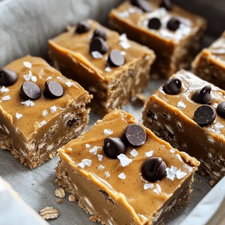 To make delicious no bake peanut butter bars, gather these simple ingredients: - 1 cup natural peanut butter (smooth or crunchy) - 1/2 cup pure maple syrup - 1 cup rolled oats (old-fashioned or quick) - 1/2 cup almond flour (or any nut flour) - 1/2 cup dark chocolate chips (vegan if desired) - 1 teaspoon pure vanilla extract - 1/4 teaspoon fine sea salt - Optional: Chopped nuts (like walnuts or pecans) or seeds (like chia or sunflower seeds) for topping Each ingredient plays an important role. The peanut butter gives a rich taste. Maple syrup adds sweetness and binds the bars. Oats provide texture and heartiness. Almond flour helps with a soft, chewy base. Dark chocolate chips add a sweet touch and a hint of indulgence. Vanilla extract enhances flavor, while sea salt balances everything perfectly. You can add optional toppings for extra crunch and flavor. Check out the Full Recipe for more details! 1. In a medium bowl, mix the peanut butter and maple syrup. 2. Use a spatula or whisk until it is smooth and creamy. 3. Add vanilla extract and sea salt. Stir well to mix evenly. 4. In a larger bowl, combine the rolled oats and almond flour. 5. Make sure there are no clumps in the dry mix. 6. Pour the peanut butter mixture over the oats and flour. 7. Stir with a wooden spoon until you have a thick, sticky dough. 1. Take an 8x8 inch baking pan and line it with parchment paper. 2. Let the edges hang over for easy removal later. 3. Spoon the mixture into the lined pan. 4. Press it down firmly and evenly with a spatula or your hands. 1. Spread the dark chocolate chips evenly over the pressed mixture. 2. Gently press the chips down into the surface. 3. If you want, sprinkle chopped nuts or seeds on top for texture. 4. Place the pan in the fridge and chill for at least 2 hours. 5. Once firm, lift the bars out using the parchment paper. 6. Cut them into squares or rectangles with a sharp knife. For the full recipe, you can refer to the earlier section. To get the best no bake peanut butter bars, focus on the consistency of peanut butter. Use a natural peanut butter. It should be smooth and creamy. If it's too thick, your bars may turn out dry. For sweetness, adjust the sweetness level by adding more or less maple syrup. Test the mix with a small bite. You want a balanced flavor. Lastly, ensuring proper chilling time is key. Chill the bars for at least 2 hours. This helps them set well and makes cutting easier. When serving, presentation tips for serving can make a big difference. Use a decorative plate to show off your bars. Garnish with extra chocolate chips and a sprinkle of sea salt. For a fun touch, stack the bars and use decorative toothpicks. This makes serving easy. If you want pairing ideas, try these bars with fresh fruit or a cup of coffee. They also work well as an afternoon snack or dessert after dinner. Be mindful of overmixing the ingredients. Too much mixing can make the bars tough. Mix just until everything is combined. Another mistake is not pressing down firmly enough in the baking pan. If you don't press firmly, the bars may crumble. Use your hands or spatula to create a compact layer. Both steps will help you make the perfect no bake peanut butter bars. For the full recipe, check out the earlier section. {{image_4}} You can easily change the flavor of your no bake peanut butter bars. Adding cocoa powder gives a rich chocolate taste. Just mix in a few tablespoons of cocoa powder with the dry ingredients. This small tweak makes a big difference! You can also incorporate protein powder or superfood powders. This adds extra nutrition and helps keep you full. If you need gluten-free options, use certified gluten-free oats. This keeps the bars safe for those with gluten issues. For nut-free alternatives, try sunflower seed butter instead of peanut butter. It tastes great and works well in this recipe. Want a bit of crunch? Use crunchy peanut butter instead of smooth. This gives a fun texture. You can also add dried fruits or seeds. Some good choices are raisins, cranberries, or pumpkin seeds. These add flavor and make your bars even more interesting! Feel free to explore these variations to make your no bake peanut butter bars your own. For the full recipe, check out the previous section! To keep your no bake peanut butter bars fresh, store them in the refrigerator. Use an airtight container to prevent any moisture from getting in. This keeps the bars firm and tasty. They will last about one week in the fridge. If you want to enjoy them later, freezing is a great option. To freeze the bars, cut them into squares first. Wrap each square tightly in plastic wrap. Then, place them in a freezer-safe bag or container. This helps to keep them fresh and tasty for up to three months. When you are ready to eat, take out a bar and let it thaw in the fridge. For the best texture, do not thaw at room temperature. If you have leftover bars, they can be a fun snack. You can crumble them over yogurt for added crunch or mix them into smoothies for a protein boost. They also make a great topping for oatmeal or even pancakes. Enjoy getting creative with these delicious treats! For the full recipe, click here. To make these bars vegan, choose maple syrup as your sweetener. Use dark chocolate chips labeled vegan. For the nut flour, almond flour works well and is vegan. You can also use other nut or seed butters in place of peanut butter if you prefer. These bars stay fresh for about one week in the fridge. Store them in an airtight container. If you want them to last longer, you can freeze them. They will keep well for up to three months in the freezer. Yes, you can swap maple syrup with honey or agave. Honey is not vegan, but it works well if you don't mind. Agave syrup is a great vegan option and has a similar sweetness to maple syrup. Adjust the amount based on your taste. For clean cuts, use a sharp knife. Wipe the knife with a damp cloth between cuts. This helps keep the edges neat. You can also chill the bars for at least two hours before cutting them. This makes them firmer and easier to slice. Yes, you can make these bars without oats. You can replace oats with more almond flour or ground nuts. This change may alter the texture a bit, but they will still be delicious. Just ensure you adjust the other ingredients to keep the right consistency. For the full recipe, check out the [Full Recipe]. These no-bake peanut butter bars are simple, tasty, and good for you. We covered the key ingredients, preparation steps, and tips for success. You can also explore fun variations for different flavors and textures. Storing these bars is easy, whether in the fridge or freezer. With the right methods, you can enjoy them for weeks. Try out recipes and share with friends and family. You will love how they turn out! Enjoy making and munching on your delicious creation.