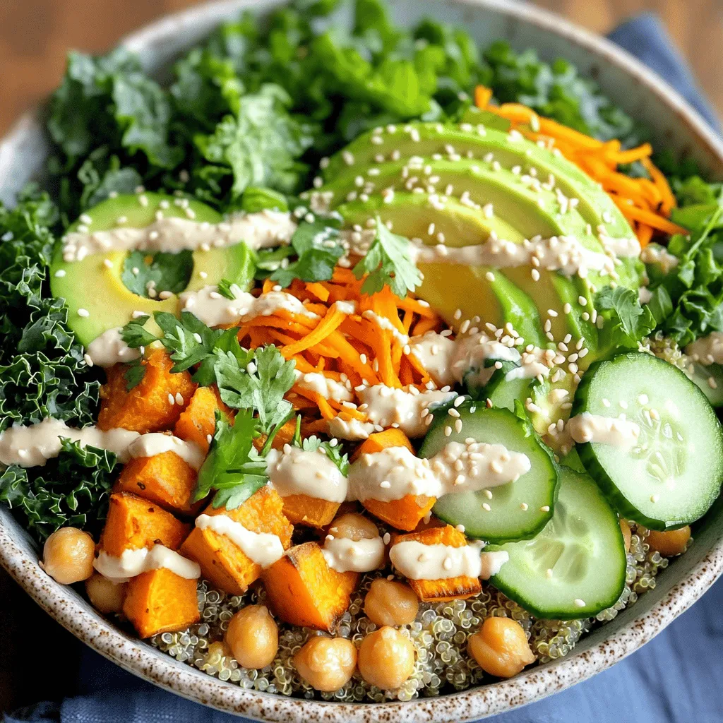 - 1 cup quinoa, thoroughly rinsed - 2 cups vegetable broth (or water) - 1 medium sweet potato, peeled and cubed into bite-sized pieces - 1 cup canned chickpeas, drained and rinsed - 1 cup kale, stems removed and chopped roughly - 1 ripe avocado, sliced - 1 medium carrot, peeled and shredded - ½ cucumber, sliced into thin rounds The base of my Vegan Buddha Bowl starts with quinoa. Quinoa is a great source of protein and fiber. It cooks up fluffy and light. Next, I love adding sweet potatoes. They bring a nice sweetness and a pop of color. Chickpeas add protein and a creamy texture. Kale is my go-to leafy green. It has a hearty bite and packs nutrients. For the creamy and rich element, I slice ripe avocado. Carrots add crunch and a bright orange color. Lastly, thinly sliced cucumber gives a refreshing crunch. Each ingredient works together to create a colorful and balanced meal. - ¼ cup tahini (sesame paste) - 2 tablespoons freshly squeezed lemon juice - 1 tablespoon pure maple syrup - 1 teaspoon garlic powder - Olive oil, for drizzling Now, let's talk about the dressing. I use tahini to create a creamy base. It has a lovely nutty flavor. Fresh lemon juice adds brightness and zing. A touch of maple syrup balances the flavors with sweetness. Garlic powder brings depth, so I don't skip that. A drizzle of olive oil ties everything together. It adds richness and helps the dressing coat all the ingredients nicely. - Sesame seeds - Fresh herbs (parsley or cilantro) For a finishing touch, I love to sprinkle sesame seeds. They add a nutty crunch. Fresh herbs like parsley or cilantro brighten the dish. They also add a lovely aroma. These optional garnishes make your bowl even more inviting. Feel free to experiment with these ingredients. You can create your own vibrant Vegan Buddha Bowl packed with fresh ingredients. For the full recipe, check out the Vibrant Vegan Buddha Bowl . - Preheat the oven: Start by preheating your oven to 400°F (200°C). This gets it ready for roasting. - Roast sweet potatoes and chickpeas: Take a large baking sheet. Spread the cubed sweet potatoes and drained chickpeas on it. Drizzle some olive oil over them. Sprinkle garlic powder, salt, and pepper. Toss them well to coat. Spread the mix in a single layer. Bake for about 25-30 minutes. Stir halfway through. You want them tender and caramelized. - Bring broth to a boil: While the sweet potatoes and chickpeas roast, take a medium pot. Pour in the vegetable broth or water and bring it to a rolling boil. - Simmer quinoa: Add the rinsed quinoa to the pot. Lower the heat to a simmer. Cover the pot and let it cook for about 15 minutes. When the liquid is gone, take it off heat. Let it sit covered for another 5 minutes. Fluff it with a fork after. - Whisk tahini and lemon juice: In a small bowl, combine tahini, lemon juice, maple syrup, and a splash of water. Use a whisk to mix until smooth. - Adjust consistency with water: If the dressing is too thick, add more water a little at a time. Keep mixing until it reaches your desired thickness. - Layer quinoa and veggies: In a large bowl, start with a base of fluffy quinoa. Then, add the roasted sweet potatoes, chickpeas, chopped kale, sliced avocado, shredded carrot, and cucumber. Arrange them nicely for a colorful look. - Drizzle with dressing and garnish: Pour the tahini dressing over your bowl. Finish by sprinkling sesame seeds and fresh herbs on top for added flavor and beauty. Enjoy your Vegan Buddha Bowl, packed with fresh ingredients! For precise details, check the Full Recipe. To cook quinoa perfectly, start with rinsing it. This removes the bitter coating. Use a 1:2 ratio of quinoa to liquid. For this bowl, I recommend vegetable broth for more flavor. Bring your broth to a boil, then add the rinsed quinoa. Cover the pot and reduce the heat to low. Let it simmer for about 15 minutes. Once done, fluff it with a fork and set it aside. For roasting sweet potatoes and chickpeas, preheat your oven to 400°F (200°C). Cut the sweet potatoes into small cubes for even cooking. Toss them with olive oil, garlic powder, salt, and pepper. Spread them out on a baking sheet. Make sure the chickpeas are dry before adding them to the mix. Roast everything for about 25 to 30 minutes. Stir halfway through to ensure even roasting. You want them tender and slightly crispy. Meal prep can make your week easier. Cook your quinoa and roast your veggies ahead of time. Store them in separate containers in the fridge. This way, you can mix and match ingredients all week long. You can also chop your kale, carrots, and cucumber in advance. Store them in airtight bags or containers. They’ll stay fresh and ready to use. To boost the flavor, consider adding spices. A pinch of cumin or smoked paprika can add depth. You can also try some chili flakes for heat. Using seasonal ingredients is another great idea. Fresh summer tomatoes or autumn squash bring vibrant flavors. Always look for what’s fresh at your local market. It makes your Buddha Bowl even better! For the full recipe, check the link! {{image_4}} You can switch up the protein in your Buddha Bowl for variety. - Tofu: Tofu is a great choice. It absorbs flavors well and adds a nice texture. Simply press it to remove excess water, then cube and pan-fry or bake until golden brown. Toss it in with your other ingredients for a delicious twist. - Tempeh: Tempeh is another option. It has a nutty flavor and is packed with protein. Slice it thin, marinate it, and then grill or sauté it. This adds a hearty bite to your bowl. Feel free to mix and match your veggies. - Spinach or arugula: These greens are great substitutes for kale. They offer a fresh taste and vibrant color. Simply add them raw on top of your bowl for a nutritious crunch. - Roasted bell peppers: Roasted bell peppers bring sweetness and a pop of color. Slice them and roast until tender. They complement the other flavors nicely. Switching up the dressing can change the whole bowl. - Peanut sauce: A creamy peanut sauce can add richness. Blend peanut butter, soy sauce, and lime juice for a tasty twist. Drizzle it over your Buddha Bowl for a delightful flavor. - Yogurt-based dressing: A yogurt-based dressing can add creaminess. Mix plain vegan yogurt with herbs and lemon juice. This dressing can brighten the flavors in your bowl. Try these variations to make your Vegan Buddha Bowl unique. Explore flavors and textures to find your favorite combination. Don’t forget to check the Full Recipe for a complete guide! To keep your Vegan Buddha Bowl fresh, store leftovers in the fridge. Use airtight containers to avoid spills and keep flavors intact. This helps maintain taste and texture. You can store the bowl for up to 3 days. When reheating, your goal is to keep everything tasty. For quinoa, place it in a pot with a splash of water. Heat on low, stirring to warm evenly. For roasted sweet potatoes and chickpeas, use the oven. Reheat them at 350°F (175°C) for about 10 minutes. This method keeps them crispy. If you want to freeze your Buddha Bowl, separate the components first. Quinoa and roasted veggies freeze well. Place them in freezer-safe bags. Remove as much air as possible. For thawing, take out the night before and place in the fridge. This way, they thaw slowly and taste fresh when heated. A Vegan Buddha Bowl is a colorful dish that combines various fresh ingredients. It usually features a grain base, like quinoa, topped with veggies, legumes, and healthy fats. Common components include roasted sweet potatoes, chickpeas, kale, avocado, and carrots. The bowl is often drizzled with a tasty dressing, like tahini, adding rich flavor. This dish is not only nutritious but also visually appealing, making it perfect for any meal. You can easily customize your Buddha Bowl to fit your tastes and dietary needs. Here are some ideas: - Grains: Use brown rice, farro, or barley instead of quinoa. - Vegetables: Add spinach, roasted bell peppers, or steamed broccoli. - Proteins: Include tofu, tempeh, or edamame for extra protein. - Dressings: Swap tahini for a peanut sauce or a yogurt-based dressing. - Toppings: Experiment with nuts, seeds, or dried fruits for added crunch and flavor. Yes, you can use other grains in your Buddha Bowl. Here are some great alternatives: - Brown Rice: A hearty option with a chewy texture. - Farro: Offers a nutty flavor and is rich in fiber. - Barley: A great choice that adds a chewy bite and is filling. - Millet: Light and fluffy, making it a good substitute for quinoa. Each grain brings its unique taste and benefits, so feel free to mix and match! Buddha Bowls offer many health benefits, making them a smart choice for meals: - Nutrient-Dense: Packed with vitamins, minerals, and antioxidants. - High in Fiber: Ingredients like quinoa, beans, and veggies help with digestion. - Plant-Based Proteins: Chickpeas and other legumes provide essential amino acids. - Healthy Fats: Avocados and tahini supply heart-healthy fats. - Customizable: You can adjust ingredients to fit specific dietary needs. These bowls can support your overall health while keeping your meals exciting and delicious. For the full recipe, you can check out the Vibrant Vegan Buddha Bowl . The Vegan Buddha Bowl combines wholesome ingredients for a filling meal. You need quinoa, sweet potatoes, and chickpeas for a great base. Add kale, avocado, and fresh veggies for nutrition. Drizzle a tasty tahini dressing to enhance the flavor. With tips on cooking and storage, you can enjoy this bowl anytime. Feel free to mix and match ingredients to make it your own. This dish is not just healthy but also fun to create. Eating well can be simple and delicious!