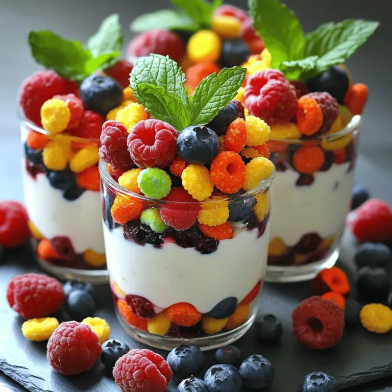 To make the Fruity Pebbles Yogurt Parfait, you need some tasty and colorful ingredients. Here’s what you will need: - 2 cups Greek yogurt (choose between plain or vanilla for extra flavor) - 1 cup Fruity Pebbles cereal - 1 cup mixed fresh berries (including strawberries, blueberries, and raspberries for a colorful mix) - 2 tablespoons honey or maple syrup (optional for adding sweetness) - 1 teaspoon vanilla extract (optional for enhanced flavor) - Fresh mint leaves for garnish Let’s dive deeper into each ingredient. Greek yogurt is creamy and packed with protein. You can use plain yogurt or vanilla for a sweeter taste. Fruity Pebbles add a fun crunch and burst of color. Mixed fresh berries bring natural sweetness and a pop of freshness. Honey or maple syrup gives you a sweet boost if you want it. Vanilla extract enhances the flavors and makes the yogurt taste rich. Finally, fresh mint leaves not only look nice but also add a refreshing touch to your parfait. This combination of ingredients makes every bite delightful. You can find the full recipe in the instructions. Remember to choose fresh berries and quality yogurt for the best results. Enjoy the process of layering! 1. Start with a medium mixing bowl. 2. Combine 2 cups of Greek yogurt with 2 tablespoons of honey. 3. Add 1 teaspoon of vanilla extract for extra flavor. 4. Use a whisk or spatula to stir until the mixture is smooth. Mixing these ingredients well creates a creamy base. This yogurt mixture adds a rich taste to your parfait. You can choose plain or vanilla yogurt, depending on your preference. The honey and vanilla enhance the sweetness and aroma. 1. Grab 4 serving glasses or bowls. 2. Spoon an even layer of yogurt into each glass. 3. On top of the yogurt, add a layer of mixed berries. 4. Divide the berries evenly to make it colorful. 5. Sprinkle a layer of Fruity Pebbles cereal over the berries. The bright colors of the berries and cereal make this parfait fun. It is all about the layers. Repeat the process until the glasses are full. End with yogurt on top and a sprinkle of Fruity Pebbles for a festive look. 1. Garnish each parfait with fresh mint leaves. 2. Serve the parfaits right away for a crunchy delight. 3. You can chill them in the fridge for 30 minutes if you prefer. Garnishing with mint adds a fresh twist. Whether you serve them immediately or chilled, this parfait brings joy. Check out the Full Recipe for more details! - Using flavored yogurt: Flavored yogurt makes your parfait taste even better. Try using strawberry or vanilla yogurt for a fun twist. - Sweetening your parfait: Add honey or maple syrup to your yogurt. This boosts the taste and adds sweetness. Just two tablespoons do the trick! - Choosing the right serving vessel: Use clear glasses to show off the bright layers. A jar or a parfait glass works great too. - Creative topping ideas: Top your parfait with a sprinkle of additional Fruity Pebbles. Fresh mint leaves also add a nice touch and make it look fancy. - Recommended mixing bowls and utensils: Use a medium mixing bowl and a whisk or spatula. These tools help mix the yogurt perfectly. - Best glasses for parfaits: Choose tall, clear glasses or jars. They let everyone see the fun colors and layers of your Fruity Pebbles Yogurt Parfait. {{image_4}} You can change up the fruits in your parfait. Different berries add unique flavors. Try using blackberries or strawberries for a fun twist. You can also add tropical fruits. Mango or pineapple brings a sweet, sunny taste. These fruits also add vibrant colors, making your parfait even more appealing. Not everyone likes dairy yogurt. You can use plant-based yogurt. Almond or coconut yogurt works well and tastes great. If you're watching fat, choose non-fat yogurt. For a creamier texture, go for full-fat yogurt. Both options offer a delicious base for your parfait. Fruity Pebbles is fun, but other cereals can work too. Cheerios or colorful flakes add their own flair. You can even use granola for a crunchy texture. Granola adds a nutty flavor and keeps the parfait interesting. Mixing cereals can give you new tastes and looks. For the full recipe, check the details in the Fruity Pebbles Yogurt Parfait Delight section. To keep your Fruity Pebbles yogurt parfait fresh, follow these steps: - Use an airtight container: This keeps air out and moisture in. - Refrigerate immediately: Place your parfait in the fridge right after serving. - Separate layers: If you plan to store layers, keep yogurt, berries, and cereal apart. This keeps the cereal crunchy. Stored parfaits can last for about 2 to 3 days in the fridge. Here are signs of spoilage: - Sour smell: If it smells bad, it’s time to toss it. - Watery yogurt: If the yogurt separates and looks strange, it’s best not to eat it. - Discolored fruit: If berries appear mushy or brown, they are no longer fresh. Don't waste any ingredients! Here are some fun ways to use leftovers: - Breakfast smoothies: Blend yogurt, leftover berries, and some cereal for a tasty drink. - Fruit salad: Mix any extra berries with honey for a refreshing snack. - Cereal snacks: Use leftover Fruity Pebbles as a topping for yogurt or oatmeal. - Baked goods: Add cereal to cookie dough for a crunchy twist. For the full recipe, check out the details above! You can use regular yogurt, sour cream, or cottage cheese. Each option gives a different taste and texture. If you want a dairy-free choice, try almond, coconut, or soy yogurt. These alternatives will still keep your parfait creamy. To make this parfait gluten-free, choose gluten-free Fruity Pebbles. Many cereals contain gluten, so always check the label. You can also use gluten-free granola for extra crunch if you like. Yes, you can make the parfait ahead of time! Layer the yogurt, berries, and cereal in jars. Keep them in the fridge for up to 30 minutes. If you prepare them longer, the cereal may get soggy. For best results, add the cereal just before serving. This parfait offers many benefits. Greek yogurt is high in protein and calcium. Berries add vitamins, antioxidants, and fiber. Fruity Pebbles bring fun and some added sugar. Consider using honey for a natural sweetener and a touch of flavor. You can use frozen berries! They work well in the parfait. Just let them thaw slightly before adding. This way, they will mix better with the yogurt and keep your parfait tasty and colorful. This blog post covered how to make a delicious Fruity Pebbles Yogurt Parfait. We discussed the key ingredients, step-by-step instructions, and tips for flavor and presentation. You learned about variations and storage tips to enjoy your parfait later. In the end, this treat is fun, colorful, and easy to make. Enjoy a healthy dessert or snack anytime!