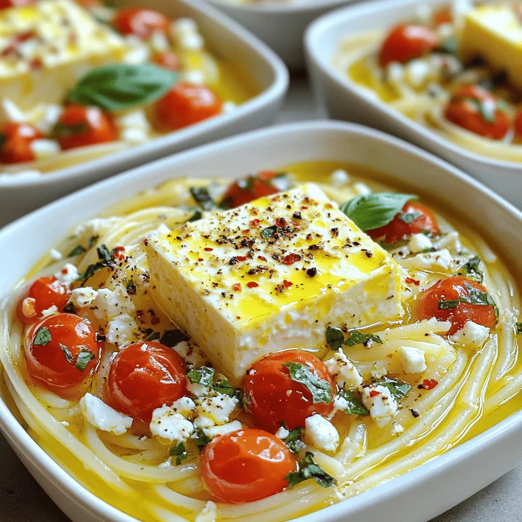 - Pasta options: penne, fusilli, or rigatoni - Key ingredients: feta cheese, cherry tomatoes, olive oil - Spices and seasonings: garlic, oregano, red pepper flakes, salt, and pepper To create the magic of baked feta pasta, you'll need simple, fresh ingredients. First, choose your pasta. I love penne, fusilli, or rigatoni; each offers great texture. Now for the star of the dish: feta cheese. It melts beautifully and adds a creamy touch. Next, grab cherry tomatoes. Their sweetness bursts in the oven, giving this dish its vibrant flavor. Don’t forget olive oil; it helps to roast the tomatoes and makes everything rich and tasty. For spices, you want garlic for depth, oregano for earthiness, and red pepper flakes for a little kick. Salt and pepper are essential to bring all these flavors together. Remember, fresh ingredients make a big difference. Each one plays a role in creating a delightful dish. If you're ready for the full recipe, check out [Full Recipe]. Let's get cooking! 1. Preheat your oven to 400°F (200°C). This step is key for baking. 2. In a large baking dish, mix together the halved cherry tomatoes, feta cheese, minced garlic, olive oil, dried oregano, red pepper flakes, salt, and black pepper. Toss gently until the tomatoes are evenly coated. 3. Create a small space in the center of the dish. Place the feta cheese in this spot. Drizzle a bit more olive oil over the feta and sprinkle with salt and pepper. 4. Bake everything in the preheated oven for about 30 minutes. You want the tomatoes to burst and the feta to turn a nice golden color. 1. While the tomatoes and feta bake, cook your pasta. Use the package instructions to guide you. 2. Aim for al dente pasta. This means the pasta should be firm when bitten. It will mix better with the sauce later. 1. When the baking time is up, take the dish out of the oven. Use a fork to mash the feta and tomatoes together. This will create a creamy sauce. 2. Add the cooked pasta to the dish. Toss everything until the pasta is well coated in the sauce. If it feels too thick, add a bit of the pasta water. 3. Stir in the lemon zest and taste. Adjust the seasoning if needed. 4. Serve right away, topping with fresh basil leaves for extra flavor. You can even drizzle some olive oil on top. To bake your feta pasta just right, aim for a temperature of 400°F (200°C). This heat helps the tomatoes burst and the feta brown nicely. For the pasta, cook it until it's al dente, usually around 8-10 minutes, depending on the type you choose. This way, it won’t turn mushy when mixed with the sauce. Be careful not to overcook the tomatoes or the feta. You want the tomatoes soft but not mushy and the feta creamy, not dry. Also, watch the seasoning. Too much salt or pepper can overwhelm the dish. Taste it as you go to find the right balance. For a visually appealing dish, serve the pasta in shallow bowls. A drizzle of olive oil on top adds shine and flavor. You can sprinkle more red pepper flakes for a pop of color. Finally, add fresh basil leaves for a vibrant finish. This not only looks great but also elevates the taste. For more details, check the Full Recipe. {{image_4}} You can swap feta cheese for goat cheese. It gives a tangy taste. Cream cheese is also a good choice for creaminess. You can try different vegetables too. Bell peppers and zucchini work well. Spinach adds great color and flavor. For a vegan option, use a plant-based feta. You can also use nutritional yeast for a cheesy flavor. To make it lactose-free, choose lactose-free feta and cream cheese. If you need gluten-free pasta, use rice or quinoa pasta. Both options taste great with this dish. Add spices like basil, thyme, or parsley for extra flavor. A splash of balsamic vinegar can brighten it up. If you want protein, consider adding cooked chicken or shrimp. Chickpeas can also add a nice touch. They boost protein and make it filling. For the full recipe, check out the section above! To keep your baked feta pasta fresh, store it in an airtight container. Glass or plastic containers work well. Let the pasta cool to room temperature before sealing it. In the fridge, it lasts for about three to four days. Make sure to check for any signs of spoilage before eating. If you want to save some for later, freezing is a great option. First, let the dish cool completely. Then, spoon the pasta into freezer-safe bags or containers. Squeeze out any extra air to prevent freezer burn. It can stay in the freezer for up to three months. When you’re ready to enjoy it, thaw it in the fridge overnight. To reheat the pasta, use the oven or microwave. If using the oven, preheat it to 350°F (175°C). Place the pasta in a baking dish, cover with foil, and heat for about 15-20 minutes. This method helps keep the pasta moist. If you choose the microwave, use a microwave-safe bowl and cover it with a lid. Heat in short bursts of 1-2 minutes, stirring in between. Avoid reheating too long, as it can dry out the dish. Baked feta pasta tastes great for about 3 to 5 days when stored in the fridge. Make sure to keep it in an airtight container. For longer storage, you can freeze it. In the freezer, it lasts up to 3 months. Just thaw it in the fridge overnight before reheating. Yes, you can use any pasta you like! Penne, fusilli, or rigatoni work well. If you prefer whole wheat or gluten-free pasta, those options fit nicely too. Make sure to adjust the cooking time based on the pasta you choose. If you want a change, you can try goat cheese or ricotta cheese. Cream cheese also works if you want a creamier texture. Each cheese brings a different taste, so feel free to experiment! This recipe has a hint of spice from red pepper flakes. If you like it mild, use just a little or skip it. For more heat, add extra flakes. Adjust it to your taste, and enjoy! This baked feta pasta recipe mixes simple ingredients to create a tasty dish. I covered essential steps, from choosing pasta and prepping the ingredients to baking and serving. Remember to avoid overcooking the tomatoes and feta for best results. Feel free to experiment with flavors, cheeses, and even dietary needs. Store leftovers right to enjoy later. With a little care, you can serve a delightful meal that everyone will love. Now, grab your ingredients and start cooking!