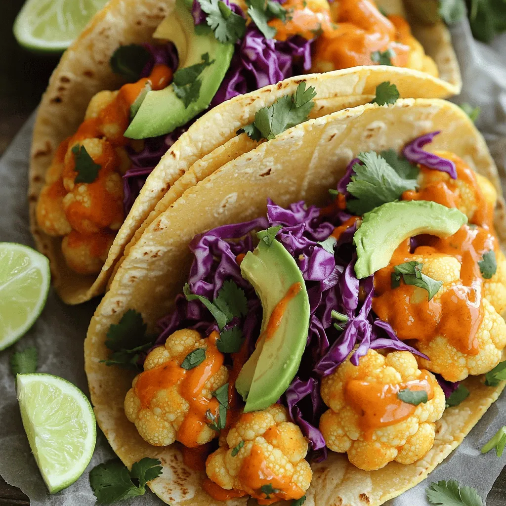 To make these Vegan Buffalo Cauliflower Tacos, you need some simple ingredients. Each one adds to the flavor and texture. Here’s the list: - Medium head of cauliflower - All-purpose flour - Almond milk or plant-based milk - Garlic powder - Onion powder - Smoked paprika - Sea salt - Vegan buffalo sauce - Corn tortillas - Ripe avocado - Red cabbage - Fresh cilantro - Lime wedges Let’s unpack these ingredients a bit more. The cauliflower serves as the star of the show. It becomes crispy and flavorful when baked. The all-purpose flour and almond milk create a batter that coats the cauliflower, giving it that crunch we all love. The spices—garlic powder, onion powder, and smoked paprika—add depth and warmth to the dish. Sea salt enhances all these flavors, making each bite pop. Then, we have the vegan buffalo sauce. It brings that tangy, spicy kick that pairs so well with the cooling avocado and crunchy cabbage. Corn tortillas are the perfect base for these tacos. They hold all the fillings together without falling apart. The ripe avocado adds creaminess, while the red cabbage gives a nice crunch. Fresh cilantro adds brightness, and lime wedges provide a zesty finish. You can find the full recipe [here](#). Enjoy the process of gathering these ingredients. Each one plays a key role in making your tacos delicious! First, preheat your oven to 450°F (230°C). This high heat helps the cauliflower become crispy. Next, line a large baking sheet with parchment paper. This keeps the cauliflower from sticking and makes cleanup easy. In a mixing bowl, combine all-purpose flour, almond milk, garlic powder, onion powder, smoked paprika, and sea salt. Whisk until the mixture is smooth. You want a batter-like consistency. This coating adds flavor and crunch to the cauliflower. Take each cauliflower floret and dip it into the batter fully. Make sure it is coated well. Place the coated florets on the prepared baking sheet in a single layer. Bake the cauliflower for about 20-25 minutes. Flip them halfway through to ensure they cook evenly. They should come out crispy and golden brown. Once the cauliflower is crispy, toss it in vegan buffalo sauce. Make sure each piece is covered well. In a dry skillet, warm the corn tortillas for about 30 seconds on each side. This makes them soft and tasty. To assemble, take a warm tortilla. Place a generous amount of buffalo cauliflower in the center. Top with shredded red cabbage, avocado slices, and fresh cilantro. Serve with lime wedges on the side. Squeezing fresh lime juice adds a bright flavor. For the full recipe, check out the details above. Baking your cauliflower is a healthier choice than frying. When you bake, you use less oil. This keeps the tacos lighter but still crispy. Frying can add extra fat and calories. Baking gives you that great crunch without the guilt. Plus, it’s easy to make a larger batch in the oven. To boost flavor, add your favorite spices and seasonings. You can try cayenne for heat or smoked paprika for depth. Consider marinating the cauliflower in buffalo sauce before baking. This lets the flavors soak in better. A good marinade can make a big difference in taste. These tacos pair well with dips or salsas. A cool avocado dip can balance the heat. Fresh guacamole or a zesty salsa verde adds a nice touch. For side dishes, serve with rice or a simple salad. A light coleslaw can also enhance the meal. For the full recipe, check out the details above. {{image_4}} You can change up the vegetables in your tacos. Cauliflower is fantastic, but other veggies work great too. Try using broccoli for a fun twist. You can also swap in zucchini or bell peppers. If you want a heartier option, mushrooms add a meaty texture. Tempeh is another awesome choice. It soaks up flavors well and adds protein. Don't be afraid to experiment! Do you like it hot? Buffalo sauce comes in different heat levels. Choose mild, medium, or hot according to your taste. For more kick, add sliced jalapeños or a few dashes of extra hot sauce. This way, you can make your tacos as spicy as you want. Adjusting the spice level makes a big difference, so have fun playing with it. Garnishes can change the whole dish. Instead of cilantro, try hemp seeds for a nutty flavor. Vegan cheese adds creaminess and a different taste. You could also sprinkle some green onions or radishes for crunch. Each topping gives your tacos a unique twist. Mix and match your favorites to find your perfect combination. After enjoying your tacos, store any leftovers in an airtight container. This helps keep them fresh. I recommend eating them within three days for the best taste and texture. To reheat your tacos, use an oven or a skillet. The oven keeps them crispy. Preheat the oven to 350°F (175°C) and bake for about 10 minutes. If using a skillet, warm each taco over medium heat for about 2-3 minutes. This method helps maintain their crunch. You can freeze the buffalo cauliflower if you want to save some for later. Place the cooled cauliflower in a freezer-safe bag or container. It can last up to three months in the freezer. When you’re ready to eat, thaw it in the fridge overnight. Reheat in the oven or skillet for the best results. Enjoy the deliciousness again! For the full recipe, check out the instructions above. The best sauce for buffalo cauliflower tacos is vegan buffalo sauce. This sauce is spicy and tangy, making it perfect for the dish. You can find many vegan buffalo sauces in stores, or you can make your own. To make a quick sauce, mix hot sauce with melted vegan butter. Adjust the heat by changing the amount of hot sauce you use. Yes, you can easily make these tacos gluten-free. To do this, use gluten-free flour instead of all-purpose flour. Many brands offer gluten-free flour blends that work well. For tortillas, choose corn tortillas, as they are naturally gluten-free. Always check the label to ensure they are indeed gluten-free. To keep your tacos crispy, follow these tips. First, make sure your cauliflower is dry before coating it in the batter. This helps the batter stick better. Bake the cauliflower until it is golden brown and crispy. Also, warm tortillas just before serving to avoid moisture buildup. Finally, assemble tacos right before eating to keep everything fresh and crunchy. For the full recipe, refer to the section above. This blog post covered how to make delicious buffalo cauliflower tacos, using simple ingredients. You learned step-by-step instructions, tips for the best flavor, and storage advice. With variations like different veggies and spice levels, you can customize these tacos to your taste. Keep experimenting and enjoying this tasty meal. Whether you’re feeding a crowd or just treating yourself, these tacos are sure to please. Turn your cooking into a fun adventure!