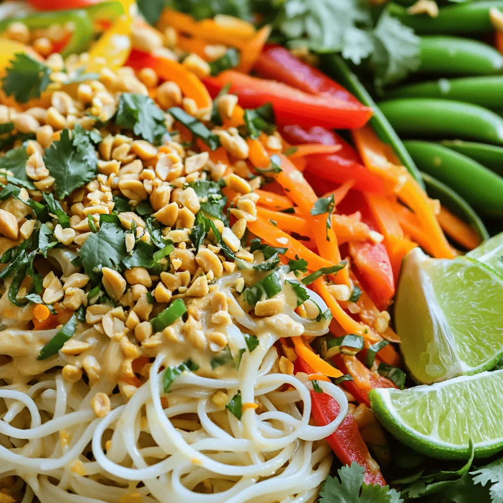 - 8 oz rice noodles - 1 cup shredded carrots - 1 bell pepper (red, yellow, or orange) - 1 cup sugar snap peas - 1 cup red cabbage - ½ cup green onions - ½ cup fresh cilantro - ½ cup unsalted peanuts - 3 tablespoons creamy peanut butter - 2 tablespoons low-sodium soy sauce - 1 tablespoon toasted sesame oil - 1 tablespoon lime juice - 1 teaspoon maple syrup (or honey) - 1 clove garlic - 1 tablespoon fresh ginger - 1 tablespoon water In this Thai Peanut Noodle Salad, fresh ingredients make a big impact. The rice noodles serve as a chewy base. You can find rice noodles in most stores. They cook quickly, taking just a few minutes. After cooking, rinse them under cold water to stop the cooking process. This keeps them from getting mushy. Next, let’s look at the colorful veggies. I love using shredded carrots for crunch and sweetness. Bell peppers bring a sweet flavor and bright color. You can use any color you like. Sugar snap peas add a nice snap and freshness. Red cabbage not only adds color but also a crunchy texture. Green onions and fresh cilantro give a burst of flavor. Lastly, unsalted peanuts add crunch and richness. For the peanut dressing, creamy peanut butter is the star. It pairs perfectly with the soy sauce's umami flavor. Toasted sesame oil adds depth. Lime juice gives a bright zing. Maple syrup or honey adds a touch of sweetness. Don't forget the garlic and fresh ginger for extra flavor. Water helps to thin out the dressing, so it coats the salad well. This salad is not just tasty; it’s also healthy and colorful. You can find the full recipe to make this delicious dish at home! Start by cooking the rice noodles. Follow the package instructions for the best results. Usually, this takes about 6 to 8 minutes. Once done, drain the noodles in a colander. Rinse them under cold water. This stops the cooking process and cools the noodles. Set them aside to cool completely. Next, grab a large mixing bowl. Combine the shredded carrots, sliced bell pepper, sugar snap peas, thinly sliced red cabbage, sliced green onions, and fresh cilantro. These colorful veggies make the salad pop! Toss the ingredients gently. This helps to mix them evenly without bruising the delicate veggies. In another bowl, prepare the peanut dressing. Whisk together the creamy peanut butter, low-sodium soy sauce, toasted sesame oil, freshly squeezed lime juice, maple syrup, minced garlic, and minced ginger. Keep whisking until smooth and creamy. If the dressing is too thick, add water a little at a time. Adjust until you reach your desired consistency. Now, add the cooled rice noodles to the bowl of mixed vegetables. Drizzle the peanut dressing over everything. Using tongs or forks, toss all the ingredients gently. Make sure the noodles and veggies get evenly coated. Finally, sprinkle the roughly chopped peanuts on top for a nice crunch. You can serve the salad right away or chill it for about 30 minutes. This lets the flavors blend beautifully. To make the best Thai peanut noodle salad, cook the rice noodles just right. Follow the package instructions closely. Overcooked noodles turn mushy, while undercooked noodles can be tough. After cooking, drain them and rinse under cold water. This stops the cooking and cools them down. Chilling the salad enhances the flavors. After mixing everything, let it sit in the fridge for about 30 minutes. This time allows the peanut dressing to blend well with the veggies and noodles. The result is a salad bursting with flavor. Garnishing can elevate your salad. Fresh cilantro adds a bright touch. It pairs perfectly with the rich peanut dressing. Roughly chopped peanuts add crunch. Sprinkle them on top for added texture. Adding lime wedges gives an extra zesty flavor. Guests can squeeze fresh lime over their salad for a burst of citrus. This simple touch brightens the dish and makes it more refreshing. Presentation matters! Serve the salad in large bowls or on individual plates. Use colorful bowls to show off the vibrant ingredients. For extra appeal, add more fresh cilantro and chopped peanuts on top. Pair your salad with grilled chicken or shrimp for a complete meal. It also goes well with spring rolls or a light soup. This combination makes for a satisfying and balanced dinner. For the full recipe, check out the recipe section above. Enjoy your cooking! {{image_4}} To make a vegetarian version of this salad, swap out the noodles. Use soba noodles, which are made from buckwheat. They bring a nice flavor. You can also use zucchini noodles for a fresh twist. For protein, add some chickpeas or edamame. To enhance flavors, I recommend adding a dash of sesame seeds. They give a nice crunch. A sprinkle of lime zest adds a bright note that wakes up the salad. If you need gluten-free noodles, rice noodles are perfect. They are easy to find and cook. You can also try zucchini noodles or gluten-free pasta. These options keep the dish light and fun. For the dressing, use tamari instead of soy sauce. Tamari has a similar taste but is gluten-free. Make sure to check all labels for hidden gluten ingredients. Want to boost your salad? Adding proteins like grilled chicken or tofu makes it heartier. Both options soak up the peanut dressing really well. If you prefer a vegetarian option, baked tofu gives a nice texture. You can also introduce other vegetables. Try adding thinly sliced radishes or snap peas for a fresh crunch. A bit of chopped mint or basil can add a unique flavor. For a spicy kick, toss in a few red pepper flakes. This salad is so flexible. You can tweak it to match your tastes! For the Full Recipe, check the main section. To keep your Thai Peanut Noodle Salad fresh, choose the right container. Glass or BPA-free plastic containers work well. Make sure the container seals tightly. This helps prevent air from drying out the salad. If you have extra dressing, store it separately. This keeps your noodles and veggies crunchy. In the fridge, this salad lasts about three days. If you notice any wilting or browning, it’s time to toss it. A sour smell is also a sign that the salad has gone bad. Always check the salad before serving to ensure it’s still fresh. You can enjoy this salad cold or at room temperature. If you want to reheat it, do so gently. Microwaving for a short time will warm it up without ruining the texture. Avoid overheating, as this can make the noodles mushy. For the best taste, I recommend serving it cold. It keeps the bright flavors and crunchy veggies intact. It takes about 20 minutes to prepare this salad. You can cook the rice noodles in just a few minutes. While they cook, chop your veggies. In no time, you’ll have a fresh dish ready to serve. Yes, you can make this salad ahead. It tastes even better after chilling. Prepare the salad and store it in the fridge for up to 2 days. Just remember to add the peanuts right before serving for extra crunch. If you have nut allergies, try sunflower seed butter or tahini. Both options give a rich flavor. They work well in the dressing and keep it creamy without nuts. This salad is quite healthy! It has fresh veggies packed with vitamins. The peanut butter adds protein, while the rice noodles provide carbs for energy. Overall, it’s a balanced meal that feels light and satisfying. Absolutely! Use any veggies you enjoy. Bell peppers, carrots, and cabbage are just a start. Try adding cucumbers, broccoli, or snap peas. Seasonal veggies make it more fun and colorful! For the complete recipe, check out the Full Recipe section. It has all the steps you need to make this tasty Thai Peanut Noodle Salad! This blog post explored the vibrant Thai Peanut Noodle Salad. We discussed key ingredients like rice noodles, colorful veggies, and a creamy peanut dressing. You learned how to cook the noodles, mix the veggies, and create a tasty dressing. Remember, you can customize this salad to fit your taste. Try different vegetables or protein options to make it your own. Enjoy this fresh, healthy dish anytime, and don't forget to store it properly for maximum freshness. Dive in and savor the flavors of this delightful meal!
