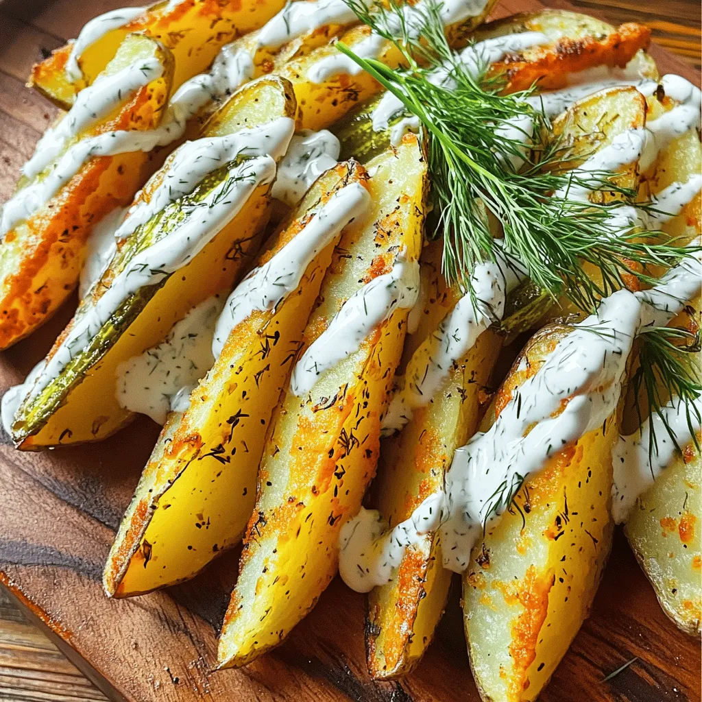 - 4 large russet potatoes, cut into wedges - 1 cup dill pickle juice - 1 tablespoon olive oil - 1 teaspoon garlic powder - 1 teaspoon onion powder - 1 teaspoon smoked paprika - 1 teaspoon dried dill - Salt and freshly ground pepper to taste - ½ cup ranch dressing (store-bought or homemade) - Fresh dill fronds for garnish - Hot sauce for a spicy kick - Grated cheese to sprinkle on top - Fresh herbs like parsley for extra flavor - Use sweet potatoes instead of russet potatoes for a sweeter taste. - Swap dill pickle juice with lemon juice for a different tang. - Greek yogurt can replace ranch dressing for a healthier dip. Start by cutting 4 large russet potatoes into wedges. Place them in a large bowl. Pour in 1 cup of dill pickle juice. Make sure all the wedges are fully coated. Cover the bowl with plastic wrap. Refrigerate for at least 30 minutes. This helps the potatoes soak up the tangy flavor. While the potatoes marinate, preheat your oven to 425°F (220°C). This high heat is key for crispiness. For easy cleanup, line a baking sheet with parchment paper. This keeps the wedges from sticking. After marinating, drain the potato wedges in a colander. In a separate bowl, mix 1 tablespoon of olive oil, 1 teaspoon of garlic powder, 1 teaspoon of onion powder, 1 teaspoon of smoked paprika, and 1 teaspoon of dried dill. Add salt and pepper to taste. Toss the potato wedges in this mix. Make sure each wedge is coated well. Now, spread the seasoned wedges on the prepared baking sheet. Arrange them in a single layer, leaving space between each wedge. Bake for 30-35 minutes. Flip the wedges halfway through for even crispiness. They should turn a nice golden brown. When done, remove them from the oven. Drizzle ranch dressing over the warm wedges or serve it on the side. Garnish with fresh dill fronds for a lovely touch. For the full recipe, refer to the earlier section. Enjoy your crispy and flavorful snack! To get your Pickle Ranch Potato Wedges crispy, follow a few key steps. First, cut the potatoes into even wedges. This helps them cook at the same rate. Second, soak the wedges in dill pickle juice for at least 30 minutes. This adds flavor and moisture. When you bake them, make sure the wedges are not crowded on the baking sheet. Space allows heat to circulate and creates a crispier texture. Flip the wedges halfway through baking to ensure even browning. This will give you those golden, crunchy edges. You can easily adjust the flavor of your potato wedges. If you want a stronger pickle taste, marinate them longer in the dill pickle juice. For a milder flavor, reduce the marinating time. You can also add more garlic powder or smoked paprika for extra kick. If you like heat, try adding cayenne pepper or chili powder. Taste the seasoning mix before coating the wedges to find your perfect balance. You can always tweak it to suit your taste. Pickle Ranch Potato Wedges make a great side dish for many meals. They pair well with grilled meats, like burgers or chicken. They also complement sandwiches and wraps perfectly. Try serving them with a fresh salad for a light meal. For a fun twist, serve them with a variety of dips. Besides ranch dressing, try barbecue sauce, or a spicy aioli. These flavors will enhance your snacking experience. For the full recipe, check out the detailed steps above. {{image_4}} For a kick, try adding some heat. Mix in 1-2 teaspoons of cayenne pepper or chili powder with your seasoning blend. This will give your potato wedges a nice spicy kick. You can adjust the heat to your taste. If you want even more spice, add sliced jalapeños before baking. These spicy pickle ranch potato wedges are sure to be a hit. Who doesn't love cheese? After baking the potato wedges, sprinkle shredded cheddar cheese on top. Pop them back in the oven for a few minutes until the cheese melts. This adds a creamy texture and rich flavor. You can also use crumbled feta or mozzarella for a different taste. Cheese-topped pickle ranch potato wedges are a cheesy delight. Boost the nutrition and flavor by adding veggies. Try tossing in some sliced bell peppers, onions, or even zucchini with the potato wedges. These will roast nicely alongside the potatoes. This not only adds color but also enhances the taste. For a fun twist, you can even add corn or cherry tomatoes. Adding vegetables makes your meal more balanced. For the full recipe, don’t forget to check out the complete details! You can store leftover potato wedges in an airtight container. Make sure they cool down first. Keep them in the fridge for up to three days. If you want them to stay crispy, place a paper towel at the bottom of the container. This helps absorb extra moisture. To reheat your potato wedges, use an oven or air fryer. Preheat the oven to 400°F (200°C). Spread the wedges on a baking sheet in a single layer. Bake for about 10-15 minutes, flipping halfway. This keeps them crispy and warm. If using an air fryer, set it to 375°F (190°C) for 5-7 minutes. You can freeze potato wedges for later. Lay them out in a single layer on a baking sheet. Freeze them for about an hour, then transfer them to a freezer bag. They will last for up to three months. When ready to eat, bake them straight from the freezer. Just add a few extra minutes to the cooking time. For the best flavor, try to use them sooner rather than later. You should marinate the potato wedges for at least 30 minutes. This time allows them to soak up the tangy pickle juice. If you have more time, you can marinate them longer, even overnight. Longer marinating adds more flavor and makes them even tastier. Yes, you can use other potatoes like Yukon Gold or red potatoes. Each type gives a unique taste and texture. Just remember, russet potatoes are best for crispy wedges because they have high starch content. Whichever you choose, cut them into similar-sized wedges for even cooking. These wedges pair well with many dishes. Try serving them with burgers, grilled chicken, or sandwiches. They also make a great snack on their own. For a party, serve them with a variety of dips like ranch or ketchup for extra fun. You can make this recipe healthier by reducing the oil and using less ranch dressing. Try baking instead of frying, which cuts down on fat. You can also add veggies like carrots or bell peppers to the mix for added nutrition and flavor. To make homemade ranch dressing, combine these ingredients: - 1 cup Greek yogurt - ½ cup buttermilk - 1 tablespoon fresh dill, chopped - 1 teaspoon garlic powder - 1 teaspoon onion powder - Salt and pepper to taste Mix well and adjust the seasoning as needed. This dressing is creamy and perfect for dipping your crispy potato wedges. For the full recipe of Pickle Ranch Potato Wedges, check out the detailed instructions above. This guide helps you make delicious Pickle Ranch Potato Wedges. We covered key ingredients, how to marinate and bake, and tips for crispy texture. Explore fun variations and learn storage methods. These wedges are tasty, and you can adjust them to fit your taste. Try pairing them with your favorite meals. Enjoy creating this easy and yummy dish!