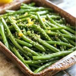 To make garlic butter green beans, you need fresh and simple ingredients. Here’s what you’ll need: - 1 pound fresh green beans, trimmed - 4 tablespoons unsalted butter - 4 cloves garlic, minced - 1 teaspoon lemon zest - 1 tablespoon fresh lemon juice - Salt and freshly cracked black pepper to taste - 1/4 teaspoon crushed red pepper flakes (optional for heat) - 1 tablespoon toasted sesame seeds (for garnish) These ingredients bring rich flavors to your dish. Fresh green beans give a crisp bite, while garlic adds depth. Lemon zest and juice brighten the taste. The butter creates a creamy texture that ties everything together. You can add red pepper flakes if you like a little spice. The sesame seeds on top add a nice crunch. This blend of flavors makes the dish stand out. For the full recipe, check the complete instructions. Enjoy cooking! Start by rinsing the fresh green beans under cold water. This step removes dirt and grit. Next, trim the ends. You can snap them off or use a knife. Set the beans aside for later use. Now, let's blanch the green beans. Fill a large pot with water and add a good pinch of salt. Bring it to a rolling boil. Once boiling, carefully add the green beans. Blanch them for about 3-4 minutes. You want them bright green and just tender, but still crisp. After blanching, quickly drain the green beans. Transfer them to a bowl filled with ice water. This technique stops the cooking process and keeps their vibrant color. Let them sit in the ice water for a few minutes, then drain again and set aside. In a large skillet, heat the unsalted butter over medium heat. Allow it to melt completely and begin to bubble gently. Once melted, add the minced garlic. Stir constantly with a spatula. Sauté the garlic for about 1-2 minutes. You want it fragrant and lightly golden, but be careful not to let it burn. Now, add the blanched green beans to the skillet. Use tongs or a spatula to toss the beans in the garlic butter. Make sure they are well coated. Next, sprinkle in the lemon zest and freshly squeezed lemon juice. Add salt and freshly cracked black pepper to taste, along with crushed red pepper flakes if you like some heat. Continue tossing the green beans for an additional 2-3 minutes. This warms them through and mixes the flavors. Once done, remove the skillet from heat. Carefully transfer the garlic butter green beans to a serving dish. For the final touch, sprinkle toasted sesame seeds on top. This adds a delightful crunch. Serve warm as a delicious side dish! To get the best green beans, avoid overcooking them. Blanch the beans for just 3-4 minutes. Look for bright green color and a crisp bite. After blanching, place them in ice water. This stops the cooking and keeps that fresh look. When it comes to flavor, balance is key. Add lemon juice for brightness. The acidity cuts through the richness of the butter. You can also adjust the spice level. If you like heat, add crushed red pepper flakes. Just a pinch can make a big difference. For a stunning look, arrange the green beans on a platter. Pile them in the center. This creates a nice focal point. Drizzle a bit of melted butter on top for shine. Garnishing adds flair. Sprinkle toasted sesame seeds over the beans. This adds crunch and a nutty flavor. A touch of lemon zest brightens the dish visually. It adds a pop of color that’s hard to resist. Try these tips for a beautiful dish that impresses! {{image_4}} You can mix things up with garlic butter green beans. Adding nuts can give them a great crunch. Try using sliced almonds or chopped walnuts. These add texture and flavor. You can also add other veggies like cherry tomatoes or bell peppers. They bring color and taste to the dish. Another fun idea is to introduce different herbs or spices. Fresh herbs like basil or parsley can brighten the dish. You could also try a pinch of cumin or paprika for warmth. These simple swaps can make the dish more exciting. If you want to make garlic butter green beans vegan-friendly, swap butter for olive oil or vegan butter. This keeps the flavor rich and satisfying without dairy. For gluten-free options, the recipe is already safe. Just check that any added ingredients, like nuts or spices, are gluten-free. This way, everyone can enjoy this tasty side dish without worry. To store garlic butter green beans, first let them cool down. Place them in an airtight container. This keeps them fresh and tasty. Make sure to use them within three days. The flavor stays best when enjoyed fresh, but leftovers can still be good. - Store in an airtight container - Use within three days You can keep garlic butter green beans in the fridge for up to three days. After that, they may lose their crispness and flavor. If you want to keep them longer, consider freezing them instead. Reheating garlic butter green beans is easy. Use a microwave or a skillet for the best results. If using a microwave, place them in a bowl and cover it to avoid drying out. Heat in short bursts, stirring in between. This keeps the beans tender. For a skillet, add a little butter over medium heat. Toss the beans until warmed through. This method helps to revive the flavors and texture. Enjoy them warm for the best taste! - Microwave: Cover and heat in short bursts - Skillet: Add butter and toss until warm To make garlic butter green beans less salty, reduce the amount of added salt. Use unsalted butter for cooking. You can also add more lemon juice. The acidity from the lemon can help balance the flavors. If you use soy sauce or broth, choose low-sodium options. Taste the dish as you go, adding salt slowly. Yes, you can use frozen green beans. They are quick and easy. Just cook them briefly in boiling water. Follow the package instructions for timing. Frozen beans may have a softer texture, so adjust your cooking time. Blanching them helps keep their bright color and flavor. Garlic butter green beans pair well with many dishes. Here are some quick suggestions: - Grilled chicken - Pan-seared salmon - Roasted pork chops - Quinoa or rice - A fresh salad Yes, this recipe fits well into a larger meal plan. You can serve it alongside protein and grains. For a full meal, consider preparing grilled chicken or baked fish. You can also add a grain like quinoa. This way, you create a balanced plate. Check out the Full Recipe for more ideas. In this post, we explored how to make garlic butter green beans. You learned what ingredients to use and how to prepare them. I shared tips for perfecting the texture and flavor, along with ideas for variations and storage. This dish is simple yet delicious. Whether you serve it for a weeknight dinner or a special occasion, it adds a bright touch to any table. Enjoy making this recipe and feel free to explore your own twists!