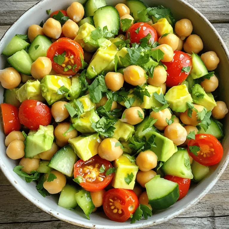 Here are the ingredients you need to make a fresh avocado chickpea salad: - 1 ripe avocado, diced - 1 can (15 oz) chickpeas, rinsed and drained - 1 cup cherry tomatoes, halved - 1 cucumber, diced - 1 red bell pepper, diced - 1/4 red onion, finely chopped - 2 tablespoons fresh cilantro, chopped - 2 tablespoons extra virgin olive oil - 1 tablespoon apple cider vinegar - 1 tablespoon lemon juice - Salt and pepper to taste - 1/2 teaspoon garlic powder - 1/4 teaspoon ground cumin (optional) Using these fresh ingredients makes the salad bright and tasty. The creamy avocado pairs well with the chickpeas. Each bite bursts with flavor and texture. The cherry tomatoes add sweetness, while the cucumber gives a nice crunch. Don't forget the cilantro; it adds a fresh pop! When you gather these ingredients, make sure your avocado is ripe. A ripe avocado is key for a creamy texture. You can find the full recipe for detailed steps. - Combine chickpeas, avocado, cherry tomatoes, cucumber, red bell pepper, and red onion in a bowl. - Toss gently to avoid mashing the avocado. In this step, you're mixing the main stars of the dish. I love how the colors pop! Rinse the chickpeas well. This helps remove excess salt. Dice the avocado carefully. Use a sharp knife to cut it into bite-sized pieces. You want it to stay firm, not mushy. Cherry tomatoes add sweetness. Halve them for a burst of flavor. The cucumber adds crunch. Dice it small so it blends well. The red bell pepper brings a nice sweetness. Lastly, finely chop the red onion. It adds a kick. Remember, toss gently! You don't want to ruin the avocado. - Whisk together olive oil, vinegar, lemon juice, garlic powder, cumin, salt, and pepper. Now, let's make the dressing! Use a small bowl. Add the olive oil first, then the vinegar. This helps the oil mix well. Squeeze in lemon juice for brightness. Garlic powder gives depth. If you want a hint of earthiness, add cumin. Season with salt and pepper. Whisk until everything is blended. The dressing should be smooth. This step makes your salad come alive with flavor! - Drizzle dressing over salad and toss. - Fold in chopped cilantro. - Allow flavors to meld for 10 minutes before serving. Time to bring it all together! Drizzle the dressing over your salad mix. Toss gently again. Use a spatula to ensure even coating. Next, fold in the chopped cilantro. This herb adds freshness. Let the salad sit for 10 minutes. This wait allows the flavors to mix. It’s worth it! After that, serve your colorful and tasty dish. For the full recipe, check the details above. - How to choose a ripe avocado Look for avocados that feel slightly soft when you press them. Check the color; dark green or almost black is best. Avoid any with large dark spots or dents. - Techniques for dicing avocado without mashing Cut the avocado in half and twist to separate. Remove the pit with a spoon. Use a knife to score the flesh in a grid pattern. Then, scoop the pieces out gently. - Modifying the dressing for different flavor profiles You can change the olive oil to a flavored one, like garlic or chili oil. For a zestier kick, add more lemon juice or try lime juice instead. - Add-ins for extra flavor Mix in some diced jalapeño for heat or add a bit of honey for sweetness. Fresh herbs like mint or basil can also brighten the taste. - Best ways to present the dish Serve the salad in a large bowl or individual plates. Garnish with extra cilantro leaves and a drizzle of olive oil for a nice touch. - Pairing ideas for a complete meal This salad goes well with grilled chicken or fish. You can also serve it with pita bread or whole-grain crackers for a light lunch. For the complete recipe, check out the Full Recipe section. {{image_4}} You can easily swap out chickpeas for other beans. White beans or black beans work well. They add their own flavor and texture. Fresh herbs can also change the taste. If you don't have cilantro, try parsley or dill. Each herb brings a new twist to the dish. Want to boost the nutrition? Add seeds or nuts! Sunflower seeds or walnuts add crunch and healthy fats. You can also mix in proteins like feta cheese or grilled chicken. These additions make the salad more filling and satisfying. Using seasonal veggies keeps your salad fresh and exciting. In spring, add asparagus or peas. In fall, try roasted squash or apples for sweetness. Change flavors based on the season too. In summer, use lime juice for a zesty kick. In winter, a splash of balsamic vinegar warms the flavors. Explore these variations to keep your avocado chickpea salad fun and fresh! For the full recipe, check out the Avocado Chickpea Delight 🥑. To store leftovers of your avocado chickpea salad, place it in an airtight container. This keeps air out and helps maintain freshness. If you have not mixed the dressing yet, store it separately. This way, the salad stays crisp for longer. Use glass or BPA-free plastic containers for best results. Your salad will stay fresh in the fridge for about 2-3 days. Always check for signs of spoilage. If the avocado turns brown or mushy, or the salad smells off, it is time to toss it. You want to enjoy every bite of your delicious creation! You can freeze avocado chickpea salad, but it is not ideal. Freezing can change the texture of the avocado. If you want to freeze it, prepare the salad without the avocado. Once thawed, mix in fresh avocado. This keeps your salad tasty and fresh. You can try several alternatives for chickpeas in this salad. Here are some great options: - Black beans: They add a nice flavor and texture. - Kidney beans: These are hearty and hold up well. - Lentils: Cooked lentils can add protein and fiber. - Edamame: This gives a fresh twist and a crunchy bite. Each of these substitutes will change the taste a bit. But they will still offer a satisfying and nutritious experience. Yes, you can make this salad ahead of time! Here are some tips for preparing it in advance: - Chop vegetables the day before: Store them in airtight containers. - Mix the dressing ahead: Keep it separate until serving to keep the salad fresh. - Combine everything a few hours before serving: This allows flavors to meld without getting soggy. Just remember, add avocado right before serving to keep it fresh and green. Yes, this salad is both gluten-free and vegan! Here’s why: - Chickpeas and veggies: These ingredients are naturally gluten-free and plant-based. - Dressing ingredients: Olive oil, vinegar, and lemon juice are all vegan and gluten-free. This makes it a great choice for many diets! If you want to give your avocado chickpea salad a kick, try these tips: - Add jalapeños: Fresh or pickled jalapeños can bring heat. - Use hot sauce: Drizzle your favorite hot sauce on top. - Incorporate red pepper flakes: Sprinkle them in the dressing for a spicy touch. - Mix in cayenne pepper: A small pinch can elevate the heat. These additions will let you customize the heat level to your liking. Enjoy experimenting with flavors! This salad blends fresh ingredients like avocado, chickpeas, and tomatoes. You learned how to prepare, dress, and serve it perfectly. I shared tips for handling avocados and suggested ingredient swaps. You can make this salad your own with various add-ins and enjoy it fresh or as leftovers. Keep this recipe handy for a tasty meal that meets many dietary needs. Enjoy experimenting with it!