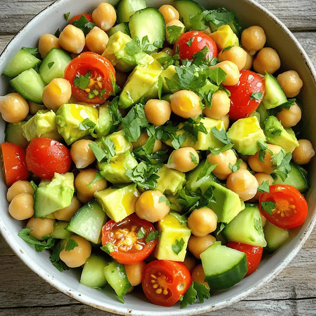 Here are the ingredients you need to make a fresh avocado chickpea salad: - 1 ripe avocado, diced - 1 can (15 oz) chickpeas, rinsed and drained - 1 cup cherry tomatoes, halved - 1 cucumber, diced - 1 red bell pepper, diced - 1/4 red onion, finely chopped - 2 tablespoons fresh cilantro, chopped - 2 tablespoons extra virgin olive oil - 1 tablespoon apple cider vinegar - 1 tablespoon lemon juice - Salt and pepper to taste - 1/2 teaspoon garlic powder - 1/4 teaspoon ground cumin (optional) Using these fresh ingredients makes the salad bright and tasty. The creamy avocado pairs well with the chickpeas. Each bite bursts with flavor and texture. The cherry tomatoes add sweetness, while the cucumber gives a nice crunch. Don't forget the cilantro; it adds a fresh pop! When you gather these ingredients, make sure your avocado is ripe. A ripe avocado is key for a creamy texture. You can find the full recipe for detailed steps. - Combine chickpeas, avocado, cherry tomatoes, cucumber, red bell pepper, and red onion in a bowl. - Toss gently to avoid mashing the avocado. In this step, you're mixing the main stars of the dish. I love how the colors pop! Rinse the chickpeas well. This helps remove excess salt. Dice the avocado carefully. Use a sharp knife to cut it into bite-sized pieces. You want it to stay firm, not mushy. Cherry tomatoes add sweetness. Halve them for a burst of flavor. The cucumber adds crunch. Dice it small so it blends well. The red bell pepper brings a nice sweetness. Lastly, finely chop the red onion. It adds a kick. Remember, toss gently! You don't want to ruin the avocado. - Whisk together olive oil, vinegar, lemon juice, garlic powder, cumin, salt, and pepper. Now, let's make the dressing! Use a small bowl. Add the olive oil first, then the vinegar. This helps the oil mix well. Squeeze in lemon juice for brightness. Garlic powder gives depth. If you want a hint of earthiness, add cumin. Season with salt and pepper. Whisk until everything is blended. The dressing should be smooth. This step makes your salad come alive with flavor! - Drizzle dressing over salad and toss. - Fold in chopped cilantro. - Allow flavors to meld for 10 minutes before serving. Time to bring it all together! Drizzle the dressing over your salad mix. Toss gently again. Use a spatula to ensure even coating. Next, fold in the chopped cilantro. This herb adds freshness. Let the salad sit for 10 minutes. This wait allows the flavors to mix. It’s worth it! After that, serve your colorful and tasty dish. For the full recipe, check the details above. - How to choose a ripe avocado Look for avocados that feel slightly soft when you press them. Check the color; dark green or almost black is best. Avoid any with large dark spots or dents. - Techniques for dicing avocado without mashing Cut the avocado in half and twist to separate. Remove the pit with a spoon. Use a knife to score the flesh in a grid pattern. Then, scoop the pieces out gently. - Modifying the dressing for different flavor profiles You can change the olive oil to a flavored one, like garlic or chili oil. For a zestier kick, add more lemon juice or try lime juice instead. - Add-ins for extra flavor Mix in some diced jalapeño for heat or add a bit of honey for sweetness. Fresh herbs like mint or basil can also brighten the taste. - Best ways to present the dish Serve the salad in a large bowl or individual plates. Garnish with extra cilantro leaves and a drizzle of olive oil for a nice touch. - Pairing ideas for a complete meal This salad goes well with grilled chicken or fish. You can also serve it with pita bread or whole-grain crackers for a light lunch. For the complete recipe, check out the Full Recipe section. {{image_4}} You can easily swap out chickpeas for other beans. White beans or black beans work well. They add their own flavor and texture. Fresh herbs can also change the taste. If you don't have cilantro, try parsley or dill. Each herb brings a new twist to the dish. Want to boost the nutrition? Add seeds or nuts! Sunflower seeds or walnuts add crunch and healthy fats. You can also mix in proteins like feta cheese or grilled chicken. These additions make the salad more filling and satisfying. Using seasonal veggies keeps your salad fresh and exciting. In spring, add asparagus or peas. In fall, try roasted squash or apples for sweetness. Change flavors based on the season too. In summer, use lime juice for a zesty kick. In winter, a splash of balsamic vinegar warms the flavors. Explore these variations to keep your avocado chickpea salad fun and fresh! For the full recipe, check out the Avocado Chickpea Delight 🥑. To store leftovers of your avocado chickpea salad, place it in an airtight container. This keeps air out and helps maintain freshness. If you have not mixed the dressing yet, store it separately. This way, the salad stays crisp for longer. Use glass or BPA-free plastic containers for best results. Your salad will stay fresh in the fridge for about 2-3 days. Always check for signs of spoilage. If the avocado turns brown or mushy, or the salad smells off, it is time to toss it. You want to enjoy every bite of your delicious creation! You can freeze avocado chickpea salad, but it is not ideal. Freezing can change the texture of the avocado. If you want to freeze it, prepare the salad without the avocado. Once thawed, mix in fresh avocado. This keeps your salad tasty and fresh. You can try several alternatives for chickpeas in this salad. Here are some great options: - Black beans: They add a nice flavor and texture. - Kidney beans: These are hearty and hold up well. - Lentils: Cooked lentils can add protein and fiber. - Edamame: This gives a fresh twist and a crunchy bite. Each of these substitutes will change the taste a bit. But they will still offer a satisfying and nutritious experience. Yes, you can make this salad ahead of time! Here are some tips for preparing it in advance: - Chop vegetables the day before: Store them in airtight containers. - Mix the dressing ahead: Keep it separate until serving to keep the salad fresh. - Combine everything a few hours before serving: This allows flavors to meld without getting soggy. Just remember, add avocado right before serving to keep it fresh and green. Yes, this salad is both gluten-free and vegan! Here’s why: - Chickpeas and veggies: These ingredients are naturally gluten-free and plant-based. - Dressing ingredients: Olive oil, vinegar, and lemon juice are all vegan and gluten-free. This makes it a great choice for many diets! If you want to give your avocado chickpea salad a kick, try these tips: - Add jalapeños: Fresh or pickled jalapeños can bring heat. - Use hot sauce: Drizzle your favorite hot sauce on top. - Incorporate red pepper flakes: Sprinkle them in the dressing for a spicy touch. - Mix in cayenne pepper: A small pinch can elevate the heat. These additions will let you customize the heat level to your liking. Enjoy experimenting with flavors! This salad blends fresh ingredients like avocado, chickpeas, and tomatoes. You learned how to prepare, dress, and serve it perfectly. I shared tips for handling avocados and suggested ingredient swaps. You can make this salad your own with various add-ins and enjoy it fresh or as leftovers. Keep this recipe handy for a tasty meal that meets many dietary needs. Enjoy experimenting with it!