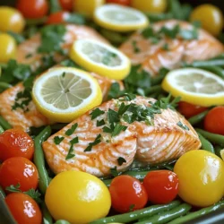 - 2 salmon fillets, skin-on - 2 tablespoons extra virgin olive oil - 4 cloves garlic, finely minced - 1 fresh lemon, thinly sliced - 1 cup cherry tomatoes, halved - 1/2 cup fresh green beans, ends trimmed To make this dish shine, you need fresh salmon fillets. Look for fillets that are bright and firm. The olive oil brings richness and helps to cook the salmon. Garlic and lemon add bright flavors that pop. Cherry tomatoes give a sweet bite, while green beans add a crunch. - Sea salt and freshly cracked black pepper to taste - Fresh parsley, finely chopped (for garnish) Seasoning is key for flavor. Sea salt and black pepper enhance every bite. Fresh parsley adds a lovely touch and color at the end. You can find all these ingredients in your local grocery store. Don't forget to check the quality; fresh ingredients make a big difference! For a complete experience, check the Full Recipe for more details. - Preheat your oven to 400°F (200°C). This helps cook the salmon evenly. - Get a large, oven-safe skillet. Pour in 2 tablespoons of olive oil and heat it on medium until it shimmers. - Once the oil is hot, add 4 cloves of minced garlic. Sauté for 1 minute. Stir it often to prevent burning. - Next, gently place 2 salmon fillets in the skillet, skin-side down. Season them with sea salt and black pepper. - Layer 1 fresh lemon, thinly sliced, over the salmon. This adds great flavor. Around the salmon, add 1 cup of halved cherry tomatoes and 1/2 cup of trimmed green beans. They add color and nutrients. - Squeeze juice from half the lemon over everything for extra zest. - Carefully transfer the skillet to your preheated oven. Bake for 12-15 minutes. Keep an eye on it until the salmon flakes easily with a fork. - After baking, take the skillet out of the oven. Let the salmon rest for a couple of minutes. This makes it juicier. - Before serving, sprinkle fresh parsley on top. You can also add more lemon juice for a bright finish. For more detailed steps, check the Full Recipe. To get the best salmon, focus on cooking time and temperature. Bake at 400°F (200°C). This heat cooks the fish evenly and keeps it moist. Salmon needs about 12 to 15 minutes in the oven. Check it often. You want it to flake easily with a fork. Overcooking can make it dry and tough. To prevent this, start checking at the 12-minute mark. If it looks slightly pink in the middle, it is likely done. Boost the flavor by adding more herbs and spices. Fresh dill or thyme pairs well with lemon. If you like a kick, sprinkle some red pepper flakes on top. For lemon, you can switch it up. Try lemon zest for a stronger flavor. You can also add lemon juice from both halves for more zest. For a sweeter touch, consider adding honey or maple syrup. These options give your dish a unique twist. {{image_4}} You can swap out green beans and tomatoes for other tasty veggies. Try zucchini or asparagus for a fresh touch. Broccoli and bell peppers also work well. Use what you love or what's in season. Seasonal veggies add great flavor and color to your dish. If you want a low-carb option, skip the tomatoes. You can add more green beans or use cauliflower. For a spicy kick, sprinkle in red pepper flakes or paprika. These spices will enhance the lemon and garlic flavors. The goal is to make the dish your own while keeping it simple and delicious. Don't forget to check out the Full Recipe for more details! To keep your One Pan Lemon Garlic Salmon fresh, start by cooling it. Let the salmon and veggies sit at room temperature for about 30 minutes. After cooling, transfer them to an airtight container. Make sure to store it in the fridge. This helps keep the flavors intact. You can enjoy the leftovers within 2-3 days. If you want to store it longer, consider freezing. Wrap each piece tightly in plastic wrap, then place it in a freezer bag. This way, you can enjoy a quick meal later. When it's time to eat your leftovers, reheating is key. The best way to reheat salmon is in the oven. Preheat your oven to 350°F (175°C). Place the salmon on a baking sheet, and cover it loosely with foil. Bake for about 10-15 minutes until it’s warm. This keeps the fish moist. You can also use the microwave for a faster option. Place the salmon on a microwave-safe plate. Cover it with a damp paper towel to keep it from drying out. Heat it in 30-second bursts until warm. Enjoy your delicious meal again! Yes, you can use frozen salmon. Here are some tips for using frozen salmon: - Thaw the salmon overnight in the fridge. - If you're short on time, you can run it under cold water for 10-15 minutes. - Cook the salmon for a few extra minutes to ensure it's fully cooked. You can serve lemon garlic salmon with various side dishes. Here are some great options: - Steamed broccoli or asparagus for a fresh crunch. - A light salad with mixed greens and vinaigrette. - Quinoa or rice for a filling base. - Mashed potatoes for a creamy addition. You can tell when the salmon is done cooking by looking for these signs: - The salmon should be opaque and not translucent. - It should flake easily with a fork. - The internal temperature should reach 145°F (63°C). Yes, you can make this dish ahead of time. Here are tips for meal prep and reheating: - Cook the salmon and veggies, then let them cool. - Store in an airtight container in the fridge for up to two days. - Reheat in the oven at 350°F (175°C) for about 10 minutes. - You can also use the microwave, but it may cook unevenly. For the complete recipe, check out the Full Recipe for One Pan Lemon Garlic Salmon. This blog post showed you how to make lemon garlic salmon with simple steps. We covered the main ingredients, cooking methods, and ways to enhance flavor. You also learned how to store leftovers and reheat them effectively. Remember, the key is not overcooking the salmon. Feel free to add your favorite vegetables or spices to make it your own. Enjoy this delicious dish as a staple in your kitchen!