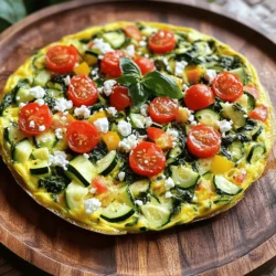 - 6 large eggs - 1/4 cup milk (or dairy-free alternative) - 1 cup fresh spinach, chopped - 1 medium zucchini, diced - 1/2 red bell pepper, diced - 1/2 cup cherry tomatoes, halved - 1/4 cup onion, minced - 1/2 cup feta cheese (optional) - Sea salt and black pepper - 2 tablespoons extra virgin olive oil - Fresh basil leaves The Garden Veggie Frittata is a fun dish to make. It uses simple, fresh ingredients. Eggs form the base, while the veggies add color and flavor. You can choose any veggies you like, but I suggest spinach, zucchini, and bell pepper for a tasty mix. To start, gather your eggs, milk, and veggies. The eggs give a rich texture, while the milk makes them creamy. You can use dairy-free milk for a lighter touch. Then, add fresh spinach for a vibrant green. Zucchini adds a nice crunch. The red bell pepper gives a sweet taste. Cherry tomatoes bring a burst of flavor. Don’t forget the onion for its savory base. If you want, add feta cheese. It adds a tangy twist that pairs well with the veggies. For seasoning, use sea salt and black pepper. They enhance the taste without overpowering it. The olive oil helps sauté the veggies until they are tender and fragrant. You can also garnish with fresh basil leaves. They add a lovely aroma and make the dish look pretty. All these ingredients come together to create a frittata that is easy, healthy, and delicious. For the full recipe, check out the details above and start cooking! - Preheat your oven to 375°F (190°C). This step is key for a nice bake. - Gather your fresh veggies and chop them as needed. - Heat 2 tablespoons of olive oil in an oven-safe skillet over medium heat. - Add 1/4 cup of minced onion and cook for 3-4 minutes. It will turn soft and fragrant. - Next, add 1 medium diced zucchini and 1/2 diced red bell pepper. Stir and cook for another 3-4 minutes. - Toss in 1 cup of chopped spinach and 1/2 cup of halved cherry tomatoes. Cook for 2 minutes until the spinach wilts. - In a large bowl, whisk together 6 large eggs and 1/4 cup of milk. - Season this mix with sea salt and black pepper for flavor. - Pour the egg mixture over the cooked veggies in the skillet. Stir gently to mix. - If using, sprinkle 1/2 cup of crumbled feta cheese on top. - Let the frittata cook on the stovetop for about 5 minutes. Watch for the edges to set. - Carefully move the skillet to the preheated oven. Bake for 15-20 minutes. - Check for doneness by inserting a knife into the center. It should come out clean. - Once done, remove the skillet and let it cool for a few minutes before slicing. Follow these simple steps for a delicious frittata. Enjoy your cooking! You can find the Full Recipe for more details. To achieve a fluffy texture, focus on your egg mixture. Whisk the eggs and milk together until frothy. This adds air and lightness. Use room temperature eggs for the best results. They blend better and cook evenly. When pouring the egg mixture over the veggies, do it gently. This helps keep the layers intact and fluffy. Avoid overcooking your frittata. Check it often in the oven. The edges should be set, but the center can be slightly jiggly. It will continue to cook as it cools. Under-seasoning is another issue. Always taste your mixture before baking. A little sea salt and black pepper can make a big difference. Pair your frittata with a fresh salad. A simple green salad adds a nice crunch. You can also serve it with roasted potatoes for a heartier meal. Drizzle some olive oil and lemon over the salad. This brightens the flavors and makes it more enjoyable. Consider adding fresh herbs to your plate, like basil or parsley, for a refreshing touch. {{image_4}} You can easily swap ingredients in your frittata. Try using different veggies or cheeses. Instead of spinach, use kale or Swiss chard. You might like mushrooms or asparagus in place of zucchini. For cheese, goat cheese adds a nice touch. Cheddar or mozzarella can also work well. These swaps let you create a dish that fits your taste. If you need a vegan option, replace eggs with chickpea flour. Mix it with water to create a batter. Use your favorite plant-based milk instead of dairy milk. Skip the cheese or use a vegan cheese for creaminess. This way, everyone can enjoy a tasty frittata. Add herbs or spices to boost flavor. Fresh basil or parsley can brighten the dish. For a kick, try red pepper flakes or smoked paprika. A pinch of garlic powder adds depth. Experiment and find your perfect blend. These small changes can take your frittata to the next level! To keep your frittata fresh, choose a glass or plastic container with a lid. Make sure the frittata cools at room temperature before covering it. You can store it in the fridge for up to three days. If you have more to save, you can cut it into slices for easy access later. To enjoy your frittata again, reheat slices in a skillet over low heat. This method keeps it from drying out and helps maintain the texture. You can also use the microwave, but cover it with a damp paper towel. This keeps moisture in, making it soft and tasty. If you need to freeze the frittata, wait until it cools completely. Wrap each slice in plastic wrap and place them in a freezer bag. Press out as much air as you can before sealing. When you want to eat it, thaw it overnight in the fridge. Reheat it in the oven at 350°F (175°C) for about 15-20 minutes for the best results. A frittata and an omelet differ in a few key ways. First, a frittata cooks more slowly. You mix the eggs with the veggies before cooking. For an omelet, you cook the eggs first. Second, frittatas use more filling than omelets. They often have various vegetables, meats, or cheeses mixed in. Lastly, frittatas bake in the oven, while omelets stay on the stovetop. This gives frittatas a fluffy, light texture. Yes, you can make a Garden Veggie Frittata ahead of time. Meal prepping is a smart way to save time. Cook the frittata, let it cool, and slice it. Store the slices in an airtight container in the fridge. It will last about three days. You can reheat it in the oven or microwave. This makes it easy to grab a slice when you're busy. To know when your frittata is done, look for a few signs. The edges should be set and slightly firm. The center should puff up and not jiggle when you shake it. You can also test it with a knife. Insert the knife into the center; it should come out clean. These signs show that your frittata is perfectly cooked. To make the Garden Veggie Frittata Delight, use the following ingredients: - 6 large eggs - 1/4 cup milk (or your choice of dairy-free alternative) - 1 cup fresh spinach, roughly chopped - 1 medium zucchini, diced into small cubes - 1/2 red bell pepper, diced - 1/2 cup cherry tomatoes, halved - 1/4 cup onion, finely minced - 1/2 cup feta cheese, crumbled (optional for a tangy twist) - 2 tablespoons extra virgin olive oil - Sea salt and freshly ground black pepper to taste - Fresh basil leaves for a fragrant garnish (optional) Follow the detailed recipe for the Garden Veggie Frittata Delight 🥕 to create this tasty dish. This blog post guides you through making a tasty Garden Veggie Frittata. You learned about key ingredients, step-by-step cooking, and helpful tips. Remember to avoid overcooking and explore ingredient swaps for variety. Proper storage and reheating methods will help keep your frittata fresh. You can prepare this dish in advance, making it perfect for busy days. Enjoy your delicious and healthy frittata, packed with flavor and nutrients. It’s easy to customize, so get creative and have fun in the kitchen!