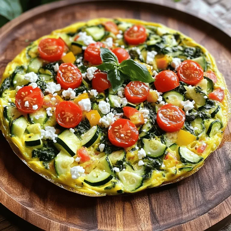 - 6 large eggs - 1/4 cup milk (or dairy-free alternative) - 1 cup fresh spinach, chopped - 1 medium zucchini, diced - 1/2 red bell pepper, diced - 1/2 cup cherry tomatoes, halved - 1/4 cup onion, minced - 1/2 cup feta cheese (optional) - Sea salt and black pepper - 2 tablespoons extra virgin olive oil - Fresh basil leaves The Garden Veggie Frittata is a fun dish to make. It uses simple, fresh ingredients. Eggs form the base, while the veggies add color and flavor. You can choose any veggies you like, but I suggest spinach, zucchini, and bell pepper for a tasty mix. To start, gather your eggs, milk, and veggies. The eggs give a rich texture, while the milk makes them creamy. You can use dairy-free milk for a lighter touch. Then, add fresh spinach for a vibrant green. Zucchini adds a nice crunch. The red bell pepper gives a sweet taste. Cherry tomatoes bring a burst of flavor. Don’t forget the onion for its savory base. If you want, add feta cheese. It adds a tangy twist that pairs well with the veggies. For seasoning, use sea salt and black pepper. They enhance the taste without overpowering it. The olive oil helps sauté the veggies until they are tender and fragrant. You can also garnish with fresh basil leaves. They add a lovely aroma and make the dish look pretty. All these ingredients come together to create a frittata that is easy, healthy, and delicious. For the full recipe, check out the details above and start cooking! - Preheat your oven to 375°F (190°C). This step is key for a nice bake. - Gather your fresh veggies and chop them as needed. - Heat 2 tablespoons of olive oil in an oven-safe skillet over medium heat. - Add 1/4 cup of minced onion and cook for 3-4 minutes. It will turn soft and fragrant. - Next, add 1 medium diced zucchini and 1/2 diced red bell pepper. Stir and cook for another 3-4 minutes. - Toss in 1 cup of chopped spinach and 1/2 cup of halved cherry tomatoes. Cook for 2 minutes until the spinach wilts. - In a large bowl, whisk together 6 large eggs and 1/4 cup of milk. - Season this mix with sea salt and black pepper for flavor. - Pour the egg mixture over the cooked veggies in the skillet. Stir gently to mix. - If using, sprinkle 1/2 cup of crumbled feta cheese on top. - Let the frittata cook on the stovetop for about 5 minutes. Watch for the edges to set. - Carefully move the skillet to the preheated oven. Bake for 15-20 minutes. - Check for doneness by inserting a knife into the center. It should come out clean. - Once done, remove the skillet and let it cool for a few minutes before slicing. Follow these simple steps for a delicious frittata. Enjoy your cooking! You can find the Full Recipe for more details. To achieve a fluffy texture, focus on your egg mixture. Whisk the eggs and milk together until frothy. This adds air and lightness. Use room temperature eggs for the best results. They blend better and cook evenly. When pouring the egg mixture over the veggies, do it gently. This helps keep the layers intact and fluffy. Avoid overcooking your frittata. Check it often in the oven. The edges should be set, but the center can be slightly jiggly. It will continue to cook as it cools. Under-seasoning is another issue. Always taste your mixture before baking. A little sea salt and black pepper can make a big difference. Pair your frittata with a fresh salad. A simple green salad adds a nice crunch. You can also serve it with roasted potatoes for a heartier meal. Drizzle some olive oil and lemon over the salad. This brightens the flavors and makes it more enjoyable. Consider adding fresh herbs to your plate, like basil or parsley, for a refreshing touch. {{image_4}} You can easily swap ingredients in your frittata. Try using different veggies or cheeses. Instead of spinach, use kale or Swiss chard. You might like mushrooms or asparagus in place of zucchini. For cheese, goat cheese adds a nice touch. Cheddar or mozzarella can also work well. These swaps let you create a dish that fits your taste. If you need a vegan option, replace eggs with chickpea flour. Mix it with water to create a batter. Use your favorite plant-based milk instead of dairy milk. Skip the cheese or use a vegan cheese for creaminess. This way, everyone can enjoy a tasty frittata. Add herbs or spices to boost flavor. Fresh basil or parsley can brighten the dish. For a kick, try red pepper flakes or smoked paprika. A pinch of garlic powder adds depth. Experiment and find your perfect blend. These small changes can take your frittata to the next level! To keep your frittata fresh, choose a glass or plastic container with a lid. Make sure the frittata cools at room temperature before covering it. You can store it in the fridge for up to three days. If you have more to save, you can cut it into slices for easy access later. To enjoy your frittata again, reheat slices in a skillet over low heat. This method keeps it from drying out and helps maintain the texture. You can also use the microwave, but cover it with a damp paper towel. This keeps moisture in, making it soft and tasty. If you need to freeze the frittata, wait until it cools completely. Wrap each slice in plastic wrap and place them in a freezer bag. Press out as much air as you can before sealing. When you want to eat it, thaw it overnight in the fridge. Reheat it in the oven at 350°F (175°C) for about 15-20 minutes for the best results. A frittata and an omelet differ in a few key ways. First, a frittata cooks more slowly. You mix the eggs with the veggies before cooking. For an omelet, you cook the eggs first. Second, frittatas use more filling than omelets. They often have various vegetables, meats, or cheeses mixed in. Lastly, frittatas bake in the oven, while omelets stay on the stovetop. This gives frittatas a fluffy, light texture. Yes, you can make a Garden Veggie Frittata ahead of time. Meal prepping is a smart way to save time. Cook the frittata, let it cool, and slice it. Store the slices in an airtight container in the fridge. It will last about three days. You can reheat it in the oven or microwave. This makes it easy to grab a slice when you're busy. To know when your frittata is done, look for a few signs. The edges should be set and slightly firm. The center should puff up and not jiggle when you shake it. You can also test it with a knife. Insert the knife into the center; it should come out clean. These signs show that your frittata is perfectly cooked. To make the Garden Veggie Frittata Delight, use the following ingredients: - 6 large eggs - 1/4 cup milk (or your choice of dairy-free alternative) - 1 cup fresh spinach, roughly chopped - 1 medium zucchini, diced into small cubes - 1/2 red bell pepper, diced - 1/2 cup cherry tomatoes, halved - 1/4 cup onion, finely minced - 1/2 cup feta cheese, crumbled (optional for a tangy twist) - 2 tablespoons extra virgin olive oil - Sea salt and freshly ground black pepper to taste - Fresh basil leaves for a fragrant garnish (optional) Follow the detailed recipe for the Garden Veggie Frittata Delight 🥕 to create this tasty dish. This blog post guides you through making a tasty Garden Veggie Frittata. You learned about key ingredients, step-by-step cooking, and helpful tips. Remember to avoid overcooking and explore ingredient swaps for variety. Proper storage and reheating methods will help keep your frittata fresh. You can prepare this dish in advance, making it perfect for busy days. Enjoy your delicious and healthy frittata, packed with flavor and nutrients. It’s easy to customize, so get creative and have fun in the kitchen!
