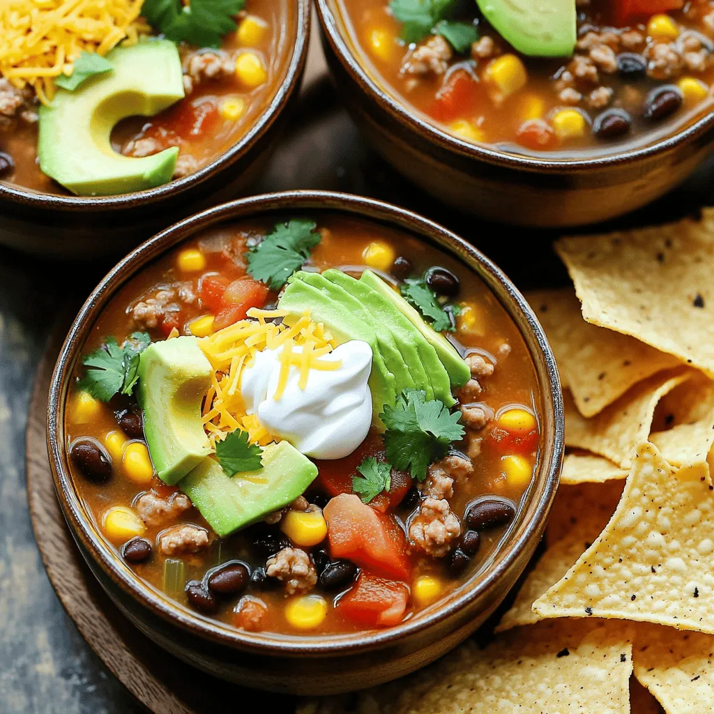 - 1 pound ground turkey or beef - 1 medium onion, finely diced - 2 cloves garlic, minced - 1 can (15 oz) black beans, rinsed and thoroughly drained - 1 can (15 oz) kidney beans, rinsed and thoroughly drained - 1 can (15 oz) corn, drained - 1 can (28 oz) diced tomatoes, including all juices - 1 packet taco seasoning (or homemade for extra flavor) - 4 cups chicken or vegetable broth - 1 jalapeño, finely diced (optional, for added spice) - 1 cup bell pepper, diced (choose any color for a vibrant dish) - Toppings: sour cream, avocado slices, shredded cheese, fresh cilantro, and crunchy tortilla chips Gather these ingredients to whip up a delicious One-Pot Taco Soup. You can use ground turkey or beef, based on your taste. The diced onion and minced garlic form a strong base. The black beans and kidney beans add protein and texture. Corn and diced tomatoes bring sweetness and moisture. Using taco seasoning adds that signature flavor. Chicken or vegetable broth gives the soup depth. Feel free to spice it up with jalapeño or add color with bell peppers. Finish it off with your favorite toppings for extra flavor and texture. Trust me, this soup is a fun way to make a tasty meal in no time. For the full recipe, check out the Fiesta One-Pot Taco Soup . - Heat olive oil in a large pot over medium heat. - Sauté onions and garlic until translucent (3-4 minutes). To start, you will want to warm the olive oil in the pot. This oil will help the onions and garlic cook nicely. Once the oil is hot, toss in the finely diced onion and minced garlic. Stir them every now and then. They should turn soft and clear in about 3-4 minutes. This step builds a great base of flavor for your soup. - Add ground turkey or beef and cook until browned (5-7 minutes). Now it’s time for the meat. Add either ground turkey or beef to the pot. Use a wooden spoon to break it apart. Cook the meat for about 5-7 minutes. You want it to be browned all over. This step adds richness to your taco soup, making it hearty and filling. - Incorporate taco seasoning and stir for 1-2 minutes. - Add beans, corn, tomatoes, jalapeño, bell pepper, and broth. Once the meat is ready, sprinkle in the taco seasoning. Stir for 1-2 minutes. This helps the spices bloom and gives your dish a bold flavor. Then, throw in the rinsed black beans, kidney beans, drained corn, and diced tomatoes with all their juices. If you like it spicy, add diced jalapeño and the colorful bell pepper. Finally, pour in the broth. This will turn your mixture into a delicious soup. - Season with salt and pepper. - Bring to a boil, reduce heat, and let simmer for 20-25 minutes. Next, add salt and pepper to taste. Stir everything well, then bring the mixture to a rolling boil. Once it’s boiling, reduce the heat to low and let it simmer. Allow it to cook for 20-25 minutes. This lets the flavors meld together beautifully. - Taste and adjust seasoning. - Allow to cool slightly before serving. After the simmering time, give your soup a taste. Adjust the seasoning if needed. Once you’re happy with the flavor, remove it from heat. Let it cool for a few minutes before serving. This waiting time helps the soup thicken a bit. Now you have a warm, tasty One-Pot Taco Soup ready to enjoy! For the full recipe, check out the details above. To make your One-Pot Taco Soup burst with flavor, consider these tips: - Use homemade taco seasoning for a custom flavor profile. You control the spices and salt. This option gives you a unique taste. - Consider adding lime juice for zest. A squeeze of lime brightens the dish. It adds a fresh kick that pairs well with the soup's rich flavors. Getting the best results involves some simple practices: - Stir occasionally to prevent sticking. This keeps the soup from burning at the bottom. A gentle stir helps mix the flavors well. - Use a lid to retain heat while simmering. Covering the pot helps cook the soup evenly. It also traps moisture, making it rich and tasty. Serving your soup with extras enhances the meal: - Top with fresh ingredients for added brightness. Chopped cilantro, creamy avocado, and a dollop of sour cream make it pop. - Pair with tortilla chips for a crunchy side. The crunchy chips balance the soft soup. They add texture and are fun to dip! For the complete recipe, check out the Full Recipe section! {{image_4}} You can switch the ground beef for ground chicken or turkey. This makes the soup lighter but still tasty. If you want a vegetarian twist, try using lentils or meat substitutes. They add texture and protein without meat. Want more heat? Add extra jalapeños to your soup. If you have kids or prefer milder flavors, use sweet peppers instead. This way, everyone can enjoy their bowl of soup. Mix in other veggies like zucchini or spinach. They add color and nutrition. For a heartier soup, consider adding cooked quinoa. It boosts the protein and makes the meal more filling. For the full recipe, check out the link provided above. After you make One-Pot Taco Soup, let it cool. Store it in an airtight container. This way, it stays fresh for up to 4-5 days. This makes it easy to grab a bowl for lunch or dinner. If you want to save some for later, freeze it in portions. Use freezer-safe containers or bags. This makes reheating quick and simple later on. You can enjoy this tasty soup even when you’re busy. To enjoy your soup again, reheat it on the stovetop. Just warm it over low heat, stirring often. You can also use the microwave. Heat it in short bursts, stirring in between, until it’s hot throughout. Yes, it’s great for meal prep and flavors improve after a day. I love making a big batch on Sunday. It saves time on busy nights. After a day in the fridge, the taste deepens. You can enjoy it all week long. Add more beans or use a cornstarch slurry for thickness. I suggest mashing some beans against the pot. This adds a nice texture too. If you want a quick fix, mix cornstarch with water. Stir it in and let it simmer until thick. Sour cream, avocado, shredded cheese, and tortilla chips are classic choices. These toppings add creaminess and crunch. I like to mix and match. You can also try fresh cilantro or lime juice for a zesty touch. Yes, simply substitute the meat for more beans or lentils. Use vegetable broth to keep it vegetarian. This option is just as tasty and filling. You can even add more veggies for extra nutrition. Serve with crusty bread, a green salad, or corn muffins for a complete meal. I love a fresh salad with lime dressing. It adds a nice contrast to the rich soup. Corn muffins bring a sweet touch that pairs well too. This One-Pot Taco Soup is simple and full of flavor. You learned about key ingredients, from the meat to beans and spices that create a rich base. I shared tips for enhancing taste and suggested fun variations. You can also store leftovers easily for future meals. This recipe is perfect for anyone who wants a quick, delicious dish. Whether you’re cooking for family or friends, this taco soup will impress. Enjoy making it your own with toppings and tweaks!