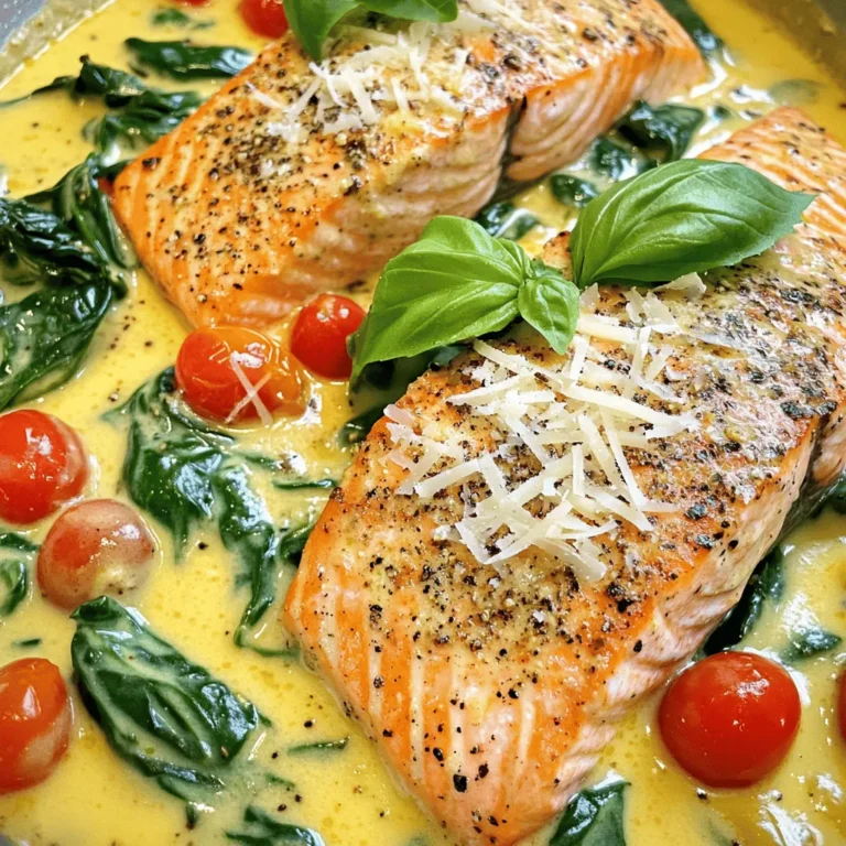 When making Creamy Tuscan Salmon, fresh ingredients make a big difference. Here’s what you need: - 4 fresh salmon fillets (approximately 6 ounces each) - 2 tablespoons extra virgin olive oil - 3 cloves garlic, finely minced - 1 cup cherry tomatoes, halved - 1 cup fresh spinach leaves, rinsed and dried - 1 cup heavy cream (preferably chilled) - 1 cup freshly shredded Parmesan cheese - 1 tablespoon Italian seasoning blend - Salt and freshly ground black pepper, to taste - Fresh basil leaves, for garnish Each ingredient plays a key role in this dish. The salmon provides a rich, buttery flavor. Olive oil adds a nice base and helps with cooking. Garlic gives a warm, savory note, while cherry tomatoes bring a burst of sweetness. Spinach adds color and nutrition. Cream and Parmesan create a rich sauce that binds everything together. The Italian seasoning enhances the dish, while salt and pepper balance the flavors. Fresh basil adds a lovely finish. For the complete guide to prepare this dish, check out the Full Recipe. 1. Start by seasoning the salmon fillets. Use salt, black pepper, and Italian seasoning. Make sure to coat both sides well. This step is key for flavor. 2. Next, heat 2 tablespoons of olive oil in a large non-stick skillet over medium-high heat. Once the oil shimmers, add the salmon fillets, skin-side down. Sear the fillets for 4-5 minutes until golden brown. Flip the fillets gently with a spatula. Cook for another 3-4 minutes until the salmon flakes easily. Remove the salmon from the skillet and set it aside on a plate. 1. In the same skillet, lower the heat slightly. Add 3 minced garlic cloves and sauté for 30 seconds until fragrant. Be careful not to burn the garlic. 2. Add 1 cup of halved cherry tomatoes to the skillet. Gently stir and cook for 2-3 minutes. You want the tomatoes to soften and release their juices. 3. Now, add 1 cup of fresh spinach leaves to the skillet. Stir until the spinach wilts down, about 1-2 minutes. 4. Lower the heat to a gentle simmer. Carefully pour in 1 cup of heavy cream. Stir everything together for a smooth mixture. Let it simmer for 2-3 minutes to thicken slightly. 1. Gradually add 1 cup of freshly shredded Parmesan cheese to the cream sauce. Stir continuously until the cheese melts and the sauce is creamy. 2. Return the seared salmon fillets to the skillet. Spoon the creamy mixture generously over each fillet. Heat together for another minute. 3. Taste the sauce. Adjust seasoning with more salt and pepper if needed. 4. Serve the creamy Tuscan salmon warm, garnished with fresh basil leaves. This adds color and a fresh aroma. For the complete process, refer to the Full Recipe. Choosing the right salmon is key for this dish. I recommend using fresh salmon fillets. Look for fillets with bright color and firm texture. Avoid any salmon that looks dull or has a strong fishy smell. Farmed salmon is often more accessible, while wild-caught offers a richer flavor. Timing for cooking fish matters too. Salmon cooks quickly, so keep an eye on it. Sear the fillets for about 4-5 minutes skin-side down. When you flip them, cook for another 3-4 minutes. The salmon should flake easily with a fork when it is done. Suggested herbs and spices can elevate your dish. I love using Italian seasoning for a classic touch. Fresh herbs like basil or parsley also add brightness. A pinch of red pepper flakes can give it a nice kick, if you like heat. For better sauce consistency, focus on your cream. Using chilled heavy cream helps the sauce thicken nicely. Stir in the Parmesan cheese gradually. This will ensure it melts evenly into the sauce. If the sauce seems too thick, add a splash of chicken broth or water to reach your desired texture. For the full recipe, check out the link provided. {{image_4}} You can easily change some ingredients in Creamy Tuscan Salmon. If you want a lighter dish, try using half-and-half instead of heavy cream. It gives a creamy texture but cuts down the fat. Another option is to use coconut cream for a dairy-free choice. It adds a subtle sweetness. When it comes to cheese, Parmesan is the star, but you can switch it up. Try feta for a tangy flavor. Goat cheese can also work well, giving a creamy feel. Just remember to adjust the amount based on your taste. To make this dish gluten-free, you have to check your seasonings. Most Italian seasoning blends are safe, but always read the label. Serve it with gluten-free pasta or rice to keep your meal safe for those with dietary needs. For a dairy-free version, you can use almond milk or cashew cream instead of heavy cream. Nutritional yeast can replace cheese, adding a cheesy flavor without dairy. It’s a great way to keep the taste while making it suitable for everyone. To keep your creamy Tuscan salmon fresh, follow these tips: - Refrigerating: Place leftover salmon in an airtight container. It stays good for up to 3 days. Make sure to cool it down before sealing the container. This helps avoid condensation, which can make the salmon soggy. - Freezing: For longer storage, freeze the salmon. Wrap each piece tightly in plastic wrap and then foil. This prevents freezer burn. Label the package with the date. It can last up to 3 months in the freezer. When you're ready to enjoy your leftovers, reheating is key. Here are some ways to do it without drying out the fish: - Stovetop: Place the salmon in a skillet over low heat. Add a splash of cream or a bit of water to keep it moist. Cover the skillet to trap steam. Heat for about 5 minutes. - Microwave: If you're in a hurry, use a microwave. Place the salmon on a microwave-safe plate. Cover it with a damp paper towel to keep it from drying out. Heat in short bursts of 30 seconds until warm. After reheating, I suggest serving the salmon over a bed of fresh spinach or with a side of garlic bread. This adds a nice touch and makes the meal feel special again. For the full recipe, check out the Creamy Tuscan Salmon Delight! What should I serve with Creamy Tuscan Salmon? You can serve Creamy Tuscan Salmon with many sides. I recommend garlic mashed potatoes, or a green salad. Crusty bread also pairs well. It soaks up the creamy sauce nicely. Can I use frozen salmon for this recipe? Yes, frozen salmon works well. Just be sure to thaw it completely first. Cook it just like fresh salmon. The flavor will still be great! How do I know when the salmon is cooked correctly? The salmon is done when it flakes easily with a fork. It should have an internal temp of 145°F. Use a meat thermometer for accuracy. This ensures a juicy, perfect salmon. For the full recipe, see the details above. This blog post covered how to make creamy Tuscan salmon. You learned about the fresh ingredients and simple steps needed. We explored tips to elevate the dish and made variations for special diets. Plus, I shared how to store leftovers and reheat them without drying out. As you try this recipe, remember that great food brings joy. Enjoy cooking and sharing this meal with others!