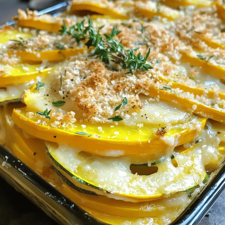 To make a delicious summer squash gratin, you need some key ingredients. Each part adds its own flavor, creating a dish you will love. - Summer Squash and Zucchini - 3 medium yellow summer squash, thinly sliced - 2 medium zucchinis, thinly sliced - 1 small onion, finely chopped - 2 cloves garlic, minced - Dairy and Cheese Components - 1 cup heavy cream - 1 cup shredded Gruyère cheese - 1/2 cup grated Parmesan cheese - Seasoning and Toppings - 1 teaspoon fresh thyme leaves (or 1/2 teaspoon dried thyme) - Salt and pepper to taste - 1 tablespoon olive oil - 1/2 cup breadcrumbs (for topping) - 1 tablespoon fresh parsley, chopped (for garnish) Each ingredient plays an important role. The squash gives a fresh taste and texture. The cheeses add creaminess and a rich flavor. Thyme brings a lovely herb note. Don't forget the breadcrumbs for a crispy topping! For the full recipe, check the detailed instructions on how to prepare this tasty dish. Prepping the Vegetables Start by washing the summer squash and zucchini. Slice them thinly. This helps them cook evenly. Next, chop the onion finely and mince the garlic. Heat olive oil in a skillet over medium heat. Add the onion first. Sauté it for about 3-4 minutes until soft. Then, add the minced garlic and cook for another minute. Stir well to avoid burning. Now, add the sliced squash and zucchini. Cook them for 5-7 minutes. Season with salt, pepper, and fresh thyme. Mixing the Cream and Cheese Sauce In a large bowl, whisk together the heavy cream, half of the shredded Gruyère cheese, and half of the Parmesan cheese. Mix well. Season the mixture with a pinch of salt and pepper. This creamy sauce adds richness to the gratin. Creating the Base Layer Grease a 9x13-inch baking dish. Spread half of the sautéed vegetables in the bottom. Make sure they form an even layer. This is your base layer for the gratin. Adding the Cream Mixture Now, pour half of the cream mixture over the vegetables. Ensure it covers them evenly. This will make the layers rich and flavorful. Repeat the process with the remaining vegetables, creating another layer. Finally, pour the rest of the cream mixture on top. Setting the Oven Temperature Preheat your oven to 375°F (190°C). This temperature will help the gratin cook evenly and brown nicely. Baking Time and Techniques Bake the gratin for 25-30 minutes. Keep an eye on it. You want the top to turn golden brown and bubble. This shows it's ready. Once done, let it rest for 5 minutes before serving. This helps it set for easier serving. You can find the Full Recipe for complete details. To make your gratin just right, focus on the texture first. You want it creamy and smooth but not too watery. Here are some tips: - Use fresh squash: Fresh veggies have the best flavor. - Slice thinly: Thin slices cook evenly and blend well. - Sauté well: Cook the veggies until soft before layering. Common mistakes can ruin your dish. Avoid these: - Skipping seasoning: Salt and pepper boost flavor. Don't forget to use them. - Overcrowding the pan: Cook in batches if needed. This helps even cooking. - Not resting before serving: Let it sit for 5 minutes. This helps it set. Pair your gratin with great sides. Here are some ideas: - Grilled meats: Chicken or steak work well. - Salads: A fresh green salad adds contrast. - Crusty bread: Serve with a baguette for a full meal. For presentation, keep it simple and pretty: - Rustic serving: Serve it in the baking dish for a homey feel. - Individual servings: Scoop onto plates and garnish with parsley. This adds color and charm. These tips will help you create a delightful dish. You can find the Full Recipe for more details. Enjoy your cooking! {{image_4}} Different Cheeses to Use You can change the cheese for more flavor. Instead of Gruyère, try mozzarella for a milder taste. Cheddar adds a sharp kick, while goat cheese gives a creamy touch. Mix different cheeses for a unique twist. Always remember, cheese makes the gratin richer and tastier. Vegetable Alternatives Feel free to swap summer squash and zucchini. Eggplant is a great option with a similar texture. Bell peppers add sweetness, and mushrooms bring umami. Carrots can add color and crunch. Use what you have on hand for the best flavor. Herbs and Spices to Consider Herbs brighten up your dish. Basil can add a fresh note, while rosemary gives depth. Oregano brings warmth, and red pepper flakes add spice. Experiment with fresh or dried herbs to find your favorite mix. Adding Protein Options Boost the gratin’s heartiness by adding protein. Cooked chicken or turkey works well. You can also use crispy bacon or sausage for a savory punch. For a vegetarian option, try adding cooked lentils or chickpeas. Protein makes this dish filling and satisfying. To keep your Summer Squash Gratin fresh, store it in the fridge. Use an airtight container to prevent moisture loss. It will stay good for about 3 to 4 days. If you want to save it longer, consider freezing it. For freezing, let the gratin cool completely. Next, wrap it tightly in plastic wrap and then in foil. This helps protect it from freezer burn. You can freeze it for up to 3 months. When you're ready to eat, just thaw it in the fridge overnight. You can reheat the gratin in the oven or microwave. For the oven, preheat it to 350°F (175°C). Place the gratin in a baking dish and cover it with foil. Heat for about 20 minutes or until it's hot all the way through. Using the microwave is faster. Place a portion on a microwave-safe plate. Heat it in 30-second intervals until it’s warm. However, reheating in the oven keeps the top crunchy and tasty. After reheating, check the quality. If it looks dry, add a little cream or milk to restore moisture. Enjoy your delicious Summer Squash Gratin again! For the full recipe, refer to the previous sections. To make your gratin creamy, start with heavy cream. This rich ingredient adds smoothness. Mix half of the cheeses with the cream for extra flavor. Make sure to season with salt and pepper. This simple step can boost the taste. You can also add a bit of sour cream for a tangy kick. Yes, you can prepare this dish ahead of time. Cook the vegetables and mix the cream. Layer them in a baking dish. Cover and store in the fridge for up to 24 hours. When you’re ready, bake it straight from the fridge. Just add a few extra minutes to the bake time. Summer squash gratin pairs well with grilled meats. Try serving it with chicken or fish. A fresh salad also complements the dish nicely. You can even serve it with a light pasta for a full meal. The flavors work well together. Summer squash is low in calories and high in vitamins. It offers fiber, which is great for digestion. The cheeses add calcium but can increase fat content. Using less cheese can make it lighter. Overall, it can be a healthy side dish when made with care. For detailed instructions, check the [Full Recipe](#). This blog post covered how to make a delicious summer squash gratin. We looked at ingredients like squash, cheese, and seasonings. You learned step-by-step instructions for prepping, layering, and baking. I shared tips for perfecting the dish and serving ideas. We also explored tasty variations and storage options. Remember, cooking is fun and easy. Try the tips and enjoy your creation. Happy cooking!