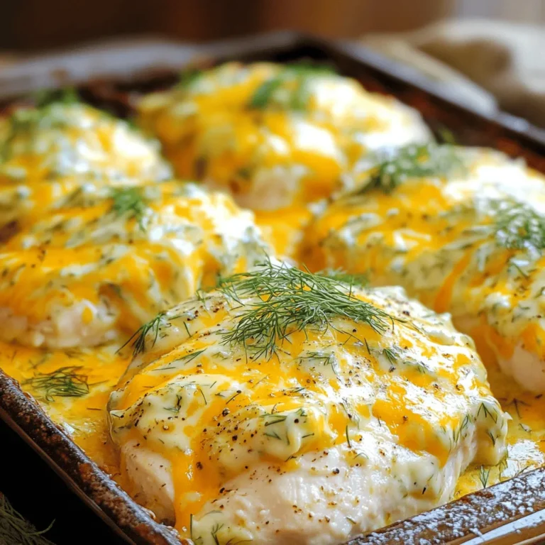 - 4 boneless, skinless chicken breasts - 1 cup dill pickles, finely chopped - 1 cup shredded sharp cheddar cheese - 1 cup cream cheese, softened to room temperature - 1/2 cup mayonnaise The main ingredients are simple and tasty. First, the chicken breasts serve as the base. They provide protein and a juicy texture. Dill pickles add a tangy crunch, which makes the dish special. Cheddar cheese brings richness and melts beautifully on top. Cream cheese helps create a creamy sauce that binds everything together. Mayonnaise adds extra moisture and flavor. - 1 teaspoon garlic powder - 1 teaspoon onion powder - 1/2 teaspoon smoked paprika - Salt and freshly ground black pepper to taste Seasoning makes a big difference in flavor. Garlic and onion powder give depth without being too strong. Smoked paprika adds a subtle smokiness. Salt and pepper boost all the flavors in the dish. Adjust these seasonings to match your taste. - Fresh dill sprigs - Serving suggestions Garnish adds a nice touch to your meal. Fresh dill sprigs look pretty and enhance the pickle flavor. You can serve the Cheesy Pickle Chicken Bake straight from the dish or on plates. Pair it with steamed vegetables or a fresh salad for a complete meal. These options provide color and balance to the dish. Preheating the oven is key. It helps cook the chicken evenly. Set your oven to 375°F (190°C). This is the perfect temperature for our bake. Start with a large bowl. Mix 1 cup of cream cheese and 1/2 cup of mayonnaise. Whisk until smooth. It should be creamy with no lumps. Next, add 1 teaspoon of garlic powder, 1 teaspoon of onion powder, and 1/2 teaspoon of smoked paprika. Don’t forget salt and pepper to taste! Finally, fold in 1 cup of finely chopped dill pickles. Mix well, and then add half of the shredded cheddar cheese. Take your 4 chicken breasts and season them well. Use salt and pepper on both sides. Place the breasts in a greased baking dish. Now, spread the creamy mixture over each chicken breast. Make sure they are all covered! Top with the rest of the cheddar cheese for extra gooeyness. Put the baking dish in your preheated oven. Bake for 25-30 minutes. To check if it’s done, use a meat thermometer. The chicken should reach 165°F (75°C). The cheese will be melted and bubbly. After baking, let the dish rest for 5 minutes. This helps keep the chicken juicy. Add fresh dill on top for a nice touch. For the full recipe, check the [Full Recipe]. To boost flavor, try adding spices like paprika or dill. These spices bring warmth and depth. You can also mix in fresh herbs like chives or parsley for a fresh touch. To adjust creaminess, you can use more cream cheese or mayonnaise. If you want a lighter dish, swap some cream cheese for Greek yogurt. Resting the chicken is key. Let it sit for about five minutes after baking. This helps keep the juices locked in. For perfect results, check the internal temperature with a meat thermometer. The chicken should reach 165°F (75°C). This ensures it’s safe to eat and fully cooked. For serving, you can plate the Cheesy Pickle Chicken Bake in individual dishes. This makes it feel special. Add a fresh garden salad or steamed veggies on the side to balance the meal. These sides add color and nutrition. You can also sprinkle fresh dill on top for a pop of green and added flavor. For the full recipe, refer to the earlier section. {{image_4}} If you want to change things up, you can swap the chicken. Try using turkey or even tofu for a great twist. These options work well with the creamy pickle mix. For those avoiding dairy, there are tasty dairy-free options. Use vegan cream cheese and dairy-free cheese. These will keep your Cheesy Pickle Chicken Bake creamy and flavorful without dairy. You can add more veggies to this dish for extra color and flavor. Consider mixing in chopped bell peppers, spinach, or green onions. They blend well with the pickles and cheese. For cheese lovers, feel free to experiment with different types of cheese. Mozzarella adds a stretchy texture, while pepper jack can bring some heat. The choice is yours! If you prefer using a slow cooker, it’s easy. Just place the seasoned chicken in the slow cooker, then spread the creamy pickle mix on top. Cook on low for 4-6 hours. This method makes the chicken extra tender. An Instant Pot is another great option. Add the chicken and pickle mix, then seal and cook on high for about 10 minutes. Quick and easy! You’ll still get that delicious cheesy flavor in less time. For the full recipe, check out the detailed instructions. Happy cooking! To store leftovers, place the Cheesy Pickle Chicken Bake in an airtight container. Make sure it cools completely before sealing. This step helps keep the dish fresh and tasty. The shelf life in the fridge is about 3 to 4 days. Always check for signs of spoilage before eating. You can freeze the Cheesy Pickle Chicken Bake for longer storage. First, let it cool down completely. Then, wrap it tightly in plastic wrap and foil, or use a freezer-safe container. This helps prevent freezer burn. When you're ready to eat, thaw it overnight in the fridge. For reheating, place it in the oven at 350°F (175°C) until heated through. This usually takes about 20-30 minutes. You can also microwave it, but be sure to cover it to keep moisture in. Preparing in advance can save time on busy nights. You can make the Cheesy Pickle Chicken Bake a day ahead and store it in the fridge. Portioning the bake into single servings makes it easy to grab for meals. You can also pair these portions with sides like rice or veggies. This method helps create quick and easy dinners all week long. For the full recipe, check out the link provided. You can serve this dish with many tasty sides. Here are some great ideas: - Steamed broccoli or green beans - A fresh garden salad - Creamy mashed potatoes or rice - Garlic bread for extra crunch For drinks, I suggest: - A crisp white wine, like Sauvignon Blanc - Iced tea for a refreshing choice - Lemonade for a sweet touch Yes, you can prepare this dish in advance. Here are some meal prep tips: - Mix the creamy pickle sauce and store it in the fridge. - Season the chicken and keep it in a covered dish. - Combine everything the night before. Just pop it in the oven when you're ready! You can check the chicken's doneness in a few ways: - Look for clear juices running from the chicken. - The meat should not be pink inside. - The best way is to use a meat thermometer. Aim for 165°F (75°C) for safe eating. Absolutely! Here are some tips to reduce calories: - Use Greek yogurt instead of cream cheese for less fat. - Choose low-fat mayonnaise for a lighter option. - You can replace chicken with lean turkey for fewer calories. These options help make this delicious dish a bit healthier without losing flavor! For the detailed recipe, check [Full Recipe]. Cheesy Pickle Chicken Bake combines tasty ingredients like chicken, pickles, and cheese. I provided easy steps to make it delicious. You learned tips for perfect baking and creative variations. This dish is great for meal prep and fun to serve. Keep it fresh and frozen for later. Enjoy this tasty recipe, share it with friends or family, and don't forget to experiment with your favorite flavors! Cooking should be fun, and this dish is a great start.