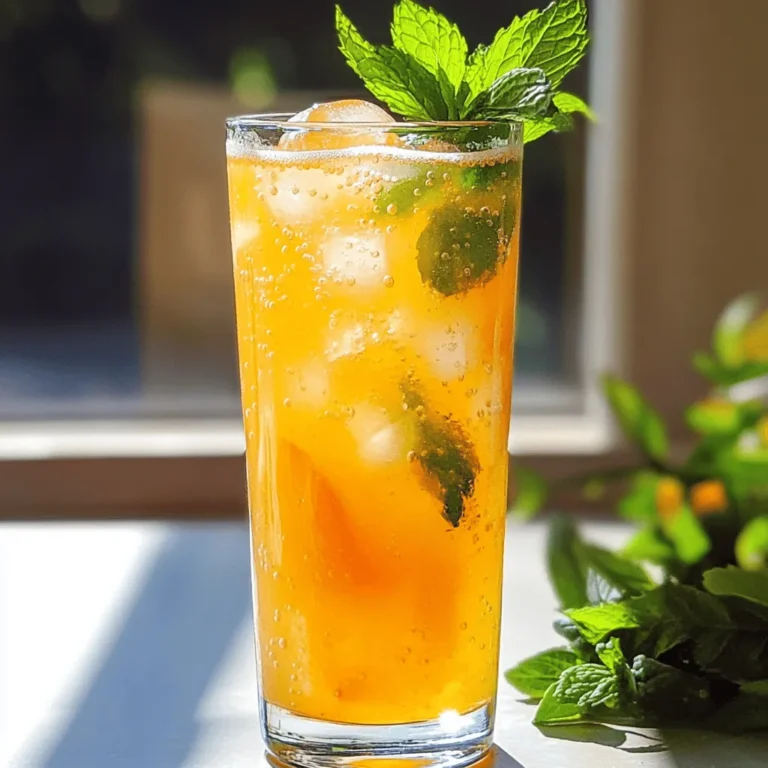 To make sparkling peach lemonade, you need fresh and simple ingredients. Here’s what you will need: - 4 ripe peaches, pitted and sliced - 1 cup freshly squeezed lemon juice - 1 cup granulated sugar - 4 cups sparkling water - Fresh mint leaves - Ice cubes Fresh peaches give the drink a sweet and fruity flavor. The lemon juice adds a nice tang. The sugar balances the taste, while the sparkling water brings the fizz. Mint leaves add a refreshing touch. Ice cubes keep it cool and refreshing on hot days. This list makes it easy to gather everything you need. You can find the full recipe in the section above. To make the peach puree, start by slicing the ripe peaches. Remove the pits and cut them into smaller pieces. Place the sliced peaches in a blender. Blend on high speed until smooth. If the mixture seems too thick, add a little water to help it blend. This step is vital. A smooth puree creates a lovely base for your drink. Now, it’s time to make the simple syrup. In a medium saucepan, mix one cup of granulated sugar with one cup of water. Place the saucepan over medium heat. Stir the mixture constantly. You want the sugar to dissolve completely. When it turns clear, your syrup is ready. Remove it from the heat and let it cool for a few minutes. In a large pitcher, combine the smooth peach puree, cooled simple syrup, and freshly squeezed lemon juice. Stir gently to mix everything well. This combination gives your drink that sweet and tangy flavor. Next, pour in four cups of sparkling water. Stir slowly to keep the fizz alive. Taste your sparkling peach lemonade. If it needs more sweetness, add a little sugar or more water. Serve the drink over ice and garnish with fresh mint. Enjoy every refreshing sip of this delightful summer drink! For detailed measurements and steps, check the Full Recipe. You can make your sparkling peach lemonade sweeter or less sweet. Start with one cup of sugar. Taste your drink after mixing. If it’s not sweet enough, add more sugar. Mix well until the sugar dissolves completely. You can also add a splash of water to balance the sweetness. Choose clear glasses to show off the vibrant colors of your drink. Fill each glass with ice cubes. Pour the sparkling peach lemonade over the ice. For a fun twist, try using mason jars. They add charm and are easy to hold. To make your drink look pretty, slice fresh peaches and lemons. Float these slices on top of each glass. Add fresh mint leaves for a pop of color. This simple touch makes your drink look fancy and inviting. Enjoy the compliments! For the complete recipe, check out the [Full Recipe]. {{image_4}} You can mix up your sparkling peach lemonade with fun flavors. Try adding herbs like basil or rosemary. They bring a fresh taste. You can also use other fruits. Ripe strawberries or juicy raspberries work great. Just blend them with the peaches for a tasty twist. This makes each sip a new experience! Want to make it a party drink? Add vodka or sparkling wine. For vodka, mix in about 1 to 1.5 ounces per glass. If using sparkling wine, pour it in just before serving. This adds a bubbly kick! Remember to drink responsibly. You can enjoy the peach and lemon flavors with a fun twist. For a lighter drink, swap sugar for a sugar alternative. Stevia or agave syrup are great options. They keep the sweetness without the calories. Use soda water instead of sparkling water for fewer calories. This way, you can enjoy your sparkling peach lemonade without worry! For the full recipe, check the earlier section. To keep your sparkling peach lemonade fresh, store it in the fridge. Use a tight lid on a glass pitcher or a large jar. This helps keep the fizz and flavor intact. If you want, pour it into smaller bottles for easy serving. Always use clean utensils to avoid contamination. Sparkling peach lemonade stays fresh for about 3 days in the fridge. After this, it may lose its sparkle and taste. The lemon juice can start to sour if you keep it too long. Always check for any changes in smell or color before serving. You can freeze sparkling peach lemonade for later use. Pour it into ice cube trays or freezer-safe containers. Remember to leave some space at the top for expansion. When you want to use it, let it thaw in the fridge overnight. You can also blend frozen cubes into smoothies for a refreshing twist. Yes, you can use canned peaches. They work great in this recipe. Just make sure to drain them well. Canned peaches are softer than fresh ones. You might not need to blend them as much. Frozen peaches are also a good choice. Let them thaw before using in the recipe. If you don’t have sparkling water, you can use club soda or tonic water. Both will give you that fizzy feel. You could also try lemon-lime soda, but it adds extra sugar. If you want a non-fizzy drink, just use regular water or iced tea. Yes, you can make a non-sugar version. Try using honey or agave syrup instead of sugar. You can also use stevia or erythritol for a low-calorie option. These substitutes will keep it sweet without adding too many calories. Just adjust the amount to fit your taste. Check out the Full Recipe for more details! You can make a tasty sparkling peach lemonade with just a few simple steps. We covered how to prepare the puree, make the syrup, and mix everything. Don’t forget to adjust sweetness to your liking and try different twists like adding herbs or vodka. This drink is refreshing and easy to store or freeze. I hope you feel excited to try this recipe at home. Enjoy making your own sparkling peach lemonade, and let the flavors take you to summer bliss!